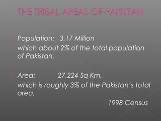  Population: 3.17 Million
which about 2% of the total population
of Pakistan.
 Area: 27,224 Sq Km,
which is roughly 3% of the Pakistan’s total
area.
1998 Census
 