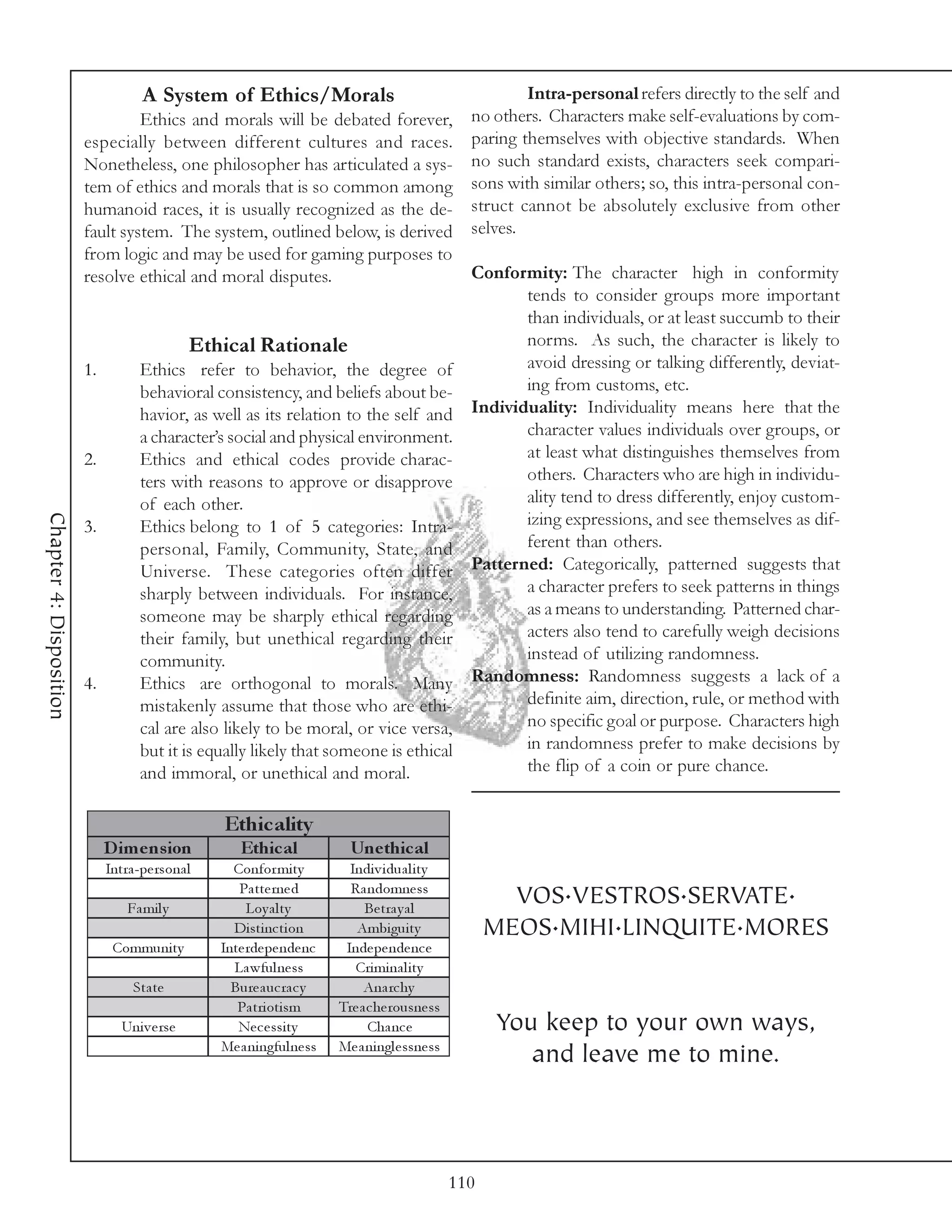 A System of Ethics/Morals                             Intra-personal refers directly to the self and
                                  Ethics and morals will be debated forever, no others. Characters make self-evaluations by com-
                         especially between different cultures and races. paring themselves with objective standards. When
                         Nonetheless, one philosopher has articulated a sys- no such standard exists, characters seek compari-
                         tem of ethics and morals that is so common among sons with similar others; so, this intra-personal con-
                         humanoid races, it is usually recognized as the de- struct cannot be absolutely exclusive from other
                         fault system. The system, outlined below, is derived selves.
                         from logic and may be used for gaming purposes to
                         resolve ethical and moral disputes.                       Conformity: The character high in conformity
                                                                                         tends to consider groups more important
                                                                                         than individuals, or at least succumb to their
                                          Ethical Rationale                              norms. As such, the character is likely to
                         1.       Ethics refer to behavior, the degree of                avoid dressing or talking differently, deviat-
                                  behavioral consistency, and beliefs about be-          ing from customs, etc.
                                  havior, as well as its relation to the self and Individuality: Individuality means here that the
                                  a character’s social and physical environment.         character values individuals over groups, or
                         2.       Ethics and ethical codes provide charac-               at least what distinguishes themselves from
                                  ters with reasons to approve or disapprove             others. Characters who are high in individu-
                                  of each other.                                         ality tend to dress differently, enjoy custom-
Chapter 4: Disposition




                         3.       Ethics belong to 1 of 5 categories: Intra-             izing expressions, and see themselves as dif-
                                  personal, Family, Community, State, and                ferent than others.
                                  Universe. These categories often differ Patterned: Categorically, patterned suggests that
                                  sharply between individuals. For instance,             a character prefers to seek patterns in things
                                  someone may be sharply ethical regarding               as a means to understanding. Patterned char-
                                  their family, but unethical regarding their            acters also tend to carefully weigh decisions
                                  community.                                             instead of utilizing randomness.
                         4.       Ethics are orthogonal to morals. Many Randomness: Randomness suggests a lack of a
                                  mistakenly assume that those who are ethi-             definite aim, direction, rule, or method with
                                  cal are also likely to be moral, or vice versa,        no specific goal or purpose. Characters high
                                  but it is equally likely that someone is ethical       in randomness prefer to make decisions by
                                  and immoral, or unethical and moral.                   the flip of a coin or pure chance.


                                                Ethic ality
                           D im e ns ion           Ethic al             Une thic al
                            Intra -pe rsona l     Confor mi ty          Indi v i dua l i ty

                                Fa mi l y
                                                   Pa tte rne d
                                                     Loy a l ty
                                                                        Ra ndomne ss
                                                                           Be tra y a l
                                                                                                      VOS.VESTROS.SERVATE.
                                                  Di sti nc ti on        Ambi gui ty                MEOS.MIHI.LINQUITE.MORES
                             Communi ty         Inte rde pe nde nc     Inde pe nde nc e
                                                  La wful ne ss          Cri mi na l i ty
                                 Sta te           Bure a uc ra c y         Ana rc hy
                                                   Pa tri oti sm      Tre a c he rousne ss
                               Uni v e rse         Ne c e ssi ty            Cha nc e                You keep to your own ways,
                                                Me a ni ngful ne ss   Me a ni ngl e ssne ss
                                                                                                       and leave me to mine.



                                                                                              110
 