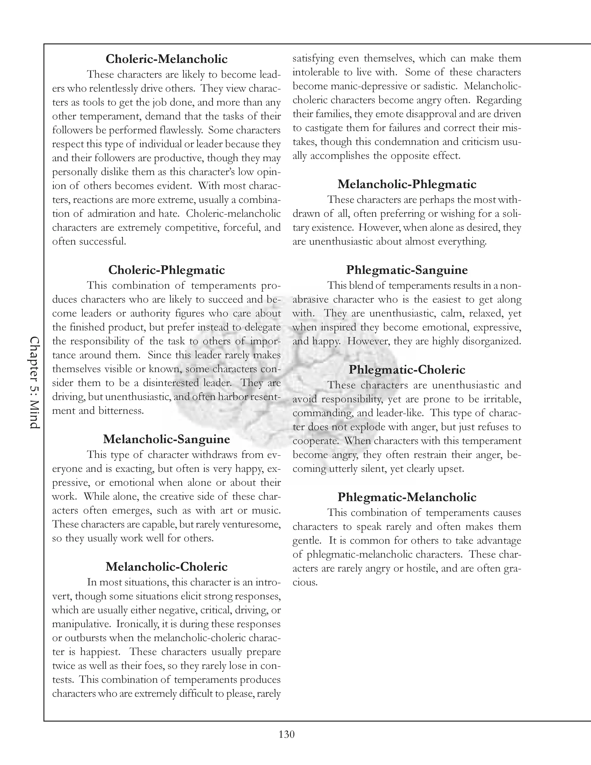 Choleric-Melancholic                       satisfying even themselves, which can make them
                           These characters are likely to become lead- intolerable to live with. Some of these characters
                  ers who relentlessly drive others. They view charac- become manic-depressive or sadistic. Melancholic-
                  ters as tools to get the job done, and more than any choleric characters become angry often. Regarding
                  other temperament, demand that the tasks of their their families, they emote disapproval and are driven
                  followers be performed flawlessly. Some characters to castigate them for failures and correct their mis-
                  respect this type of individual or leader because they takes, though this condemnation and criticism usu-
                  and their followers are productive, though they may ally accomplishes the opposite effect.
                  personally dislike them as this character’s low opin-
                  ion of others becomes evident. With most charac-                  Melancholic-Phlegmatic
                  ters, reactions are more extreme, usually a combina-            These characters are perhaps the most with-
                  tion of admiration and hate. Choleric-melancholic drawn of all, often preferring or wishing for a soli-
                  characters are extremely competitive, forceful, and tary existence. However, when alone as desired, they
                  often successful.                                      are unenthusiastic about almost everything.

                               Choleric-Phlegmatic                                     Phlegmatic-Sanguine
                           This combination of temperaments pro-                  This blend of temperaments results in a non-
                  duces characters who are likely to succeed and be-      abrasive character who is the easiest to get along
                  come leaders or authority figures who care about        with. They are unenthusiastic, calm, relaxed, yet
                  the finished product, but prefer instead to delegate    when inspired they become emotional, expressive,
Chapter 5: Mind




                  the responsibility of the task to others of impor-      and happy. However, they are highly disorganized.
                  tance around them. Since this leader rarely makes
                  themselves visible or known, some characters con-                     Phlegmatic-Choleric
                  sider them to be a disinterested leader. They are               These characters are unenthusiastic and
                  driving, but unenthusiastic, and often harbor resent-   avoid responsibility, yet are prone to be irritable,
                  ment and bitterness.                                    commanding, and leader-like. This type of charac-
                                                                          ter does not explode with anger, but just refuses to
                              Melancholic-Sanguine                        cooperate. When characters with this temperament
                          This type of character withdraws from ev-       become angry, they often restrain their anger, be-
                  eryone and is exacting, but often is very happy, ex-    coming utterly silent, yet clearly upset.
                  pressive, or emotional when alone or about their
                  work. While alone, the creative side of these char-                 Phlegmatic-Melancholic
                  acters often emerges, such as with art or music.                 This combination of temperaments causes
                  These characters are capable, but rarely venturesome, characters to speak rarely and often makes them
                  so they usually work well for others.                    gentle. It is common for others to take advantage
                                                                           of phlegmatic-melancholic characters. These char-
                               Melancholic-Choleric                        acters are rarely angry or hostile, and are often gra-
                          In most situations, this character is an intro- cious.
                  vert, though some situations elicit strong responses,
                  which are usually either negative, critical, driving, or
                  manipulative. Ironically, it is during these responses
                  or outbursts when the melancholic-choleric charac-
                  ter is happiest. These characters usually prepare
                  twice as well as their foes, so they rarely lose in con-
                  tests. This combination of temperaments produces
                  characters who are extremely difficult to please, rarely


                                                                       130
 