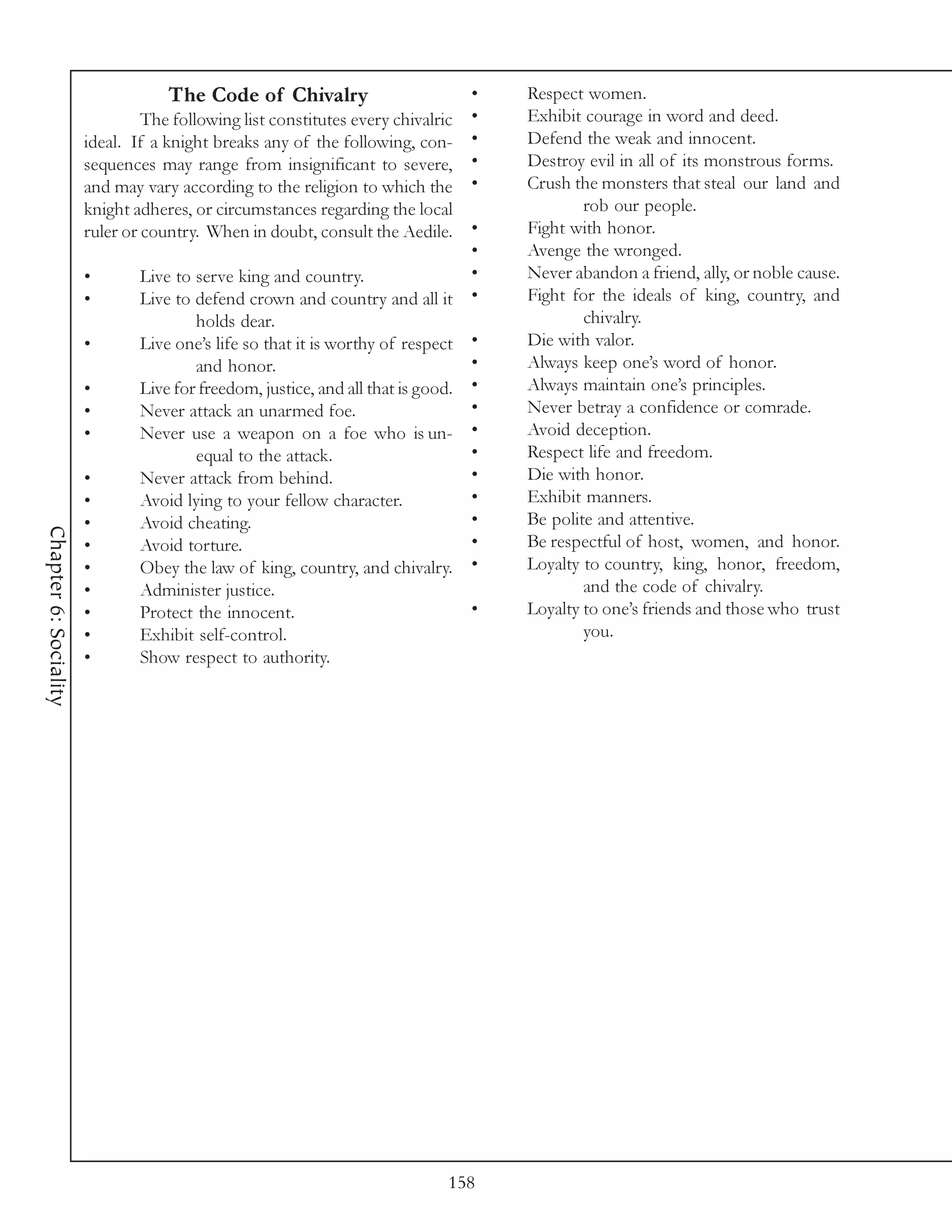 The Code of Chivalry                          •   Respect women.
                                The following list constitutes every chivalric •     Exhibit courage in word and deed.
                       ideal. If a knight breaks any of the following, con- •        Defend the weak and innocent.
                       sequences may range from insignificant to severe, •           Destroy evil in all of its monstrous forms.
                       and may vary according to the religion to which the •         Crush the monsters that steal our land and
                       knight adheres, or circumstances regarding the local                  rob our people.
                       ruler or country. When in doubt, consult the Aedile. •        Fight with honor.
                                                                                 •   Avenge the wronged.
                       •        Live to serve king and country.                  •   Never abandon a friend, ally, or noble cause.
                       •        Live to defend crown and country and all it •        Fight for the ideals of king, country, and
                                        holds dear.                                          chivalry.
                       •        Live one’s life so that it is worthy of respect •    Die with valor.
                                        and honor.                               •   Always keep one’s word of honor.
                       •        Live for freedom, justice, and all that is good. •   Always maintain one’s principles.
                       •        Never attack an unarmed foe.                     •   Never betray a confidence or comrade.
                       •        Never use a weapon on a foe who is un- •             Avoid deception.
                                        equal to the attack.                     •   Respect life and freedom.
                       •        Never attack from behind.                        •   Die with honor.
                       •        Avoid lying to your fellow character.            •   Exhibit manners.
                       •        Avoid cheating.                                  •   Be polite and attentive.
Chapter 6: Sociality




                       •        Avoid torture.                                   •   Be respectful of host, women, and honor.
                       •        Obey the law of king, country, and chivalry. •       Loyalty to country, king, honor, freedom,
                       •        Administer justice.                                          and the code of chivalry.
                       •        Protect the innocent.                            •   Loyalty to one’s friends and those who trust
                       •        Exhibit self-control.                                        you.
                       •        Show respect to authority.




                                                                             158
 