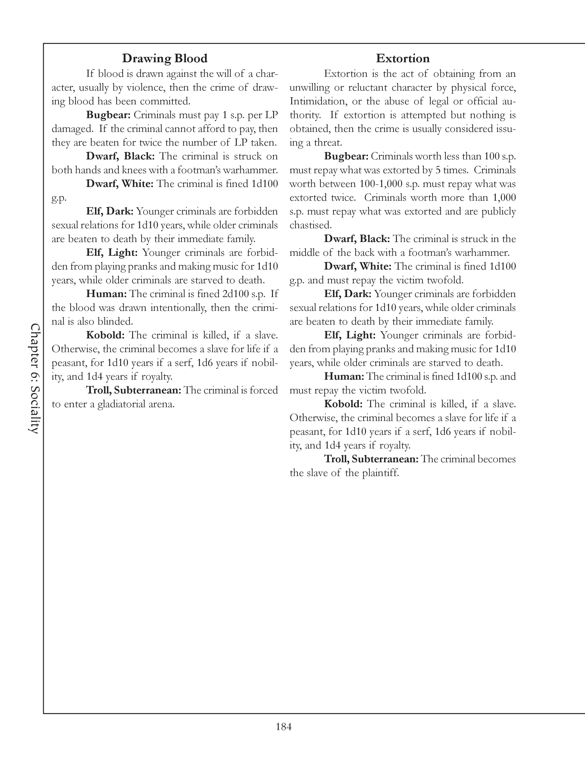 Drawing Blood                                                Extortion
                                If blood is drawn against the will of a char-            Extortion is the act of obtaining from an
                       acter, usually by violence, then the crime of draw-      unwilling or reluctant character by physical force,
                       ing blood has been committed.                            Intimidation, or the abuse of legal or official au-
                                Bugbear: Criminals must pay 1 s.p. per LP       thority. If extortion is attempted but nothing is
                       damaged. If the criminal cannot afford to pay, then      obtained, then the crime is usually considered issu-
                       they are beaten for twice the number of LP taken.        ing a threat.
                                Dwarf, Black: The criminal is struck on                  Bugbear: Criminals worth less than 100 s.p.
                       both hands and knees with a footman’s warhammer.         must repay what was extorted by 5 times. Criminals
                                Dwarf, White: The criminal is fined 1d100       worth between 100-1,000 s.p. must repay what was
                       g.p.                                                     extorted twice. Criminals worth more than 1,000
                                Elf, Dark: Younger criminals are forbidden      s.p. must repay what was extorted and are publicly
                       sexual relations for 1d10 years, while older criminals   chastised.
                       are beaten to death by their immediate family.                    Dwarf, Black: The criminal is struck in the
                                Elf, Light: Younger criminals are forbid-       middle of the back with a footman’s warhammer.
                       den from playing pranks and making music for 1d10                 Dwarf, White: The criminal is fined 1d100
                       years, while older criminals are starved to death.       g.p. and must repay the victim twofold.
                                Human: The criminal is fined 2d100 s.p. If               Elf, Dark: Younger criminals are forbidden
                       the blood was drawn intentionally, then the crimi-       sexual relations for 1d10 years, while older criminals
                       nal is also blinded.                                     are beaten to death by their immediate family.
Chapter 6: Sociality




                                Kobold: The criminal is killed, if a slave.              Elf, Light: Younger criminals are forbid-
                       Otherwise, the criminal becomes a slave for life if a    den from playing pranks and making music for 1d10
                       peasant, for 1d10 years if a serf, 1d6 years if nobil-   years, while older criminals are starved to death.
                       ity, and 1d4 years if royalty.                                    Human: The criminal is fined 1d100 s.p. and
                                Troll, Subterranean: The criminal is forced     must repay the victim twofold.
                       to enter a gladiatorial arena.                                    Kobold: The criminal is killed, if a slave.
                                                                                Otherwise, the criminal becomes a slave for life if a
                                                                                peasant, for 1d10 years if a serf, 1d6 years if nobil-
                                                                                ity, and 1d4 years if royalty.
                                                                                         Troll, Subterranean: The criminal becomes
                                                                                the slave of the plaintiff.




                                                                            184
 