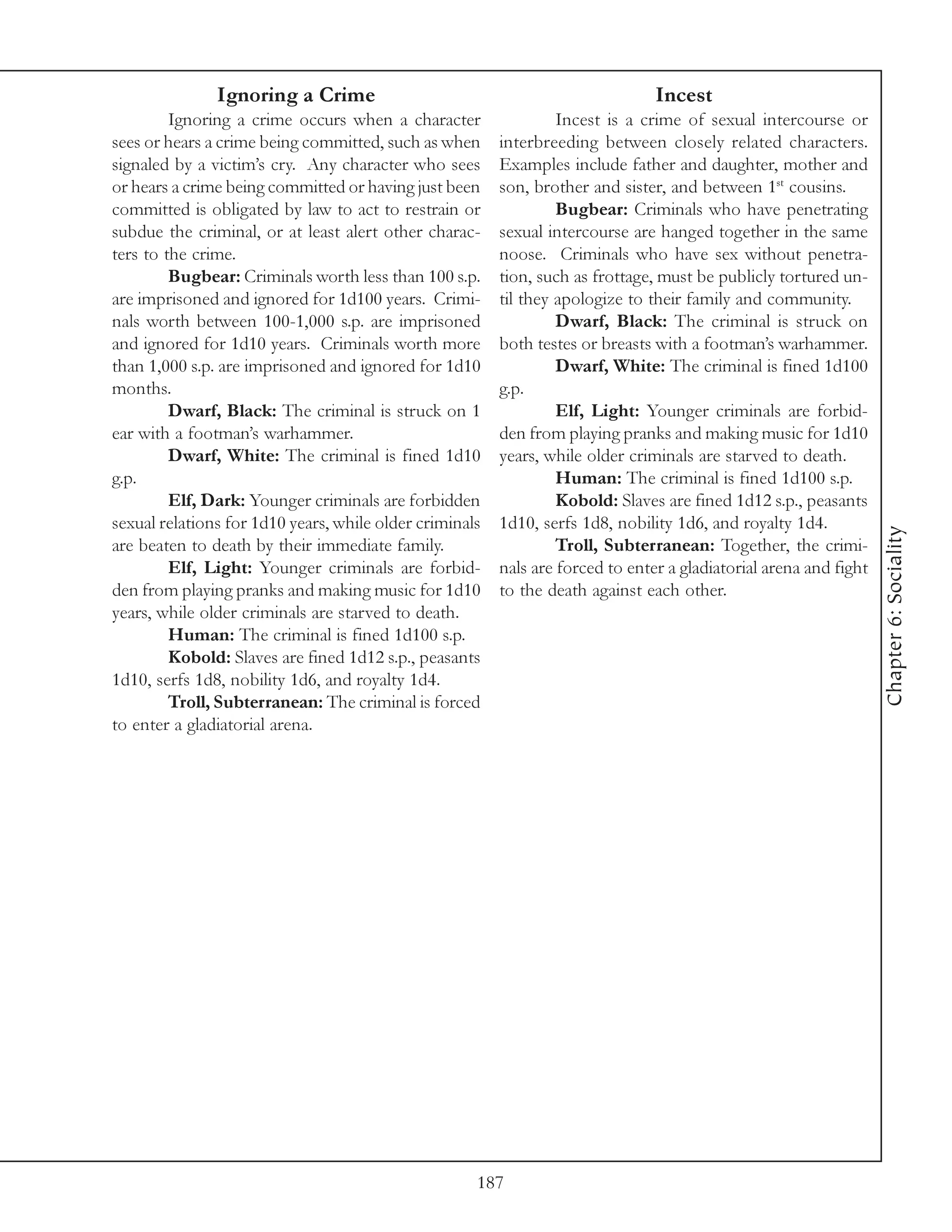 Ignoring a Crime                                                 Incest
         Ignoring a crime occurs when a character                 Incest is a crime of sexual intercourse or
sees or hears a crime being committed, such as when      interbreeding between closely related characters.
signaled by a victim’s cry. Any character who sees       Examples include father and daughter, mother and
or hears a crime being committed or having just been     son, brother and sister, and between 1st cousins.
committed is obligated by law to act to restrain or               Bugbear: Criminals who have penetrating
subdue the criminal, or at least alert other charac-     sexual intercourse are hanged together in the same
ters to the crime.                                       noose. Criminals who have sex without penetra-
         Bugbear: Criminals worth less than 100 s.p.     tion, such as frottage, must be publicly tortured un-
are imprisoned and ignored for 1d100 years. Crimi-       til they apologize to their family and community.
nals worth between 100-1,000 s.p. are imprisoned                  Dwarf, Black: The criminal is struck on
and ignored for 1d10 years. Criminals worth more         both testes or breasts with a footman’s warhammer.
than 1,000 s.p. are imprisoned and ignored for 1d10               Dwarf, White: The criminal is fined 1d100
months.                                                  g.p.
         Dwarf, Black: The criminal is struck on 1                Elf, Light: Younger criminals are forbid-
ear with a footman’s warhammer.                          den from playing pranks and making music for 1d10
         Dwarf, White: The criminal is fined 1d10        years, while older criminals are starved to death.
g.p.                                                              Human: The criminal is fined 1d100 s.p.
         Elf, Dark: Younger criminals are forbidden               Kobold: Slaves are fined 1d12 s.p., peasants
sexual relations for 1d10 years, while older criminals   1d10, serfs 1d8, nobility 1d6, and royalty 1d4.




                                                                                                                   Chapter 6: Sociality
are beaten to death by their immediate family.                    Troll, Subterranean: Together, the crimi-
         Elf, Light: Younger criminals are forbid-       nals are forced to enter a gladiatorial arena and fight
den from playing pranks and making music for 1d10        to the death against each other.
years, while older criminals are starved to death.
         Human: The criminal is fined 1d100 s.p.
         Kobold: Slaves are fined 1d12 s.p., peasants
1d10, serfs 1d8, nobility 1d6, and royalty 1d4.
         Troll, Subterranean: The criminal is forced
to enter a gladiatorial arena.




                                                     187
 