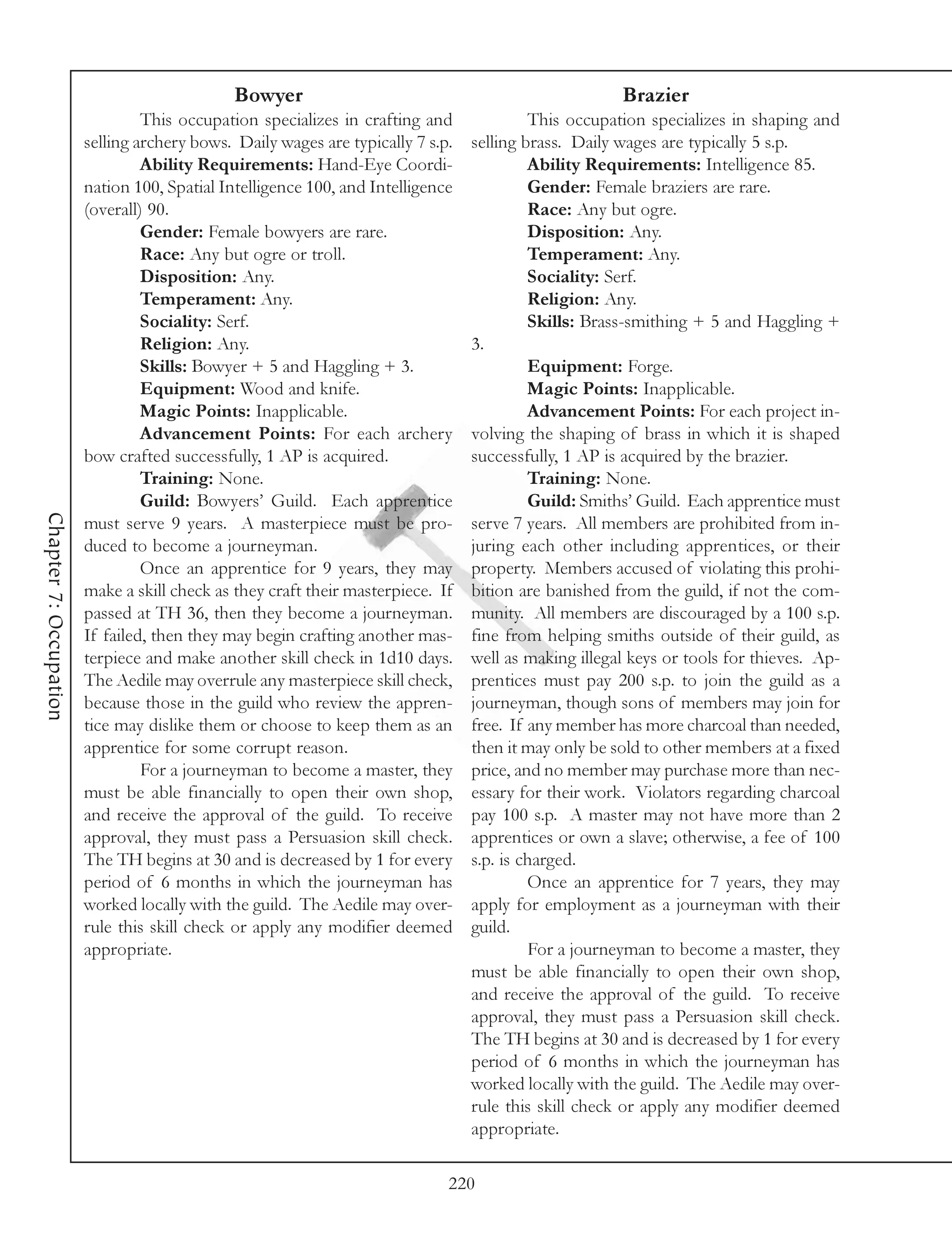 Bowyer                                                  Brazier
                                 This occupation specializes in crafting and              This occupation specializes in shaping and
                        selling archery bows. Daily wages are typically 7 s.p.   selling brass. Daily wages are typically 5 s.p.
                                 Ability Requirements: Hand-Eye Coordi-                   Ability Requirements: Intelligence 85.
                        nation 100, Spatial Intelligence 100, and Intelligence            Gender: Female braziers are rare.
                        (overall) 90.                                                     Race: Any but ogre.
                                 Gender: Female bowyers are rare.                         Disposition: Any.
                                 Race: Any but ogre or troll.                             Temperament: Any.
                                 Disposition: Any.                                        Sociality: Serf.
                                 Temperament: Any.                                        Religion: Any.
                                 Sociality: Serf.                                         Skills: Brass-smithing + 5 and Haggling +
                                 Religion: Any.                                  3.
                                 Skills: Bowyer + 5 and Haggling + 3.                     Equipment: Forge.
                                 Equipment: Wood and knife.                               Magic Points: Inapplicable.
                                 Magic Points: Inapplicable.                              Advancement Points: For each project in-
                                 Advancement Points: For each archery            volving the shaping of brass in which it is shaped
                        bow crafted successfully, 1 AP is acquired.              successfully, 1 AP is acquired by the brazier.
                                 Training: None.                                          Training: None.
                                 Guild: Bowyers’ Guild. Each apprentice                   Guild: Smiths’ Guild. Each apprentice must
Chapter 7: Occupation




                        must serve 9 years. A masterpiece must be pro-           serve 7 years. All members are prohibited from in-
                        duced to become a journeyman.                            juring each other including apprentices, or their
                                 Once an apprentice for 9 years, they may        property. Members accused of violating this prohi-
                        make a skill check as they craft their masterpiece. If   bition are banished from the guild, if not the com-
                        passed at TH 36, then they become a journeyman.          munity. All members are discouraged by a 100 s.p.
                        If failed, then they may begin crafting another mas-     fine from helping smiths outside of their guild, as
                        terpiece and make another skill check in 1d10 days.      well as making illegal keys or tools for thieves. Ap-
                        The Aedile may overrule any masterpiece skill check,     prentices must pay 200 s.p. to join the guild as a
                        because those in the guild who review the appren-        journeyman, though sons of members may join for
                        tice may dislike them or choose to keep them as an       free. If any member has more charcoal than needed,
                        apprentice for some corrupt reason.                      then it may only be sold to other members at a fixed
                                 For a journeyman to become a master, they       price, and no member may purchase more than nec-
                        must be able financially to open their own shop,         essary for their work. Violators regarding charcoal
                        and receive the approval of the guild. To receive        pay 100 s.p. A master may not have more than 2
                        approval, they must pass a Persuasion skill check.       apprentices or own a slave; otherwise, a fee of 100
                        The TH begins at 30 and is decreased by 1 for every      s.p. is charged.
                        period of 6 months in which the journeyman has                    Once an apprentice for 7 years, they may
                        worked locally with the guild. The Aedile may over-      apply for employment as a journeyman with their
                        rule this skill check or apply any modifier deemed       guild.
                        appropriate.                                                      For a journeyman to become a master, they
                                                                                 must be able financially to open their own shop,
                                                                                 and receive the approval of the guild. To receive
                                                                                 approval, they must pass a Persuasion skill check.
                                                                                 The TH begins at 30 and is decreased by 1 for every
                                                                                 period of 6 months in which the journeyman has
                                                                                 worked locally with the guild. The Aedile may over-
                                                                                 rule this skill check or apply any modifier deemed
                                                                                 appropriate.

                                                                             220
 