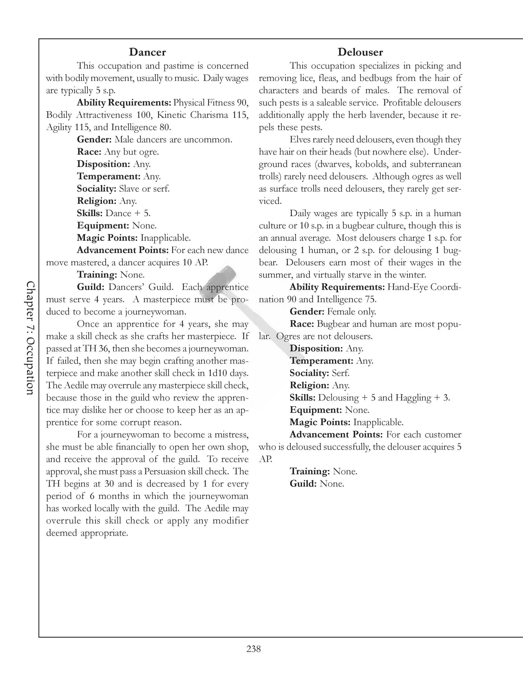 Dancer                                                  Delouser
                                 This occupation and pastime is concerned                 This occupation specializes in picking and
                        with bodily movement, usually to music. Daily wages     removing lice, fleas, and bedbugs from the hair of
                        are typically 5 s.p.                                    characters and beards of males. The removal of
                                 Ability Requirements: Physical Fitness 90,     such pests is a saleable service. Profitable delousers
                        Bodily Attractiveness 100, Kinetic Charisma 115,        additionally apply the herb lavender, because it re-
                        Agility 115, and Intelligence 80.                       pels these pests.
                                 Gender: Male dancers are uncommon.                       Elves rarely need delousers, even though they
                                 Race: Any but ogre.                            have hair on their heads (but nowhere else). Under-
                                 Disposition: Any.                              ground races (dwarves, kobolds, and subterranean
                                 Temperament: Any.                              trolls) rarely need delousers. Although ogres as well
                                 Sociality: Slave or serf.                      as surface trolls need delousers, they rarely get ser-
                                 Religion: Any.                                 viced.
                                 Skills: Dance + 5.                                       Daily wages are typically 5 s.p. in a human
                                 Equipment: None.                               culture or 10 s.p. in a bugbear culture, though this is
                                 Magic Points: Inapplicable.                    an annual average. Most delousers charge 1 s.p. for
                                 Advancement Points: For each new dance         delousing 1 human, or 2 s.p. for delousing 1 bug-
                        move mastered, a dancer acquires 10 AP.                 bear. Delousers earn most of their wages in the
                                 Training: None.                                summer, and virtually starve in the winter.
Chapter 7: Occupation




                                 Guild: Dancers’ Guild. Each apprentice                   Ability Requirements: Hand-Eye Coordi-
                        must serve 4 years. A masterpiece must be pro-          nation 90 and Intelligence 75.
                        duced to become a journeywoman.                                   Gender: Female only.
                                 Once an apprentice for 4 years, she may                  Race: Bugbear and human are most popu-
                        make a skill check as she crafts her masterpiece. If    lar. Ogres are not delousers.
                        passed at TH 36, then she becomes a journeywoman.                 Disposition: Any.
                        If failed, then she may begin crafting another mas-               Temperament: Any.
                        terpiece and make another skill check in 1d10 days.               Sociality: Serf.
                        The Aedile may overrule any masterpiece skill check,              Religion: Any.
                        because those in the guild who review the appren-                 Skills: Delousing + 5 and Haggling + 3.
                        tice may dislike her or choose to keep her as an ap-              Equipment: None.
                        prentice for some corrupt reason.                                 Magic Points: Inapplicable.
                                 For a journeywoman to become a mistress,                 Advancement Points: For each customer
                        she must be able financially to open her own shop,      who is deloused successfully, the delouser acquires 5
                        and receive the approval of the guild. To receive       AP.
                        approval, she must pass a Persuasion skill check. The             Training: None.
                        TH begins at 30 and is decreased by 1 for every                   Guild: None.
                        period of 6 months in which the journeywoman
                        has worked locally with the guild. The Aedile may
                        overrule this skill check or apply any modifier
                        deemed appropriate.




                                                                            238
 