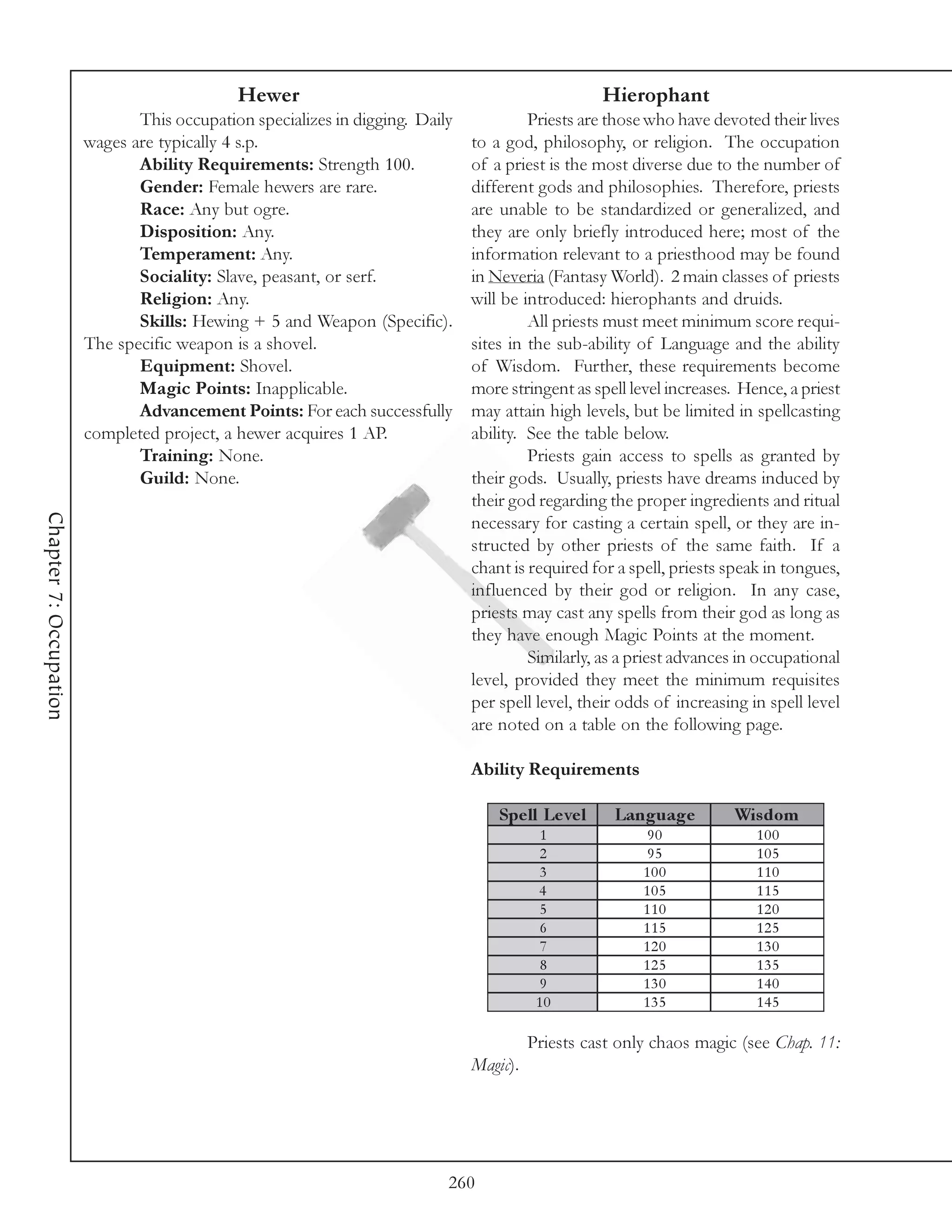 Hewer                                                  Hierophant
                               This occupation specializes in digging. Daily            Priests are those who have devoted their lives
                        wages are typically 4 s.p.                             to a god, philosophy, or religion. The occupation
                               Ability Requirements: Strength 100.             of a priest is the most diverse due to the number of
                               Gender: Female hewers are rare.                 different gods and philosophies. Therefore, priests
                               Race: Any but ogre.                             are unable to be standardized or generalized, and
                               Disposition: Any.                               they are only briefly introduced here; most of the
                               Temperament: Any.                               information relevant to a priesthood may be found
                               Sociality: Slave, peasant, or serf.             in Neveria (Fantasy World). 2 main classes of priests
                               Religion: Any.                                  will be introduced: hierophants and druids.
                               Skills: Hewing + 5 and Weapon (Specific).                All priests must meet minimum score requi-
                        The specific weapon is a shovel.                       sites in the sub-ability of Language and the ability
                               Equipment: Shovel.                              of Wisdom. Further, these requirements become
                               Magic Points: Inapplicable.                     more stringent as spell level increases. Hence, a priest
                               Advancement Points: For each successfully       may attain high levels, but be limited in spellcasting
                        completed project, a hewer acquires 1 AP.              ability. See the table below.
                               Training: None.                                          Priests gain access to spells as granted by
                               Guild: None.                                    their gods. Usually, priests have dreams induced by
                                                                               their god regarding the proper ingredients and ritual
Chapter 7: Occupation




                                                                               necessary for casting a certain spell, or they are in-
                                                                               structed by other priests of the same faith. If a
                                                                               chant is required for a spell, priests speak in tongues,
                                                                               influenced by their god or religion. In any case,
                                                                               priests may cast any spells from their god as long as
                                                                               they have enough Magic Points at the moment.
                                                                                        Similarly, as a priest advances in occupational
                                                                               level, provided they meet the minimum requisites
                                                                               per spell level, their odds of increasing in spell level
                                                                               are noted on a table on the following page.

                                                                               Ability Requirements

                                                                                   Spe ll Le ve l    Language         Wis dom
                                                                                          1               90              100
                                                                                          2               95              105
                                                                                          3              100              110
                                                                                          4              105              115
                                                                                          5              110              120
                                                                                          6              115              125
                                                                                          7              120              130
                                                                                          8              125              135
                                                                                          9              130              140
                                                                                          10             135              145

                                                                                         Priests cast only chaos magic (see Chap. 11:
                                                                               Magic).




                                                                           260
 