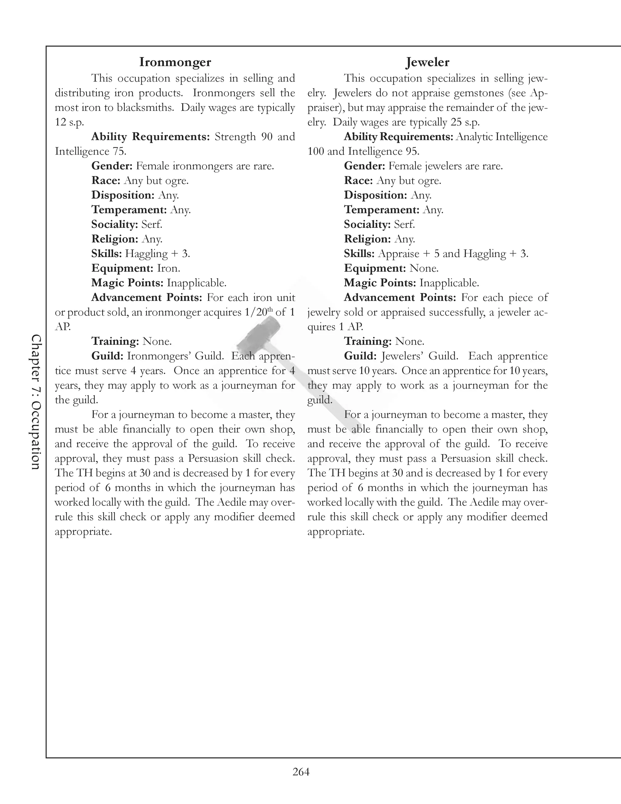 Ironmonger                                                Jeweler
                                 This occupation specializes in selling and            This occupation specializes in selling jew-
                        distributing iron products. Ironmongers sell the      elry. Jewelers do not appraise gemstones (see Ap-
                        most iron to blacksmiths. Daily wages are typically   praiser), but may appraise the remainder of the jew-
                        12 s.p.                                               elry. Daily wages are typically 25 s.p.
                                 Ability Requirements: Strength 90 and                 Ability Requirements: Analytic Intelligence
                        Intelligence 75.                                      100 and Intelligence 95.
                                 Gender: Female ironmongers are rare.                  Gender: Female jewelers are rare.
                                 Race: Any but ogre.                                   Race: Any but ogre.
                                 Disposition: Any.                                     Disposition: Any.
                                 Temperament: Any.                                     Temperament: Any.
                                 Sociality: Serf.                                      Sociality: Serf.
                                 Religion: Any.                                        Religion: Any.
                                 Skills: Haggling + 3.                                 Skills: Appraise + 5 and Haggling + 3.
                                 Equipment: Iron.                                      Equipment: None.
                                 Magic Points: Inapplicable.                           Magic Points: Inapplicable.
                                 Advancement Points: For each iron unit                Advancement Points: For each piece of
                        or product sold, an ironmonger acquires 1/20th of 1   jewelry sold or appraised successfully, a jeweler ac-
                        AP.                                                   quires 1 AP.
Chapter 7: Occupation




                                 Training: None.                                       Training: None.
                                 Guild: Ironmongers’ Guild. Each appren-               Guild: Jewelers’ Guild. Each apprentice
                        tice must serve 4 years. Once an apprentice for 4     must serve 10 years. Once an apprentice for 10 years,
                        years, they may apply to work as a journeyman for     they may apply to work as a journeyman for the
                        the guild.                                            guild.
                                 For a journeyman to become a master, they             For a journeyman to become a master, they
                        must be able financially to open their own shop,      must be able financially to open their own shop,
                        and receive the approval of the guild. To receive     and receive the approval of the guild. To receive
                        approval, they must pass a Persuasion skill check.    approval, they must pass a Persuasion skill check.
                        The TH begins at 30 and is decreased by 1 for every   The TH begins at 30 and is decreased by 1 for every
                        period of 6 months in which the journeyman has        period of 6 months in which the journeyman has
                        worked locally with the guild. The Aedile may over-   worked locally with the guild. The Aedile may over-
                        rule this skill check or apply any modifier deemed    rule this skill check or apply any modifier deemed
                        appropriate.                                          appropriate.




                                                                          264
 