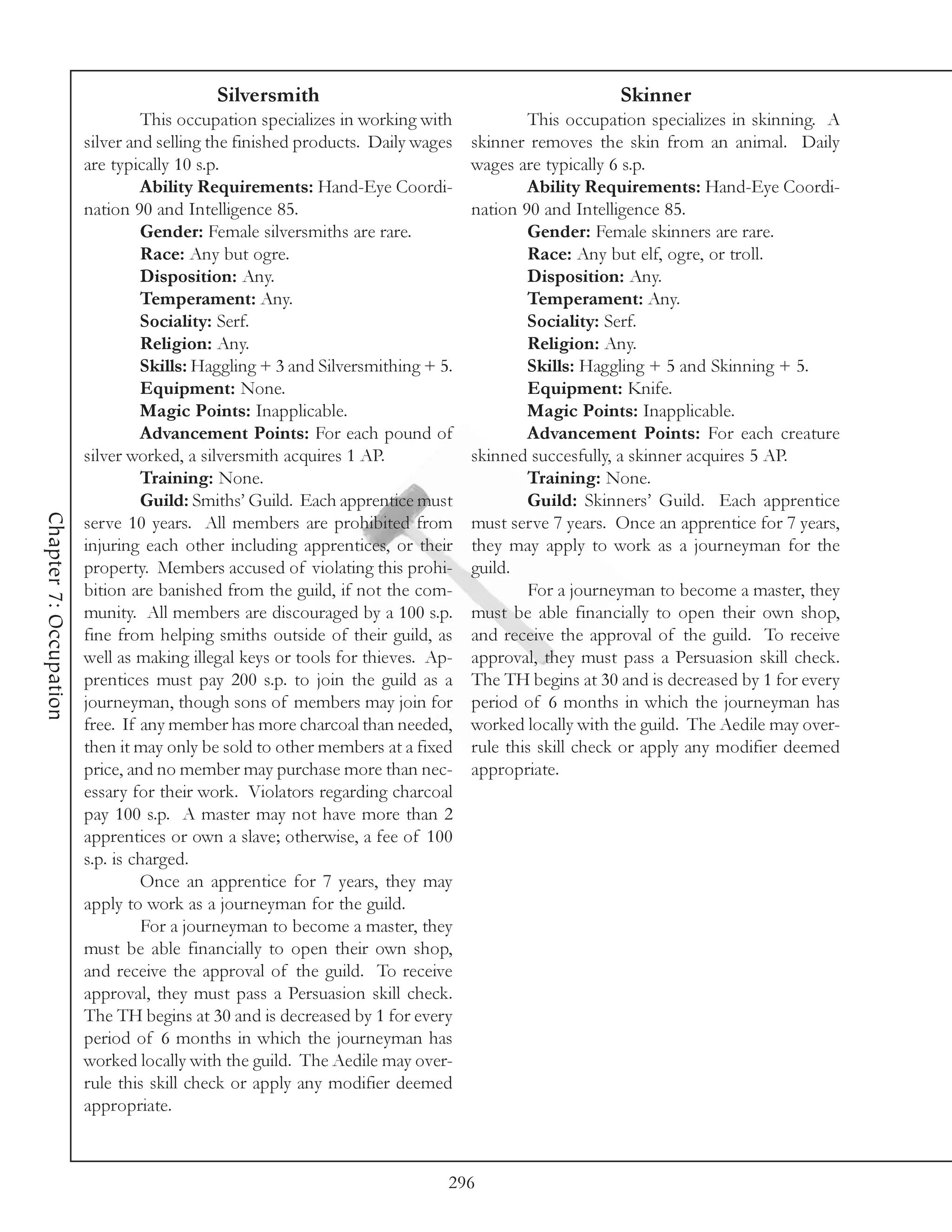 Silversmith                                              Skinner
                                 This occupation specializes in working with            This occupation specializes in skinning. A
                        silver and selling the finished products. Daily wages   skinner removes the skin from an animal. Daily
                        are typically 10 s.p.                                   wages are typically 6 s.p.
                                 Ability Requirements: Hand-Eye Coordi-                 Ability Requirements: Hand-Eye Coordi-
                        nation 90 and Intelligence 85.                          nation 90 and Intelligence 85.
                                 Gender: Female silversmiths are rare.                  Gender: Female skinners are rare.
                                 Race: Any but ogre.                                    Race: Any but elf, ogre, or troll.
                                 Disposition: Any.                                      Disposition: Any.
                                 Temperament: Any.                                      Temperament: Any.
                                 Sociality: Serf.                                       Sociality: Serf.
                                 Religion: Any.                                         Religion: Any.
                                 Skills: Haggling + 3 and Silversmithing + 5.           Skills: Haggling + 5 and Skinning + 5.
                                 Equipment: None.                                       Equipment: Knife.
                                 Magic Points: Inapplicable.                            Magic Points: Inapplicable.
                                 Advancement Points: For each pound of                  Advancement Points: For each creature
                        silver worked, a silversmith acquires 1 AP.             skinned succesfully, a skinner acquires 5 AP.
                                 Training: None.                                        Training: None.
                                 Guild: Smiths’ Guild. Each apprentice must             Guild: Skinners’ Guild. Each apprentice
Chapter 7: Occupation




                        serve 10 years. All members are prohibited from         must serve 7 years. Once an apprentice for 7 years,
                        injuring each other including apprentices, or their     they may apply to work as a journeyman for the
                        property. Members accused of violating this prohi-      guild.
                        bition are banished from the guild, if not the com-             For a journeyman to become a master, they
                        munity. All members are discouraged by a 100 s.p.       must be able financially to open their own shop,
                        fine from helping smiths outside of their guild, as     and receive the approval of the guild. To receive
                        well as making illegal keys or tools for thieves. Ap-   approval, they must pass a Persuasion skill check.
                        prentices must pay 200 s.p. to join the guild as a      The TH begins at 30 and is decreased by 1 for every
                        journeyman, though sons of members may join for         period of 6 months in which the journeyman has
                        free. If any member has more charcoal than needed,      worked locally with the guild. The Aedile may over-
                        then it may only be sold to other members at a fixed    rule this skill check or apply any modifier deemed
                        price, and no member may purchase more than nec-        appropriate.
                        essary for their work. Violators regarding charcoal
                        pay 100 s.p. A master may not have more than 2
                        apprentices or own a slave; otherwise, a fee of 100
                        s.p. is charged.
                                 Once an apprentice for 7 years, they may
                        apply to work as a journeyman for the guild.
                                 For a journeyman to become a master, they
                        must be able financially to open their own shop,
                        and receive the approval of the guild. To receive
                        approval, they must pass a Persuasion skill check.
                        The TH begins at 30 and is decreased by 1 for every
                        period of 6 months in which the journeyman has
                        worked locally with the guild. The Aedile may over-
                        rule this skill check or apply any modifier deemed
                        appropriate.



                                                                            296
 