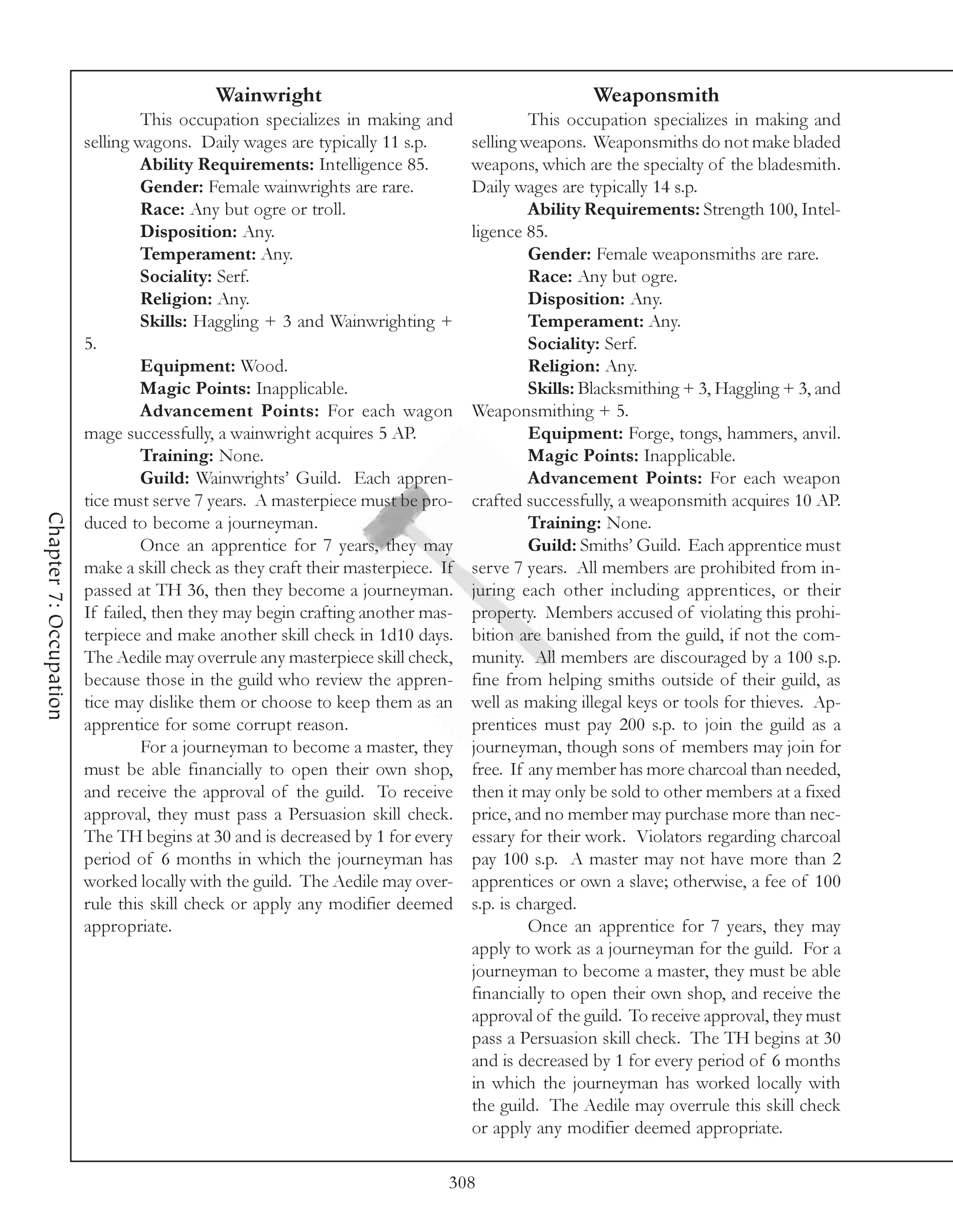 Wainwright                                             Weaponsmith
                                 This occupation specializes in making and                This occupation specializes in making and
                        selling wagons. Daily wages are typically 11 s.p.        selling weapons. Weaponsmiths do not make bladed
                                 Ability Requirements: Intelligence 85.          weapons, which are the specialty of the bladesmith.
                                 Gender: Female wainwrights are rare.            Daily wages are typically 14 s.p.
                                 Race: Any but ogre or troll.                             Ability Requirements: Strength 100, Intel-
                                 Disposition: Any.                               ligence 85.
                                 Temperament: Any.                                        Gender: Female weaponsmiths are rare.
                                 Sociality: Serf.                                         Race: Any but ogre.
                                 Religion: Any.                                           Disposition: Any.
                                 Skills: Haggling + 3 and Wainwrighting +                 Temperament: Any.
                        5.                                                                Sociality: Serf.
                                 Equipment: Wood.                                         Religion: Any.
                                 Magic Points: Inapplicable.                              Skills: Blacksmithing + 3, Haggling + 3, and
                                 Advancement Points: For each wagon              Weaponsmithing + 5.
                        mage successfully, a wainwright acquires 5 AP.                    Equipment: Forge, tongs, hammers, anvil.
                                 Training: None.                                          Magic Points: Inapplicable.
                                 Guild: Wainwrights’ Guild. Each appren-                  Advancement Points: For each weapon
                        tice must serve 7 years. A masterpiece must be pro-      crafted successfully, a weaponsmith acquires 10 AP.
Chapter 7: Occupation




                        duced to become a journeyman.                                     Training: None.
                                 Once an apprentice for 7 years, they may                 Guild: Smiths’ Guild. Each apprentice must
                        make a skill check as they craft their masterpiece. If   serve 7 years. All members are prohibited from in-
                        passed at TH 36, then they become a journeyman.          juring each other including apprentices, or their
                        If failed, then they may begin crafting another mas-     property. Members accused of violating this prohi-
                        terpiece and make another skill check in 1d10 days.      bition are banished from the guild, if not the com-
                        The Aedile may overrule any masterpiece skill check,     munity. All members are discouraged by a 100 s.p.
                        because those in the guild who review the appren-        fine from helping smiths outside of their guild, as
                        tice may dislike them or choose to keep them as an       well as making illegal keys or tools for thieves. Ap-
                        apprentice for some corrupt reason.                      prentices must pay 200 s.p. to join the guild as a
                                 For a journeyman to become a master, they       journeyman, though sons of members may join for
                        must be able financially to open their own shop,         free. If any member has more charcoal than needed,
                        and receive the approval of the guild. To receive        then it may only be sold to other members at a fixed
                        approval, they must pass a Persuasion skill check.       price, and no member may purchase more than nec-
                        The TH begins at 30 and is decreased by 1 for every      essary for their work. Violators regarding charcoal
                        period of 6 months in which the journeyman has           pay 100 s.p. A master may not have more than 2
                        worked locally with the guild. The Aedile may over-      apprentices or own a slave; otherwise, a fee of 100
                        rule this skill check or apply any modifier deemed       s.p. is charged.
                        appropriate.                                                      Once an apprentice for 7 years, they may
                                                                                 apply to work as a journeyman for the guild. For a
                                                                                 journeyman to become a master, they must be able
                                                                                 financially to open their own shop, and receive the
                                                                                 approval of the guild. To receive approval, they must
                                                                                 pass a Persuasion skill check. The TH begins at 30
                                                                                 and is decreased by 1 for every period of 6 months
                                                                                 in which the journeyman has worked locally with
                                                                                 the guild. The Aedile may overrule this skill check
                                                                                 or apply any modifier deemed appropriate.

                                                                             308
 