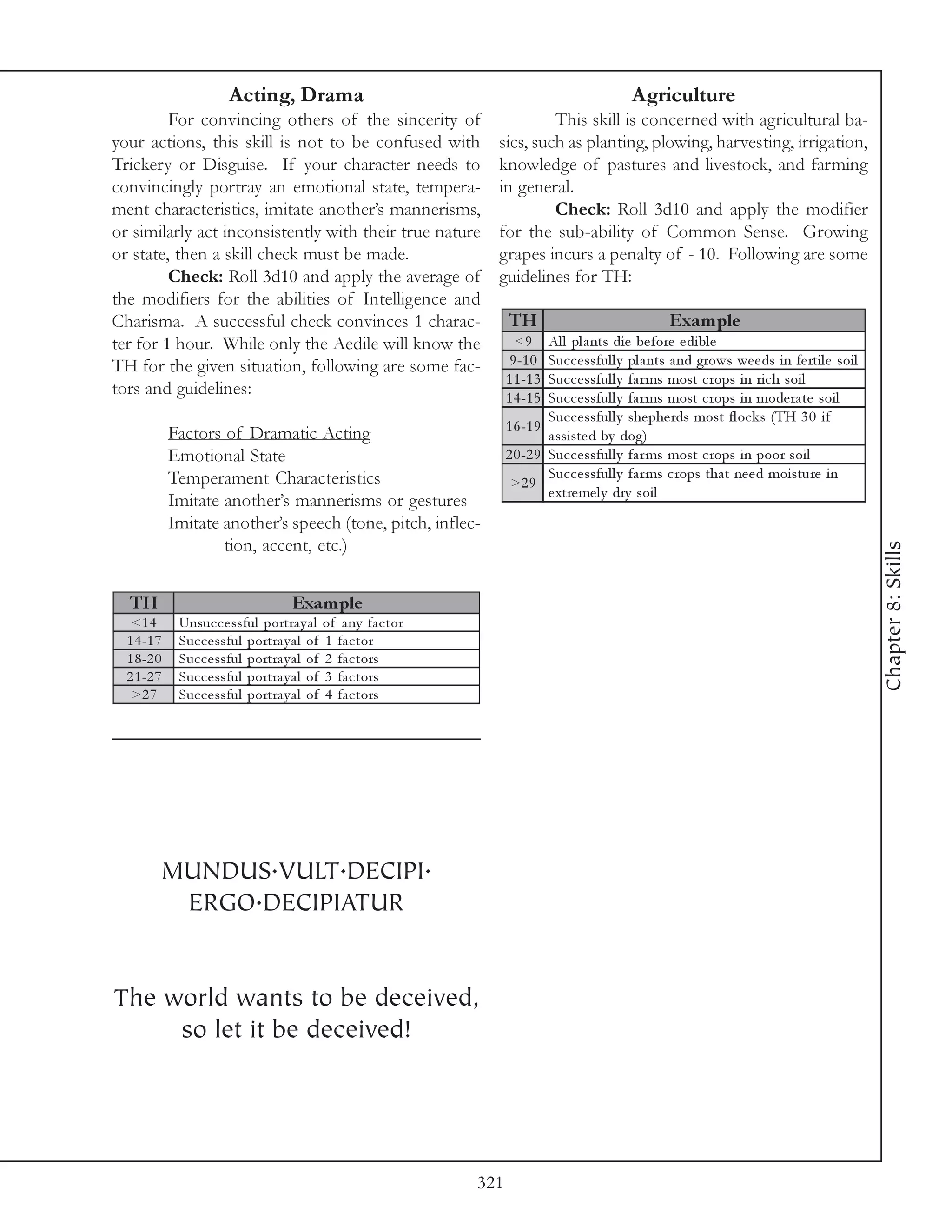 Acting, Drama                                                         Agriculture
         For convincing others of the sincerity of                       This skill is concerned with agricultural ba-
your actions, this skill is not to be confused with             sics, such as planting, plowing, harvesting, irrigation,
Trickery or Disguise. If your character needs to                knowledge of pastures and livestock, and farming
convincingly portray an emotional state, tempera-               in general.
ment characteristics, imitate another’s mannerisms,                      Check: Roll 3d10 and apply the modifier
or similarly act inconsistently with their true nature          for the sub-ability of Common Sense. Growing
or state, then a skill check must be made.                      grapes incurs a penalty of - 10. Following are some
         Check: Roll 3d10 and apply the average of              guidelines for TH:
the modifiers for the abilities of Intelligence and
Charisma. A successful check convinces 1 charac-                    TH                                Exam ple
ter for 1 hour. While only the Aedile will know the                   <9     Al l pl a nts di e be fore e di bl e
TH for the given situation, following are some fac-                  9 -1 0  Suc c e ssful l y pl a nts a nd grows we e ds i n fe rti l e soi l
                                                                    1 1 -1 3 Suc c e ssful l y fa r ms most c rops i n ri c h soi l
tors and guidelines:                                                1 4 -1 5 Suc c e ssful l y fa r ms most c rops i n mode ra te soi l
                                                                             Suc c e ssful l y she phe rds most fl oc k s (TH 3 0 i f
             Factors of Dramatic Acting                             1 6 -1 9
                                                                             a ssi ste d by dog)
             Emotional State                                        2 0 -2 9 Suc c e ssful l y fa r ms most c rops i n poor soi l
             Temperament Characteristics                                     Suc c e ssful l y fa r ms c rops tha t ne e d moi sture i n
                                                                     >2 9
                                                                             e xtre me l y dry soi l
             Imitate another’s mannerisms or gestures
             Imitate another’s speech (tone, pitch, inflec-
                     tion, accent, etc.)




                                                                                                                                                  Chapter 8: Skills
  TH                                Exam ple
   <1 4       Unsuc c e ssful portra y a l of a ny fa c tor
  1 4 -1 7    Suc c e ssful portra y a l of 1 fa c tor
  1 8 -2 0    Suc c e ssful portra y a l of 2 fa c tors
  2 1 -2 7    Suc c e ssful portra y a l of 3 fa c tors
   >2 7       Suc c e ssful portra y a l of 4 fa c tors




         MUNDUS.VULT.DECIPI.
          ERGO.DECIPIATUR


The world wants to be deceived,
     so let it be deceived!




                                                              321
 