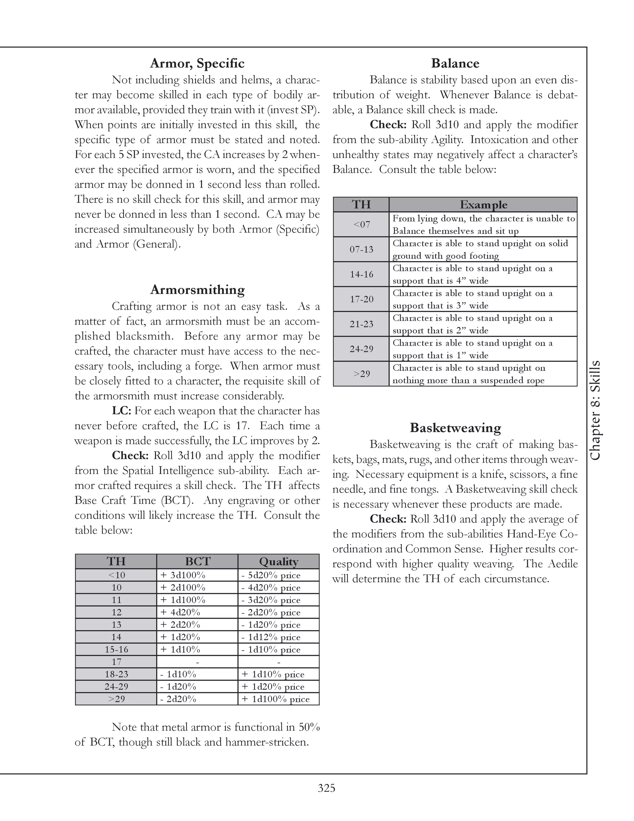 Armor, Specific                                                         Balance
        Not including shields and helms, a charac-                     Balance is stability based upon an even dis-
ter may become skilled in each type of bodily ar-              tribution of weight. Whenever Balance is debat-
mor available, provided they train with it (invest SP).        able, a Balance skill check is made.
When points are initially invested in this skill, the                  Check: Roll 3d10 and apply the modifier
specific type of armor must be stated and noted.               from the sub-ability Agility. Intoxication and other
For each 5 SP invested, the CA increases by 2 when-            unhealthy states may negatively affect a character’s
ever the specified armor is worn, and the specified            Balance. Consult the table below:
armor may be donned in 1 second less than rolled.
There is no skill check for this skill, and armor may              TH                            Exam ple
never be donned in less than 1 second. CA may be                              From l y i ng down, the c ha ra c te r i s una bl e to
increased simultaneously by both Armor (Specific)                   <0 7
                                                                              Ba l a nc e the mse l v e s a nd si t up
and Armor (General).                                               0 7 -1 3
                                                                              Cha ra c te r i s a bl e to sta nd upri ght on sol i d
                                                                              ground wi th good footi ng
                                                                              Cha ra c te r i s a bl e to sta nd upri ght on a
                                                                   1 4 -1 6
                                                                              support tha t i s 4 ” wi de
                 Armorsmithing                                                Cha ra c te r i s a bl e to sta nd upri ght on a
                                                                   1 7 -2 0
        Crafting armor is not an easy task. As a                              support tha t i s 3 ” wi de
matter of fact, an armorsmith must be an accom-                               Cha ra c te r i s a bl e to sta nd upri ght on a
                                                                   2 1 -2 3
                                                                              support tha t i s 2 ” wi de
plished blacksmith. Before any armor may be
                                                                              Cha ra c te r i s a bl e to sta nd upri ght on a
crafted, the character must have access to the nec-                2 4 -2 9
                                                                              support tha t i s 1 ” wi de




                                                                                                                                       Chapter 8: Skills
essary tools, including a forge. When armor must                              Cha ra c te r i s a bl e to sta nd upri ght on
                                                                    >2 9
be closely fitted to a character, the requisite skill of                      nothi ng more tha n a suspe nde d rope
the armorsmith must increase considerably.
        LC: For each weapon that the character has
never before crafted, the LC is 17. Each time a                                    Basketweaving
weapon is made successfully, the LC improves by 2.                      Basketweaving is the craft of making bas-
        Check: Roll 3d10 and apply the modifier                kets, bags, mats, rugs, and other items through weav-
from the Spatial Intelligence sub-ability. Each ar-            ing. Necessary equipment is a knife, scissors, a fine
mor crafted requires a skill check. The TH affects             needle, and fine tongs. A Basketweaving skill check
Base Craft Time (BCT). Any engraving or other                  is necessary whenever these products are made.
conditions will likely increase the TH. Consult the                     Check: Roll 3d10 and apply the average of
table below:                                                   the modifiers from the sub-abilities Hand-Eye Co-
                                                               ordination and Common Sense. Higher results cor-
       TH                 BCT              Q uality            respond with higher quality weaving. The Aedile
       <1 0        +  3 d1 0 0 %      - 5 d2 0 % pri c e       will determine the TH of each circumstance.
        10         +  2 d1 0 0 %      - 4 d2 0 % pri c e
        11         +  1 d1 0 0 %      - 3 d2 0 % pri c e
        12         +  4 d2 0 %        - 2 d2 0 % pri c e
        13         +  2 d2 0 %        - 1 d2 0 % pri c e
        14         +  1 d2 0 %        - 1 d1 2 % pri c e
      1 5 -1 6     +  1 d1 0 %        - 1 d1 0 % pri c e
        17                    -                 -
      1 8 -2 3     - 1 d1 0 %         + 1 d1 0 % pri c e
      2 4 -2 9     - 1 d2 0 %         + 1 d2 0 % pri c e
       >2 9        - 2 d2 0 %         + 1 d1 0 0 % pri c e

      Note that metal armor is functional in 50%
of BCT, though still black and hammer-stricken.


                                                             325
 