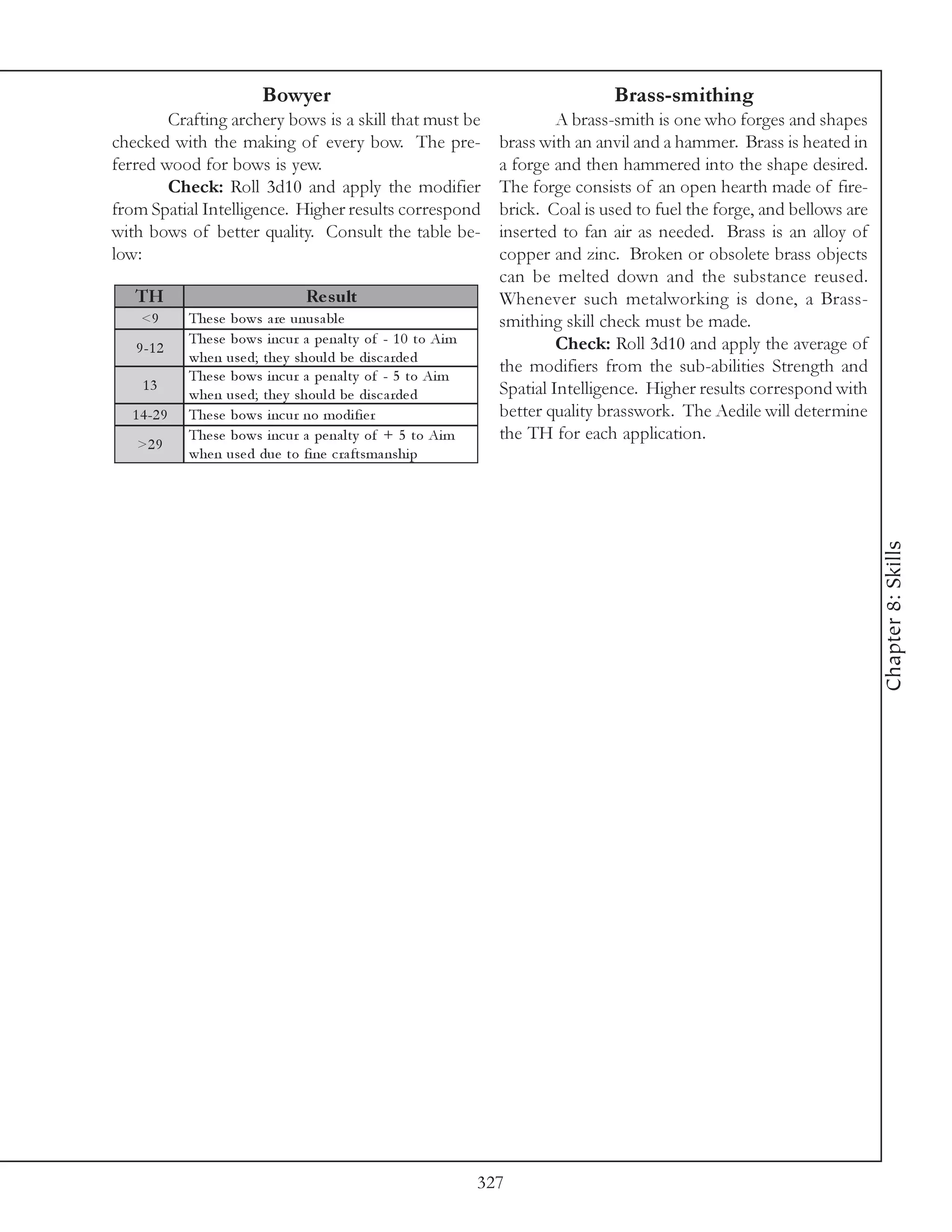 Bowyer                                                   Brass-smithing
        Crafting archery bows is a skill that must be                       A brass-smith is one who forges and shapes
checked with the making of every bow. The pre-                     brass with an anvil and a hammer. Brass is heated in
ferred wood for bows is yew.                                       a forge and then hammered into the shape desired.
        Check: Roll 3d10 and apply the modifier                    The forge consists of an open hearth made of fire-
from Spatial Intelligence. Higher results correspond               brick. Coal is used to fuel the forge, and bellows are
with bows of better quality. Consult the table be-                 inserted to fan air as needed. Brass is an alloy of
low:                                                               copper and zinc. Broken or obsolete brass objects
                                                                   can be melted down and the substance reused.
   TH                             Re s ult                         Whenever such metalworking is done, a Brass-
    <9       The se bows a re unusa bl e                           smithing skill check must be made.
             The se bows i nc ur a pe na l ty of - 1 0 to Ai m              Check: Roll 3d10 and apply the average of
   9 -1 2
             whe n use d; the y shoul d be di sc a rde d
             The se bows i nc ur a pe na l ty of - 5 to Ai m
                                                                   the modifiers from the sub-abilities Strength and
    13                                                             Spatial Intelligence. Higher results correspond with
             whe n use d; the y shoul d be di sc a rde d
  1 4 -2 9   The se bows i nc ur no modi fi e r                    better quality brasswork. The Aedile will determine
             The se bows i nc ur a pe na l ty of + 5 to Ai m       the TH for each application.
   >2 9
             whe n use d due to fi ne c ra ftsma nshi p




                                                                                                                            Chapter 8: Skills




                                                                 327
 