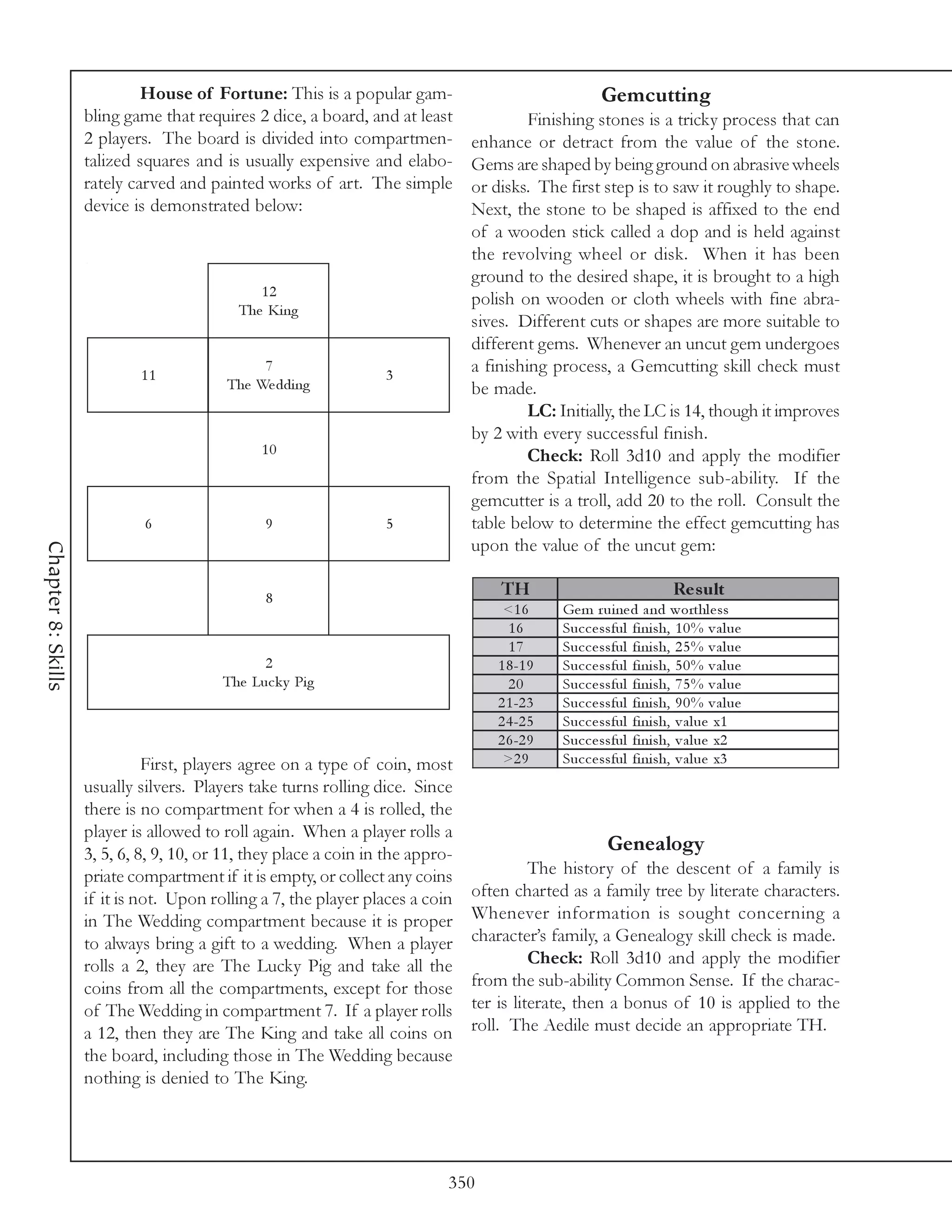 House of Fortune: This is a popular gam-                                  Gemcutting
                    bling game that requires 2 dice, a board, and at least               Finishing stones is a tricky process that can
                    2 players. The board is divided into compartmen-            enhance or detract from the value of the stone.
                    talized squares and is usually expensive and elabo-         Gems are shaped by being ground on abrasive wheels
                    rately carved and painted works of art. The simple          or disks. The first step is to saw it roughly to shape.
                    device is demonstrated below:                               Next, the stone to be shaped is affixed to the end
                                                                                of a wooden stick called a dop and is held against
                                                                                the revolving wheel or disk. When it has been
                                                                                ground to the desired shape, it is brought to a high
                                              12
                                                                                polish on wooden or cloth wheels with fine abra-
                                           The Ki ng
                                                                                sives. Different cuts or shapes are more suitable to
                                                                                different gems. Whenever an uncut gem undergoes
                            11
                                               7
                                                                  3
                                                                                a finishing process, a Gemcutting skill check must
                                          The We ddi ng                         be made.
                                                                                         LC: Initially, the LC is 14, though it improves
                                                                                by 2 with every successful finish.
                                               10                                        Check: Roll 3d10 and apply the modifier
                                                                                from the Spatial Intelligence sub-ability. If the
                                                                                gemcutter is a troll, add 20 to the roll. Consult the
                             6                  9                 5             table below to determine the effect gemcutting has
                                                                                upon the value of the uncut gem:
Chapter 8: Skills




                                                8
                                                                                    TH                                Re s ult
                                                                                     <1 6      Ge m r ui ne d a nd worthl e ss
                                                                                      16       Suc c e ssful fi ni sh, 1 0 % v a l ue
                                                                                      17       Suc c e ssful fi ni sh, 2 5 % v a l ue
                                               2                                    1 8 -1 9   Suc c e ssful fi ni sh, 5 0 % v a l ue
                                         The Luc k y Pi g                             20       Suc c e ssful fi ni sh, 7 5 % v a l ue
                                                                                    2 1 -2 3   Suc c e ssful fi ni sh, 9 0 % v a l ue
                                                                                    2 4 -2 5   Suc c e ssful fi ni sh, v a l ue x1
                                                                                    2 6 -2 9   Suc c e ssful fi ni sh, v a l ue x2
                              First, players agree on a type of coin, most           >2 9      Suc c e ssful fi ni sh, v a l ue x3
                    usually silvers. Players take turns rolling dice. Since
                    there is no compartment for when a 4 is rolled, the
                    player is allowed to roll again. When a player rolls a
                    3, 5, 6, 8, 9, 10, or 11, they place a coin in the appro-                           Genealogy
                    priate compartment if it is empty, or collect any coins               The history of the descent of a family is
                    if it is not. Upon rolling a 7, the player places a coin    often charted as a family tree by literate characters.
                    in The Wedding compartment because it is proper             Whenever information is sought concerning a
                    to always bring a gift to a wedding. When a player          character’s family, a Genealogy skill check is made.
                    rolls a 2, they are The Lucky Pig and take all the                    Check: Roll 3d10 and apply the modifier
                    coins from all the compartments, except for those           from the sub-ability Common Sense. If the charac-
                    of The Wedding in compartment 7. If a player rolls          ter is literate, then a bonus of 10 is applied to the
                    a 12, then they are The King and take all coins on          roll. The Aedile must decide an appropriate TH.
                    the board, including those in The Wedding because
                    nothing is denied to The King.




                                                                            350
 