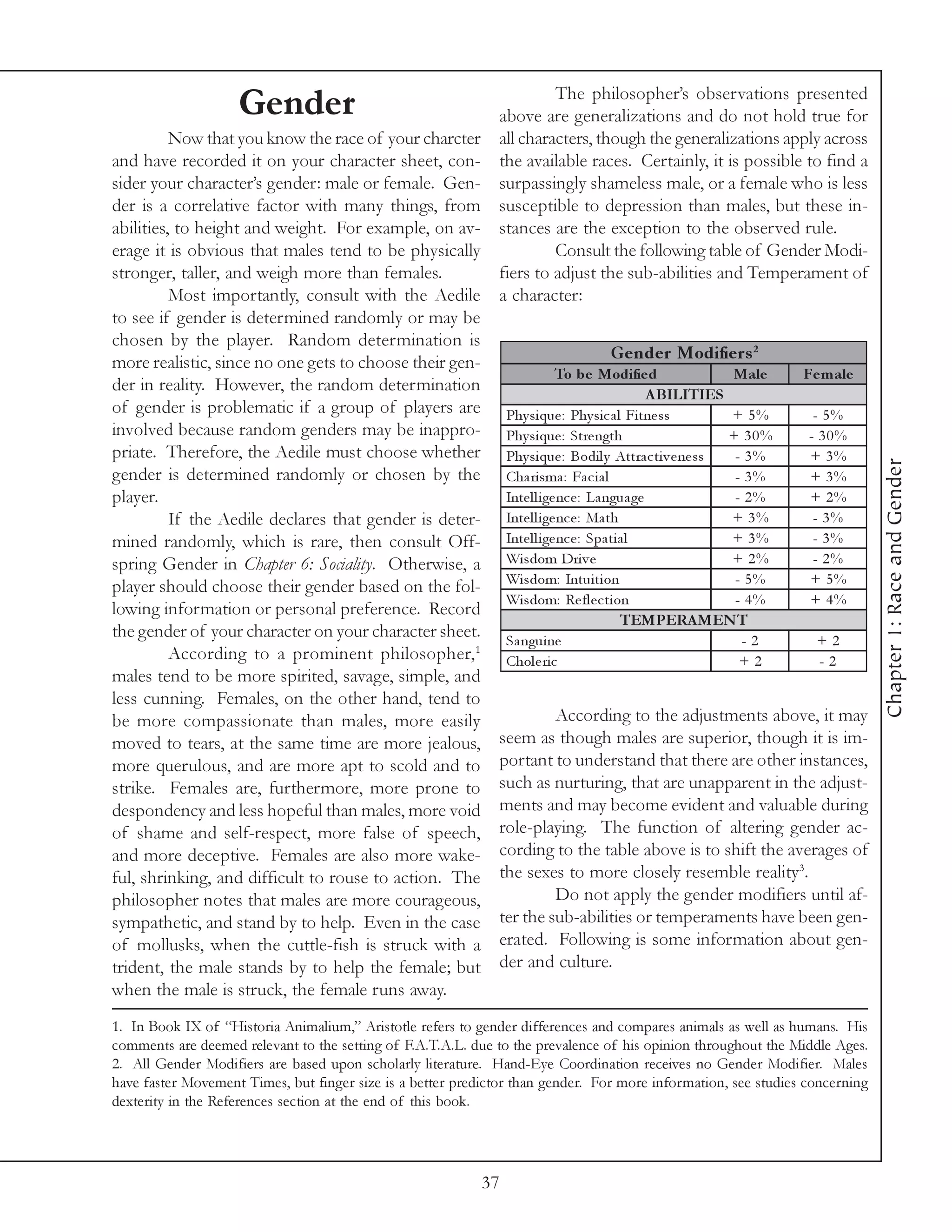 The philosopher’s observations presented
                    Gender                             above are generalizations and do not hold true for
          Now that you know the race of your charcter all characters, though the generalizations apply across
and have recorded it on your character sheet, con- the available races. Certainly, it is possible to find a
sider your character’s gender: male or female. Gen- surpassingly shameless male, or a female who is less
der is a correlative factor with many things, from susceptible to depression than males, but these in-
abilities, to height and weight. For example, on av- stances are the exception to the observed rule.
erage it is obvious that males tend to be physically                 Consult the following table of Gender Modi-
stronger, taller, and weigh more than females.         fiers to adjust the sub-abilities and Temperament of
          Most importantly, consult with the Aedile a character:
to see if gender is determined randomly or may be
chosen by the player. Random determination is
more realistic, since no one gets to choose their gen-                           Ge nde r Modifie rs 2
                                                                     To be Modifie d               Male   Fe m ale
der in reality. However, the random determination                                       A BILITIES
of gender is problematic if a group of players are Phy si que : Phy si c a l Fi tne ss             + 5%     - 5%
involved because random genders may be inappro- Phy si que : Stre ngth                             + 30%   - 30%
priate. Therefore, the Aedile must choose whether Phy si que : Bodi l y Attra c ti v e ne ss        - 3%   + 3%




                                                                                                                              Chapter 1: Race and Gender
gender is determined randomly or chosen by the Cha ri sma : Fa c i a l                              - 3%   + 3%
player.                                                 Inte l l i ge nc e : La ngua ge             - 2%   + 2%
          If the Aedile declares that gender is deter-  Inte l l i ge nc e : Ma th                 + 3%     - 3%
mined randomly, which is rare, then consult Off- Inte l l i ge nc e : Spa ti a l                   + 3%     - 3%
spring Gender in Chapter 6: Sociality. Otherwise, a     Wi sdom Dri v e                            + 2%     - 2%
player should choose their gender based on the fol- Wi sdom: Intui ti on                            - 5%   + 5%
                                                        Wi sdom: Re fl e c ti on                    - 4%   + 4%
lowing information or personal preference. Record
                                                                                   TEMPERA MEN T
the gender of your character on your character sheet. Sa ngui ne                                     -2      +2
          According to a prominent philosopher,1 Chol e ri c                                         +2      -2
males tend to be more spirited, savage, simple, and
less cunning. Females, on the other hand, tend to
be more compassionate than males, more easily                        According to the adjustments above, it may
moved to tears, at the same time are more jealous, seem as though males are superior, though it is im-
more querulous, and are more apt to scold and to portant to understand that there are other instances,
strike. Females are, furthermore, more prone to such as nurturing, that are unapparent in the adjust-
despondency and less hopeful than males, more void ments and may become evident and valuable during
of shame and self-respect, more false of speech, role-playing. The function of altering gender ac-
and more deceptive. Females are also more wake- cording to the table above is to shift the averages of
                                                                                                         3
ful, shrinking, and difficult to rouse to action. The the sexes to more closely resemble reality .
philosopher notes that males are more courageous,                    Do not apply the gender modifiers until af-
sympathetic, and stand by to help. Even in the case ter the sub-abilities or temperaments have been gen-
of mollusks, when the cuttle-fish is struck with a erated. Following is some information about gen-
trident, the male stands by to help the female; but der and culture.
when the male is struck, the female runs away.
1. In Book IX of “Historia Animalium,” Aristotle refers to gender differences and compares animals as well as humans. His
comments are deemed relevant to the setting of F.A.T.A.L. due to the prevalence of his opinion throughout the Middle Ages.
2. All Gender Modifiers are based upon scholarly literature. Hand-Eye Coordination receives no Gender Modifier. Males
have faster Movement Times, but finger size is a better predictor than gender. For more information, see studies concerning
dexterity in the References section at the end of this book.




                                                            37
 