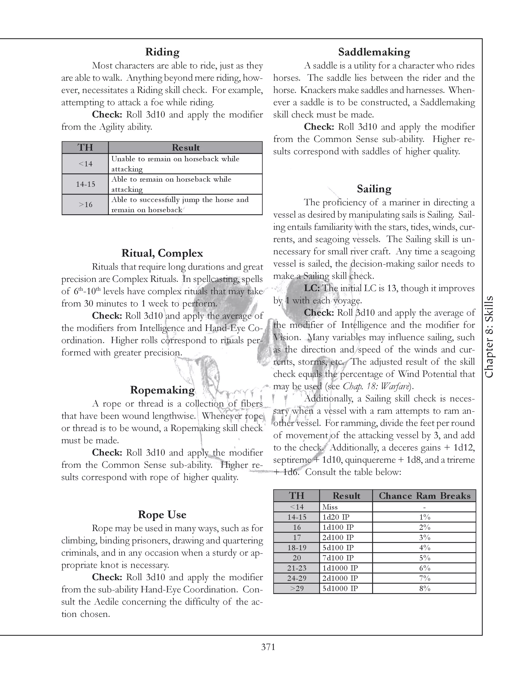 Riding                                                       Saddlemaking
         Most characters are able to ride, just as they                    A saddle is a utility for a character who rides
are able to walk. Anything beyond mere riding, how-               horses. The saddle lies between the rider and the
ever, necessitates a Riding skill check. For example,             horse. Knackers make saddles and harnesses. When-
attempting to attack a foe while riding.                          ever a saddle is to be constructed, a Saddlemaking
         Check: Roll 3d10 and apply the modifier                  skill check must be made.
from the Agility ability.                                                  Check: Roll 3d10 and apply the modifier
                                                                  from the Common Sense sub-ability. Higher re-
    TH                            Re s ult                        sults correspond with saddles of higher quality.
              Una bl e to re ma i n on horse ba c k whi l e
    <1 4
              a tta c k i ng
              Abl e to re ma i n on horse ba c k whi l e
   1 4 -1 5
              a tta c k i ng                                                                 Sailing
              Abl e to suc c e ssful l y j ump the horse a nd              The proficiency of a mariner in directing a
    >1 6
              re ma i n on horse ba c k
                                                                  vessel as desired by manipulating sails is Sailing. Sail-
                                                                  ing entails familiarity with the stars, tides, winds, cur-
                                                                  rents, and seagoing vessels. The Sailing skill is un-
                 Ritual, Complex                                  necessary for small river craft. Any time a seagoing
        Rituals that require long durations and great             vessel is sailed, the decision-making sailor needs to
precision are Complex Rituals. In spellcasting, spells            make a Sailing skill check.
of 6th-10th levels have complex rituals that may take                      LC: The initial LC is 13, though it improves




                                                                                                                               Chapter 8: Skills
from 30 minutes to 1 week to perform.                             by 1 with each voyage.
        Check: Roll 3d10 and apply the average of                          Check: Roll 3d10 and apply the average of
the modifiers from Intelligence and Hand-Eye Co-                  the modifier of Intelligence and the modifier for
ordination. Higher rolls correspond to rituals per-               Vision. Many variables may influence sailing, such
formed with greater precision.                                    as the direction and speed of the winds and cur-
                                                                  rents, storms, etc. The adjusted result of the skill
                                                                  check equals the percentage of Wind Potential that
                    Ropemaking                                    may be used (see Chap. 18: Warfare).
                                                                           Additionally, a Sailing skill check is neces-
        A rope or thread is a collection of fibers
                                                                  sary when a vessel with a ram attempts to ram an-
that have been wound lengthwise. Whenever rope
                                                                  other vessel. For ramming, divide the feet per round
or thread is to be wound, a Ropemaking skill check
                                                                  of movement of the attacking vessel by 3, and add
must be made.
                                                                  to the check. Additionally, a deceres gains + 1d12,
        Check: Roll 3d10 and apply the modifier
                                                                  septireme + 1d10, quinquereme + 1d8, and a trireme
from the Common Sense sub-ability. Higher re-
                                                                  + 1d6. Consult the table below:
sults correspond with rope of higher quality.
                                                                      TH            Re s ult     Chanc e Ram Bre aks
                                                                       <1 4      Mi ss                      -
                       Rope Use                                       1 4 -1 5   1 d2 0 IP                 1%
        Rope may be used in many ways, such as for                      16       1 d1 0 0 IP               2%
climbing, binding prisoners, drawing and quartering                     17       2 d1 0 0 IP               3%
                                                                      1 8 -1 9   5 d1 0 0 IP               4%
criminals, and in any occasion when a sturdy or ap-                     20       7 d1 0 0 IP               5%
propriate knot is necessary.                                          2 1 -2 3   1 d1 0 0 0 IP             6%
        Check: Roll 3d10 and apply the modifier                       2 4 -2 9   2 d1 0 0 0 IP             7%
from the sub-ability Hand-Eye Coordination. Con-                       >2 9      5 d1 0 0 0 IP             8%
sult the Aedile concerning the difficulty of the ac-
tion chosen.


                                                                371
 