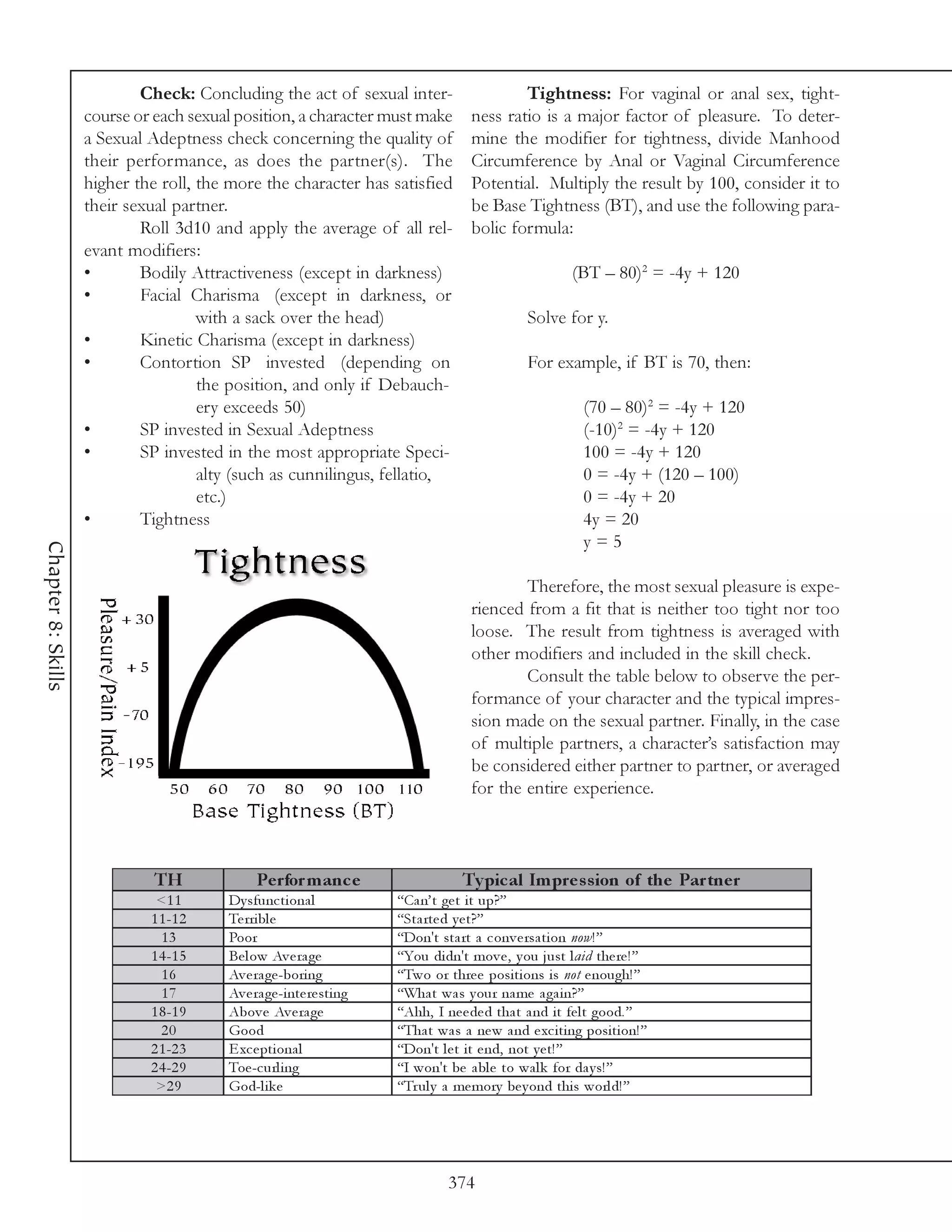 Check: Concluding the act of sexual inter-                      Tightness: For vaginal or anal sex, tight-
                    course or each sexual position, a character must make           ness ratio is a major factor of pleasure. To deter-
                    a Sexual Adeptness check concerning the quality of              mine the modifier for tightness, divide Manhood
                    their performance, as does the partner(s). The                  Circumference by Anal or Vaginal Circumference
                    higher the roll, the more the character has satisfied           Potential. Multiply the result by 100, consider it to
                    their sexual partner.                                           be Base Tightness (BT), and use the following para-
                            Roll 3d10 and apply the average of all rel-             bolic formula:
                    evant modifiers:
                    •       Bodily Attractiveness (except in darkness)                                  (BT – 80)2 = -4y + 120
                    •       Facial Charisma (except in darkness, or
                                     with a sack over the head)                                 Solve for y.
                    •       Kinetic Charisma (except in darkness)
                    •       Contortion SP invested (depending on                                For example, if BT is 70, then:
                                     the position, and only if Debauch-
                                     ery exceeds 50)                                                       (70 – 80)2 = -4y + 120
                    •       SP invested in Sexual Adeptness                                                (-10)2 = -4y + 120
                    •       SP invested in the most appropriate Speci-                                     100 = -4y + 120
                                     alty (such as cunnilingus, fellatio,                                  0 = -4y + (120 – 100)
                                     etc.)                                                                 0 = -4y + 20
                    •       Tightness                                                                      4y = 20
                                                                                                           y=5
Chapter 8: Skills




                                                                                            Therefore, the most sexual pleasure is expe-
                                                                                    rienced from a fit that is neither too tight nor too
                                                                                    loose. The result from tightness is averaged with
                                                                                    other modifiers and included in the skill check.
                                                                                            Consult the table below to observe the per-
                                                                                    formance of your character and the typical impres-
                                                                                    sion made on the sexual partner. Finally, in the case
                                                                                    of multiple partners, a character’s satisfaction may
                                                                                    be considered either partner to partner, or averaged
                                                                                    for the entire experience.



                              TH              Pe rfor m anc e                      Ty pic al Im pre s s ion of the Par tne r
                              <1 1      Dy sfunc ti ona l             “Ca n’ t ge t i t up?”
                             1 1 -1 2   Te rri bl e                   “Sta rte d y e t?”
                               13       Poor                          “Don't sta rt a c onv e rsa ti on now! ”
                             1 4 -1 5   Be l ow Av e ra ge            “You di dn't mov e , y ou j ust l a i d the re ! ”
                               16       Av e ra ge -bori ng           “Two or thre e posi ti ons i s not e nough! ”
                               17       Av e ra ge -i nte re sti ng   “Wha t wa s y our na me a ga i n?”
                             1 8 -1 9   Abov e Av e ra ge             “Ahh, I ne e de d tha t a nd i t fe l t good. ”
                               20       Good                          “Tha t wa s a ne w a nd e xc i ti ng posi ti on! ”
                             2 1 -2 3   E xc e pti ona l              “Don't l e t i t e nd, not y e t! ”
                             2 4 -2 9   Toe -c url i ng               “I won't be a bl e to wa l k for da y s! ”
                              >2 9      God-l i k e                   “Tr ul y a me mory be y ond thi s worl d! ”




                                                                                374
 