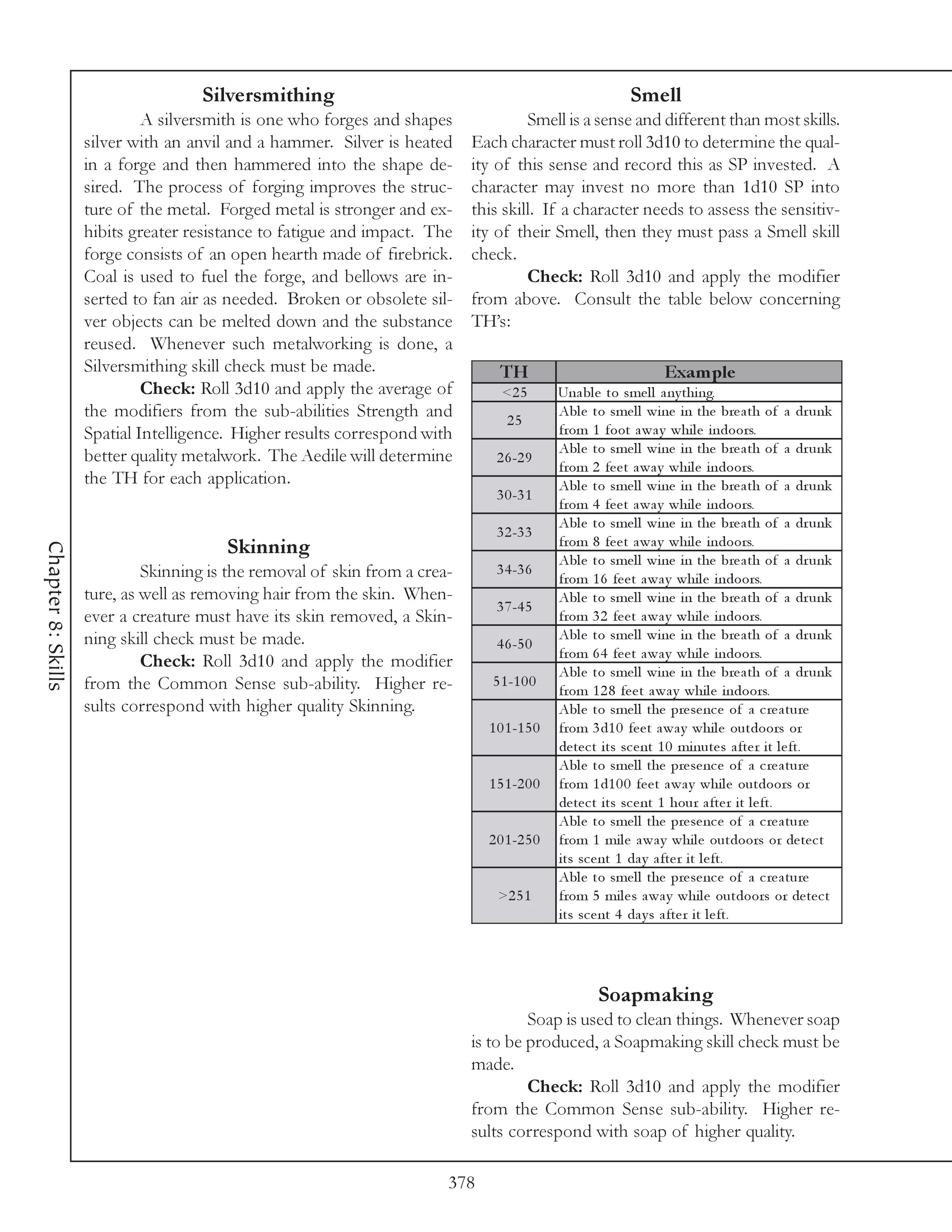 Silversmithing                                                        Smell
                             A silversmith is one who forges and shapes              Smell is a sense and different than most skills.
                    silver with an anvil and a hammer. Silver is heated     Each character must roll 3d10 to determine the qual-
                    in a forge and then hammered into the shape de-         ity of this sense and record this as SP invested. A
                    sired. The process of forging improves the struc-       character may invest no more than 1d10 SP into
                    ture of the metal. Forged metal is stronger and ex-     this skill. If a character needs to assess the sensitiv-
                    hibits greater resistance to fatigue and impact. The    ity of their Smell, then they must pass a Smell skill
                    forge consists of an open hearth made of firebrick.     check.
                    Coal is used to fuel the forge, and bellows are in-              Check: Roll 3d10 and apply the modifier
                    serted to fan air as needed. Broken or obsolete sil-    from above. Consult the table below concerning
                    ver objects can be melted down and the substance        TH’s:
                    reused. Whenever such metalworking is done, a
                    Silversmithing skill check must be made.                    TH                                Exam ple
                             Check: Roll 3d10 and apply the average of           <2 5        Una bl e to sme l l a ny thi ng.
                    the modifiers from the sub-abilities Strength and             25
                                                                                             Abl e to sme l l wi ne i n the bre a th of a dr unk
                    Spatial Intelligence. Higher results correspond with                     from 1 foot a wa y whi l e i ndoors.
                                                                                             Abl e to sme l l wi ne i n the bre a th of a dr unk
                    better quality metalwork. The Aedile will determine        2 6 -2 9
                                                                                             from 2 fe e t a wa y whi l e i ndoors.
                    the TH for each application.                                             Abl e to sme l l wi ne i n the bre a th of a dr unk
                                                                               3 0 -3 1
                                                                                             from 4 fe e t a wa y whi l e i ndoors.
                                                                                             Abl e to sme l l wi ne i n the bre a th of a dr unk
                                                                               3 2 -3 3
                                        Skinning                                             from 8 fe e t a wa y whi l e i ndoors.
Chapter 8: Skills




                                                                                             Abl e to sme l l wi ne i n the bre a th of a dr unk
                             Skinning is the removal of skin from a crea-      3 4 -3 6
                                                                                             from 1 6 fe e t a wa y whi l e i ndoors.
                    ture, as well as removing hair from the skin. When-                      Abl e to sme l l wi ne i n the bre a th of a dr unk
                                                                               3 7 -4 5
                    ever a creature must have its skin removed, a Skin-                      from 3 2 fe e t a wa y whi l e i ndoors.
                    ning skill check must be made.                                           Abl e to sme l l wi ne i n the bre a th of a dr unk
                                                                               4 6 -5 0
                                                                                             from 6 4 fe e t a wa y whi l e i ndoors.
                             Check: Roll 3d10 and apply the modifier
                                                                                             Abl e to sme l l wi ne i n the bre a th of a dr unk
                    from the Common Sense sub-ability. Higher re-              5 1 -1 0 0
                                                                                             from 1 2 8 fe e t a wa y whi l e i ndoors.
                    sults correspond with higher quality Skinning.                           Abl e to sme l l the pre se nc e of a c re a ture
                                                                              1 0 1 -1 5 0   from 3 d1 0 fe e t a wa y whi l e outdoors or
                                                                                             de te c t i ts sc e nt 1 0 mi nute s a fte r i t l e ft.
                                                                                             Abl e to sme l l the pre se nc e of a c re a ture
                                                                              1 5 1 -2 0 0   from 1 d1 0 0 fe e t a wa y whi l e outdoors or
                                                                                             de te c t i ts sc e nt 1 hour a fte r i t l e ft.
                                                                                             Abl e to sme l l the pre se nc e of a c re a ture
                                                                              2 0 1 -2 5 0   from 1 mi l e a wa y whi l e outdoors or de te c t
                                                                                             i ts sc e nt 1 da y a fte r i t l e ft.
                                                                                             Abl e to sme l l the pre se nc e of a c re a ture
                                                                                >2 5 1       from 5 mi l e s a wa y whi l e outdoors or de te c t
                                                                                             i ts sc e nt 4 da y s a fte r i t l e ft.




                                                                                                     Soapmaking
                                                                                     Soap is used to clean things. Whenever soap
                                                                            is to be produced, a Soapmaking skill check must be
                                                                            made.
                                                                                     Check: Roll 3d10 and apply the modifier
                                                                            from the Common Sense sub-ability. Higher re-
                                                                            sults correspond with soap of higher quality.

                                                                        378
 