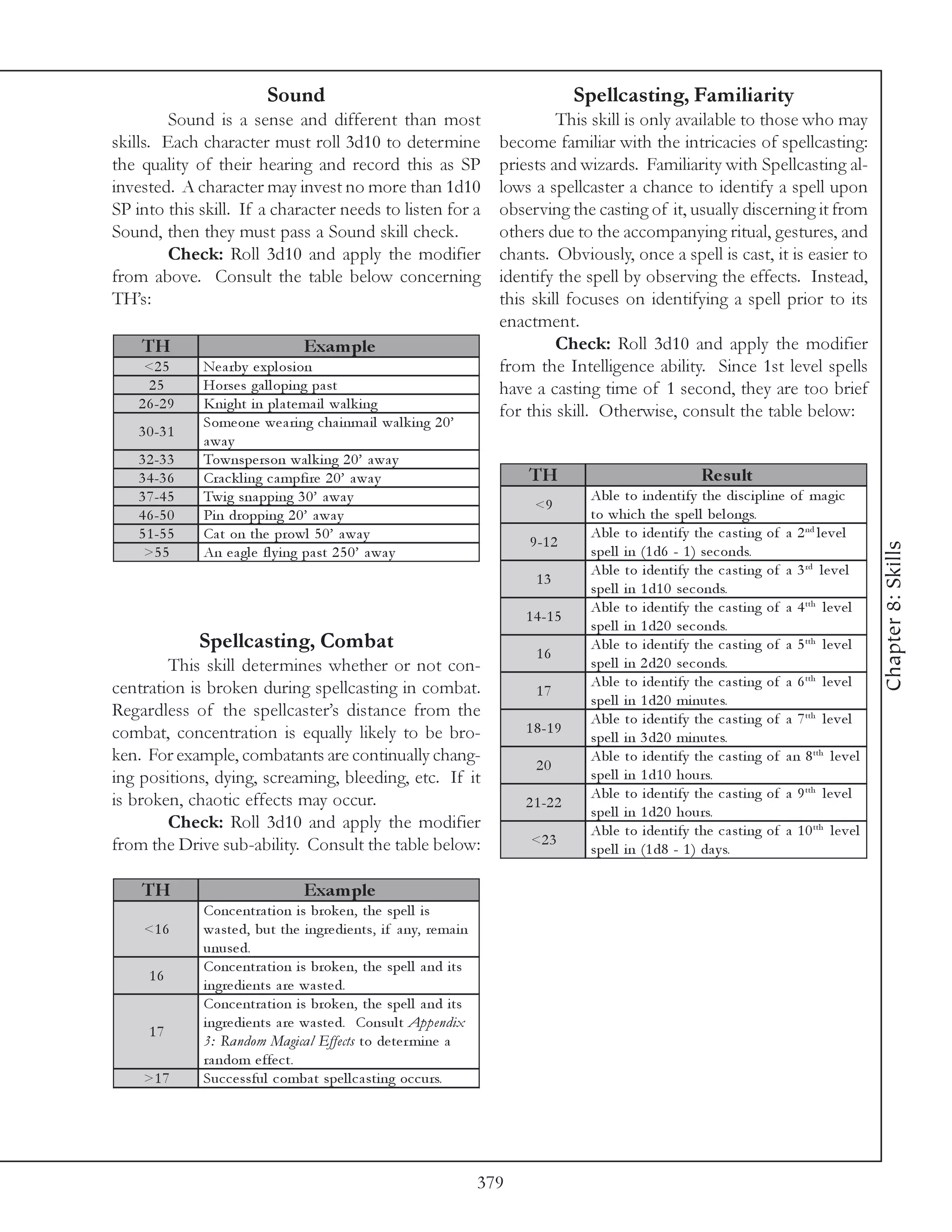 Sound                                                        Spellcasting, Familiarity
         Sound is a sense and different than most                                  This skill is only available to those who may
skills. Each character must roll 3d10 to determine                        become familiar with the intricacies of spellcasting:
the quality of their hearing and record this as SP                        priests and wizards. Familiarity with Spellcasting al-
invested. A character may invest no more than 1d10                        lows a spellcaster a chance to identify a spell upon
SP into this skill. If a character needs to listen for a                  observing the casting of it, usually discerning it from
Sound, then they must pass a Sound skill check.                           others due to the accompanying ritual, gestures, and
         Check: Roll 3d10 and apply the modifier                          chants. Obviously, once a spell is cast, it is easier to
from above. Consult the table below concerning                            identify the spell by observing the effects. Instead,
TH’s:                                                                     this skill focuses on identifying a spell prior to its
                                                                          enactment.
    TH                             Exam ple                                        Check: Roll 3d10 and apply the modifier
     <2 5      Ne a rby e xpl osi on                                      from the Intelligence ability. Since 1st level spells
      25       Horse s ga l l opi ng pa st                                have a casting time of 1 second, they are too brief
    2 6 -2 9   Kni ght i n pl a te ma i l wa l k i ng
                                                                          for this skill. Otherwise, consult the table below:
               Some one we a ri ng c ha i nma i l wa l k i ng 2 0 ’
    3 0 -3 1
               a wa y
    3 2 -3 3   Townspe rson wa l k i ng 2 0 ’ a wa y
    3 4 -3 6   Cra c k l i ng c a mpfi re 2 0 ’ a wa y                        TH                                 Re s ult
    3 7 -4 5   Twi g sna ppi ng 3 0 ’ a wa y                                              Abl e to i nde nti fy the di sc i pl i ne of ma gi c
                                                                               <9
    4 6 -5 0   Pi n droppi ng 2 0 ’ a wa y                                                to whi c h the spe l l be l ongs.
    5 1 -5 5   Ca t on the prowl 5 0 ’ a wa y                                             Abl e to i de nti fy the c a sti ng of a 2 nd l e v e l
                                                                              9 -1 2




                                                                                                                                                       Chapter 8: Skills
     >5 5      An e a gl e fl y i ng pa st 2 5 0 ’ a wa y                                 spe l l i n (1 d6 - 1 ) se c onds.
                                                                                          Abl e to i de nti fy the c a sti ng of a 3 rd l e v e l
                                                                                13
                                                                                          spe l l i n 1 d1 0 se c onds.
                                                                                          Abl e to i de nti fy the c a sti ng of a 4 tth l e v e l
                                                                              1 4 -1 5
                                                                                          spe l l i n 1 d2 0 se c onds.
               Spellcasting, Combat                                                       Abl e to i de nti fy the c a sti ng of a 5 tth l e v e l
                                                                                16
        This skill determines whether or not con-                                         spe l l i n 2 d2 0 se c onds.
centration is broken during spellcasting in combat.                                       Abl e to i de nti fy the c a sti ng of a 6 tth l e v e l
                                                                                17
                                                                                          spe l l i n 1 d2 0 mi nute s.
Regardless of the spellcaster’s distance from the                                         Abl e to i de nti fy the c a sti ng of a 7 tth l e v e l
combat, concentration is equally likely to be bro-                            1 8 -1 9
                                                                                          spe l l i n 3 d2 0 mi nute s.
ken. For example, combatants are continually chang-                                       Abl e to i de nti fy the c a sti ng of a n 8 tth l e v e l
                                                                                20
ing positions, dying, screaming, bleeding, etc. If it                                     spe l l i n 1 d1 0 hours.
is broken, chaotic effects may occur.                                                     Abl e to i de nti fy the c a sti ng of a 9 tth l e v e l
                                                                              2 1 -2 2
                                                                                          spe l l i n 1 d2 0 hours.
        Check: Roll 3d10 and apply the modifier                                           Abl e to i de nti fy the c a sti ng of a 1 0 tth l e v e l
from the Drive sub-ability. Consult the table below:                           <2 3
                                                                                          spe l l i n (1 d8 - 1 ) da y s.

    TH                             Exam ple
               Conc e ntra ti on i s brok e n, the spe l l i s
     <1 6      wa ste d, but the i ngre di e nts, i f a ny, re ma i n
               unuse d.
               Conc e ntra ti on i s brok e n, the spe l l a nd i ts
      16
               i ngre di e nts a re wa ste d.
               Conc e ntra ti on i s brok e n, the spe l l a nd i ts
               i ngre di e nts a re wa ste d. Consul t Ap p end i x
      17
               3 : Ra nd om Ma gi ca l Ef f ects to de te r mi ne a
               ra ndom e ffe c t.
     >1 7      Suc c e ssful c omba t spe l l c a sti ng oc c urs.




                                                                        379
 