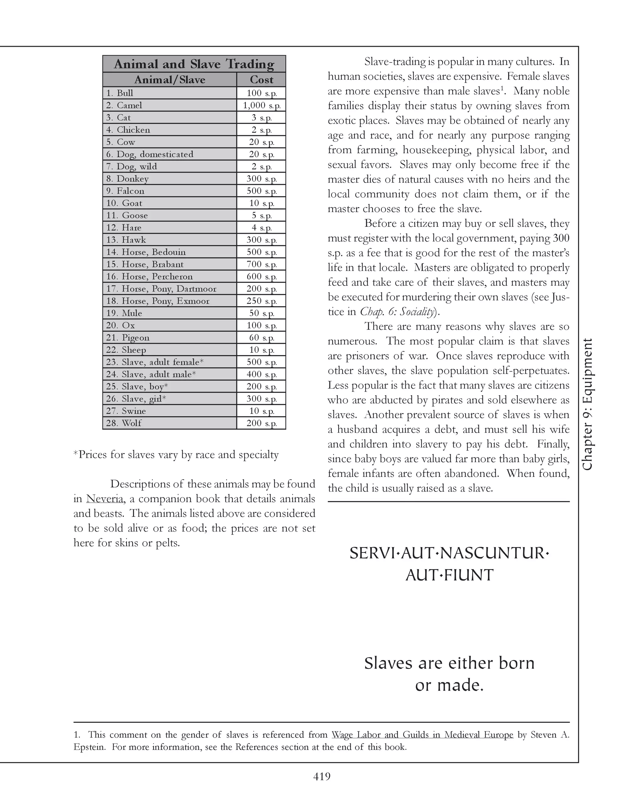 A nim al and Slave Trading                                         Slave-trading is popular in many cultures. In
                A nim al/Slave                  Cos t             human societies, slaves are expensive. Female slaves
       1 . Bu l l                              1 0 0 s. p.        are more expensive than male slaves1. Many noble
       2 . Ca me l                            1 , 0 0 0 s. p.     families display their status by owning slaves from
       3 . Ca t                                   3 s. p.         exotic places. Slaves may be obtained of nearly any
       4 . Chi c k e n                            2 s. p.
                                                                  age and race, and for nearly any purpose ranging
       5 . Cow                                   2 0 s. p.
       6 . Dog, dome sti c a te d                2 0 s. p.        from farming, housekeeping, physical labor, and
       7 . Dog, wi l d                            2 s. p.         sexual favors. Slaves may only become free if the
       8 . Donk e y                            3 0 0 s. p.        master dies of natural causes with no heirs and the
       9 . Fa l c on                           5 0 0 s. p.        local community does not claim them, or if the
       1 0 . Goa t                               1 0 s. p.
                                                                  master chooses to free the slave.
       1 1 . Goose                                5 s. p.
       1 2 . Ha re                                4 s. p.                   Before a citizen may buy or sell slaves, they
       1 3 . Ha w k                            3 0 0 s. p.        must register with the local government, paying 300
       1 4 . Horse , Be doui n                 5 0 0 s. p.        s.p. as a fee that is good for the rest of the master’s
       1 5 . Horse , Bra ba nt                 7 0 0 s. p.        life in that locale. Masters are obligated to properly
       1 6 . Horse , Pe rc he ron              6 0 0 s. p.
       1 7 . Horse , Pony, Da rtmoor           2 0 0 s. p.
                                                                  feed and take care of their slaves, and masters may
       1 8 . Horse , Pony, E xmoor             2 5 0 s. p.        be executed for murdering their own slaves (see Jus-
       1 9 . Mul e                               5 0 s. p.        tice in Chap. 6: Sociality).
       20. Ox                                  1 0 0 s. p.                  There are many reasons why slaves are so
       2 1 . Pi ge on                            6 0 s. p.        numerous. The most popular claim is that slaves




                                                                                                                            Chapter 9: Equipment
       2 2 . She e p                             1 0 s. p.
       2 3 . Sl a v e , a dul t fe ma l e *    5 0 0 s. p.
                                                                  are prisoners of war. Once slaves reproduce with
       2 4 . Sl a v e , a dul t ma l e *       4 0 0 s. p.        other slaves, the slave population self-perpetuates.
       2 5 . Sl a v e , boy *                  2 0 0 s. p.        Less popular is the fact that many slaves are citizens
       2 6 . Sl a v e , gi rl *                3 0 0 s. p.        who are abducted by pirates and sold elsewhere as
       2 7 . Swi ne                              1 0 s. p.        slaves. Another prevalent source of slaves is when
       2 8 . Wol f                             2 0 0 s. p.
                                                                  a husband acquires a debt, and must sell his wife
                                                                  and children into slavery to pay his debt. Finally,
*Prices for slaves vary by race and specialty                     since baby boys are valued far more than baby girls,
                                                                  female infants are often abandoned. When found,
        Descriptions of these animals may be found                the child is usually raised as a slave.
in Neveria, a companion book that details animals
and beasts. The animals listed above are considered
to be sold alive or as food; the prices are not set
here for skins or pelts.
                                                                      SERVI.AUT.NASCUNTUR.
                                                                            AUT.FIUNT



                                                                          Slaves are either born
                                                                                or made.

1. This comment on the gender of slaves is referenced from Wage Labor and Guilds in Medieval Europe by Steven A.
Epstein. For more information, see the References section at the end of this book.

                                                                419
 