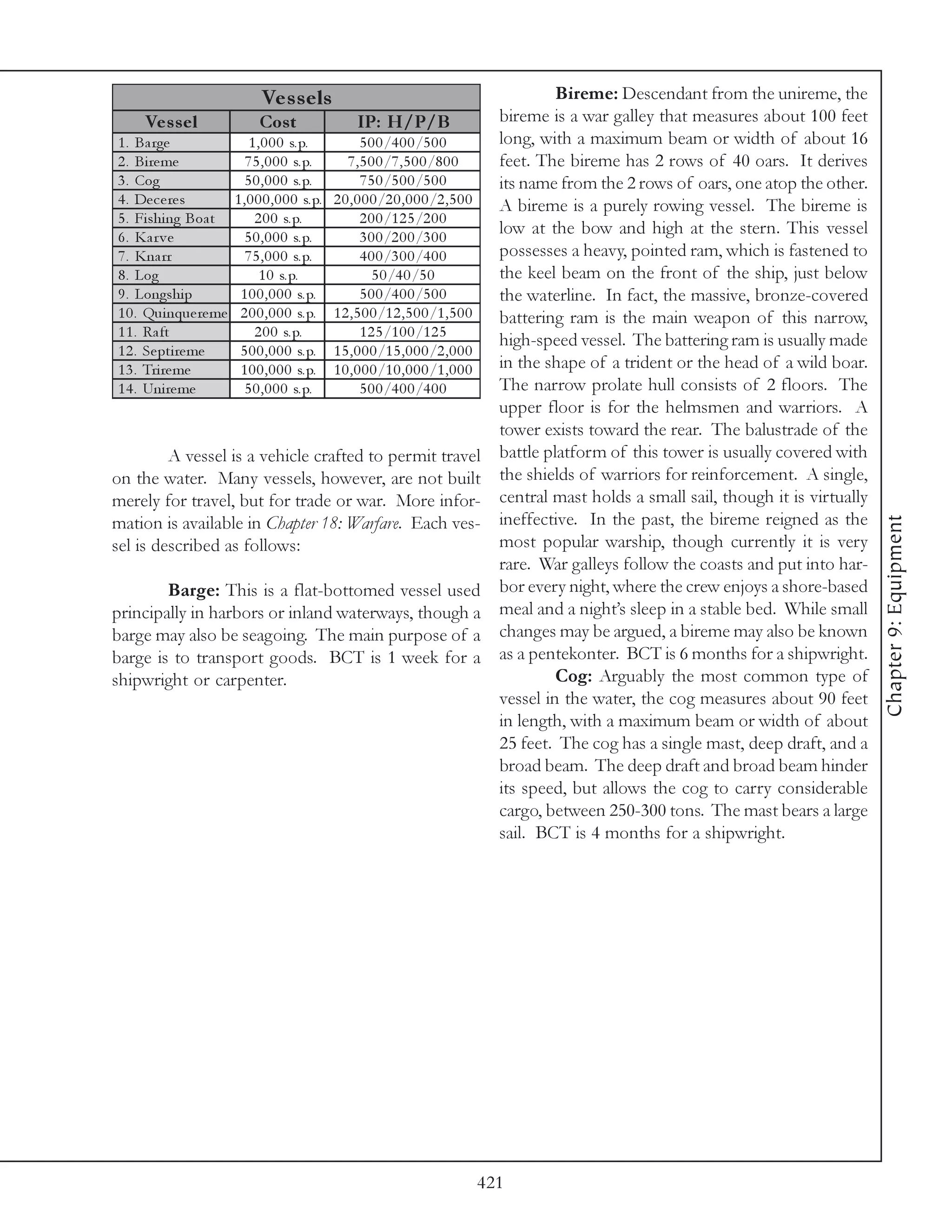 Ve s s e ls                                                      Bireme: Descendant from the unireme, the
       Ve s s e l            Cos t                  IP: H/P/B                     bireme is a war galley that measures about 100 feet
 1 . Ba rge               1 , 0 0 0 s. p.            5 0 0 /4 0 0 /5 0 0          long, with a maximum beam or width of about 16
 2 . Bi re me            7 5 , 0 0 0 s. p.       7 , 5 0 0 /7 , 5 0 0 /8 0 0      feet. The bireme has 2 rows of 40 oars. It derives
 3 . Cog                 5 0 , 0 0 0 s. p.           7 5 0 /5 0 0 /5 0 0          its name from the 2 rows of oars, one atop the other.
 4 . De c e re s      1 , 0 0 0 , 0 0 0 s. p. 2 0 , 0 0 0 /2 0 , 0 0 0 /2 , 5 0 0 A bireme is a purely rowing vessel. The bireme is
 5 . Fi shi ng Boa t        2 0 0 s. p.              2 0 0 /1 2 5 /2 0 0
 6 . Kar v e             5 0 , 0 0 0 s. p.           3 0 0 /2 0 0 /3 0 0
                                                                                  low at the bow and high at the stern. This vessel
 7 . Kna rr              7 5 , 0 0 0 s. p.           4 0 0 /3 0 0 /4 0 0          possesses a heavy, pointed ram, which is fastened to
 8 . Log                     1 0 s. p.                  5 0 /4 0 /5 0             the keel beam on the front of the ship, just below
 9 . Longshi p         1 0 0 , 0 0 0 s. p.           5 0 0 /4 0 0 /5 0 0          the waterline. In fact, the massive, bronze-covered
 1 0 . Qui nque re me 2 0 0 , 0 0 0 s. p. 1 2 , 5 0 0 /1 2 , 5 0 0 /1 , 5 0 0     battering ram is the main weapon of this narrow,
 1 1 . Ra ft                2 0 0 s. p.              1 2 5 /1 0 0 /1 2 5
                                                                                  high-speed vessel. The battering ram is usually made
 1 2 . Se pti re me    5 0 0 , 0 0 0 s. p. 1 5 , 0 0 0 /1 5 , 0 0 0 /2 , 0 0 0
 1 3 . Tri re me       1 0 0 , 0 0 0 s. p. 1 0 , 0 0 0 /1 0 , 0 0 0 /1 , 0 0 0    in the shape of a trident or the head of a wild boar.
 1 4 . Uni re me         5 0 , 0 0 0 s. p.           5 0 0 /4 0 0 /4 0 0          The narrow prolate hull consists of 2 floors. The
                                                                                  upper floor is for the helmsmen and warriors. A
                                                                                  tower exists toward the rear. The balustrade of the
            A vessel is a vehicle crafted to permit travel battle platform of this tower is usually covered with
on the water. Many vessels, however, are not built the shields of warriors for reinforcement. A single,
merely for travel, but for trade or war. More infor- central mast holds a small sail, though it is virtually
mation is available in Chapter 18: Warfare. Each ves- ineffective. In the past, the bireme reigned as the




                                                                                                                                          Chapter 9: Equipment
sel is described as follows:                                                      most popular warship, though currently it is very
                                                                                  rare. War galleys follow the coasts and put into har-
            Barge: This is a flat-bottomed vessel used bor every night, where the crew enjoys a shore-based
principally in harbors or inland waterways, though a meal and a night’s sleep in a stable bed. While small
barge may also be seagoing. The main purpose of a changes may be argued, a bireme may also be known
barge is to transport goods. BCT is 1 week for a as a pentekonter. BCT is 6 months for a shipwright.
shipwright or carpenter.                                                                   Cog: Arguably the most common type of
                                                                                  vessel in the water, the cog measures about 90 feet
                                                                                  in length, with a maximum beam or width of about
                                                                                  25 feet. The cog has a single mast, deep draft, and a
                                                                                  broad beam. The deep draft and broad beam hinder
                                                                                  its speed, but allows the cog to carry considerable
                                                                                  cargo, between 250-300 tons. The mast bears a large
                                                                                  sail. BCT is 4 months for a shipwright.




                                                                 421
 
