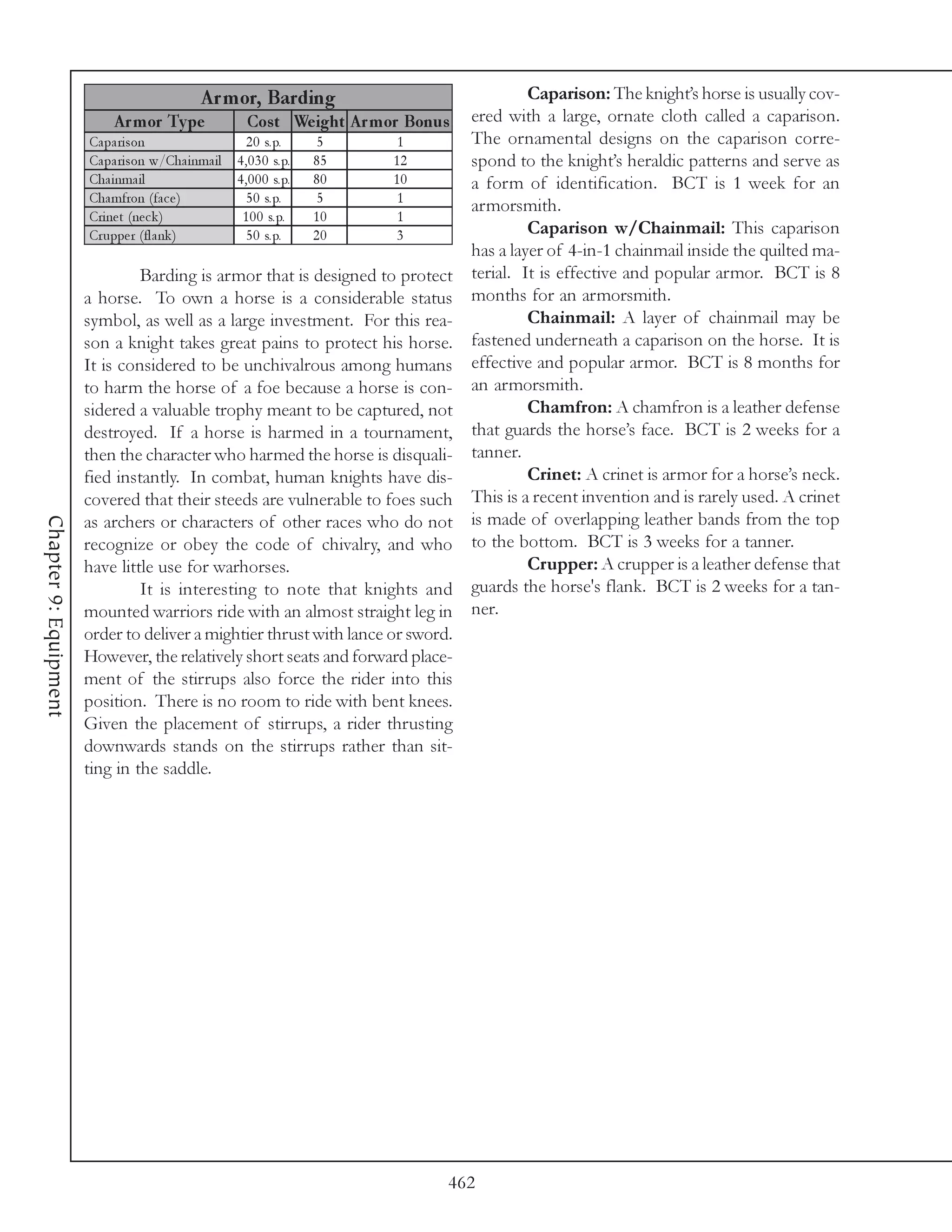 A r m or, Barding                                 Caparison: The knight’s horse is usually cov-
                            A r m or Ty pe              Cos t We ight A r m or Bonus   ered with a large, ornate cloth called a caparison.
                       Ca pa ri son                      2 0 s. p.       5    1        The ornamental designs on the caparison corre-
                       Ca pa ri son w/Cha i nma i l   4 , 0 3 0 s. p.   85   12        spond to the knight’s heraldic patterns and serve as
                       Cha i nma i l                  4 , 0 0 0 s. p.   80   10        a form of identification. BCT is 1 week for an
                       Cha mfron (fa c e )               5 0 s. p.       5    1
                                                                                       armorsmith.
                       Cri ne t (ne c k )              1 0 0 s. p.      10    1
                       Cr uppe r (fl a nk )              5 0 s. p.      20    3                 Caparison w/Chainmail: This caparison
                                                                                       has a layer of 4-in-1 chainmail inside the quilted ma-
                                Barding is armor that is designed to protect           terial. It is effective and popular armor. BCT is 8
                       a horse. To own a horse is a considerable status                months for an armorsmith.
                       symbol, as well as a large investment. For this rea-                     Chainmail: A layer of chainmail may be
                       son a knight takes great pains to protect his horse.            fastened underneath a caparison on the horse. It is
                       It is considered to be unchivalrous among humans                effective and popular armor. BCT is 8 months for
                       to harm the horse of a foe because a horse is con-              an armorsmith.
                       sidered a valuable trophy meant to be captured, not                      Chamfron: A chamfron is a leather defense
                       destroyed. If a horse is harmed in a tournament,                that guards the horse’s face. BCT is 2 weeks for a
                       then the character who harmed the horse is disquali-            tanner.
                       fied instantly. In combat, human knights have dis-                       Crinet: A crinet is armor for a horse’s neck.
                       covered that their steeds are vulnerable to foes such           This is a recent invention and is rarely used. A crinet
                                                                                       is made of overlapping leather bands from the top
Chapter 9: Equipment




                       as archers or characters of other races who do not
                       recognize or obey the code of chivalry, and who                 to the bottom. BCT is 3 weeks for a tanner.
                       have little use for warhorses.                                           Crupper: A crupper is a leather defense that
                                It is interesting to note that knights and             guards the horse's flank. BCT is 2 weeks for a tan-
                       mounted warriors ride with an almost straight leg in            ner.
                       order to deliver a mightier thrust with lance or sword.
                       However, the relatively short seats and forward place-
                       ment of the stirrups also force the rider into this
                       position. There is no room to ride with bent knees.
                       Given the placement of stirrups, a rider thrusting
                       downwards stands on the stirrups rather than sit-
                       ting in the saddle.




                                                                                   462
 