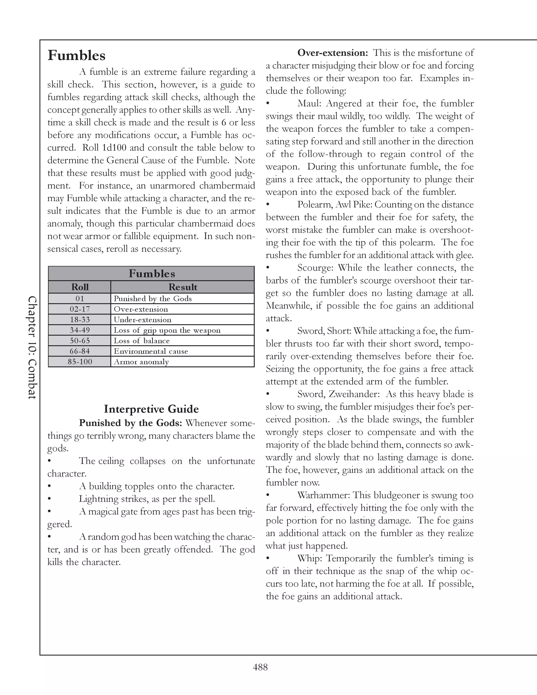Fumbles                                                            Over-extension: This is the misfortune of
                                                                               a character misjudging their blow or foe and forcing
                             A fumble is an extreme failure regarding a
                                                                               themselves or their weapon too far. Examples in-
                     skill check. This section, however, is a guide to
                                                                               clude the following:
                     fumbles regarding attack skill checks, although the
                                                                               •        Maul: Angered at their foe, the fumbler
                     concept generally applies to other skills as well. Any-
                                                                               swings their maul wildly, too wildly. The weight of
                     time a skill check is made and the result is 6 or less
                                                                               the weapon forces the fumbler to take a compen-
                     before any modifications occur, a Fumble has oc-
                                                                               sating step forward and still another in the direction
                     curred. Roll 1d100 and consult the table below to
                                                                               of the follow-through to regain control of the
                     determine the General Cause of the Fumble. Note
                                                                               weapon. During this unfortunate fumble, the foe
                     that these results must be applied with good judg-
                                                                               gains a free attack, the opportunity to plunge their
                     ment. For instance, an unarmored chambermaid
                                                                               weapon into the exposed back of the fumbler.
                     may Fumble while attacking a character, and the re-
                                                                               •        Polearm, Awl Pike: Counting on the distance
                     sult indicates that the Fumble is due to an armor
                                                                               between the fumbler and their foe for safety, the
                     anomaly, though this particular chambermaid does
                                                                               worst mistake the fumbler can make is overshoot-
                     not wear armor or fallible equipment. In such non-
                                                                               ing their foe with the tip of this polearm. The foe
                     sensical cases, reroll as necessary.
                                                                               rushes the fumbler for an additional attack with glee.
                                                                               •        Scourge: While the leather connects, the
                                            Fum ble s                          barbs of the fumbler’s scourge overshoot their tar-
                           Roll                        Re s ult
                             01         Puni she d by the Gods
                                                                               get so the fumbler does no lasting damage at all.
Chapter 10: Combat




                           0 2 -1 7     O v e r-e xte nsi on                   Meanwhile, if possible the foe gains an additional
                           1 8 -3 3     Unde r-e xte nsi on                    attack.
                           3 4 -4 9     Loss of gri p upon the we a pon        •        Sword, Short: While attacking a foe, the fum-
                           5 0 -6 5     Loss of ba l a nc e                    bler thrusts too far with their short sword, tempo-
                          6 6 -8 4      E nv i ronme nta l c a use
                          8 5 -1 0 0    Ar mor a noma l y
                                                                               rarily over-extending themselves before their foe.
                                                                               Seizing the opportunity, the foe gains a free attack
                                                                               attempt at the extended arm of the fumbler.
                                                                               •        Sword, Zweihander: As this heavy blade is
                                       Interpretive Guide                      slow to swing, the fumbler misjudges their foe’s per-
                              Punished by the Gods: Whenever some-             ceived position. As the blade swings, the fumbler
                     things go terribly wrong, many characters blame the       wrongly steps closer to compensate and with the
                     gods.                                                     majority of the blade behind them, connects so awk-
                     •        The ceiling collapses on the unfortunate         wardly and slowly that no lasting damage is done.
                     character.                                                The foe, however, gains an additional attack on the
                     •        A building topples onto the character.           fumbler now.
                     •        Lightning strikes, as per the spell.             •        Warhammer: This bludgeoner is swung too
                     •        A magical gate from ages past has been trig-     far forward, effectively hitting the foe only with the
                     gered.                                                    pole portion for no lasting damage. The foe gains
                     •        A random god has been watching the charac-       an additional attack on the fumbler as they realize
                     ter, and is or has been greatly offended. The god         what just happened.
                     kills the character.                                      •        Whip: Temporarily the fumbler’s timing is
                                                                               off in their technique as the snap of the whip oc-
                                                                               curs too late, not harming the foe at all. If possible,
                                                                               the foe gains an additional attack.




                                                                           488
 
