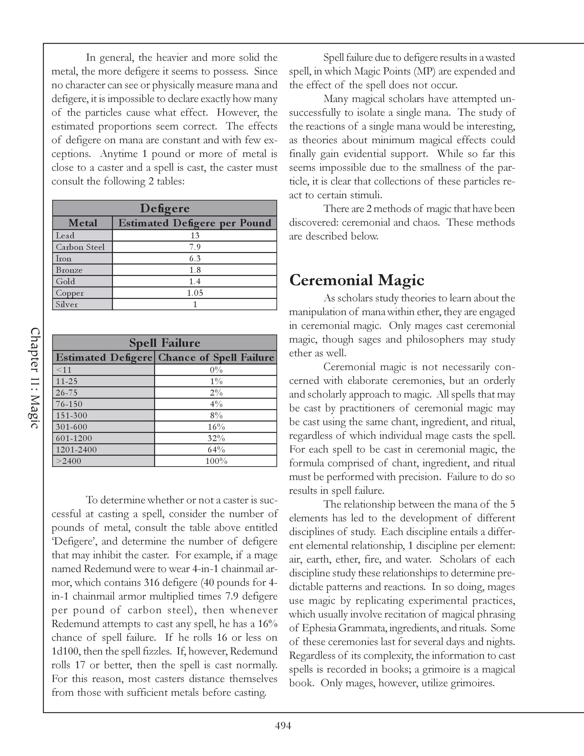 In general, the heavier and more solid the                     Spell failure due to defigere results in a wasted
                    metal, the more defigere it seems to possess. Since         spell, in which Magic Points (MP) are expended and
                    no character can see or physically measure mana and         the effect of the spell does not occur.
                    defigere, it is impossible to declare exactly how many                 Many magical scholars have attempted un-
                    of the particles cause what effect. However, the            successfully to isolate a single mana. The study of
                    estimated proportions seem correct. The effects             the reactions of a single mana would be interesting,
                    of defigere on mana are constant and with few ex-           as theories about minimum magical effects could
                    ceptions. Anytime 1 pound or more of metal is               finally gain evidential support. While so far this
                    close to a caster and a spell is cast, the caster must      seems impossible due to the smallness of the par-
                    consult the following 2 tables:                             ticle, it is clear that collections of these particles re-
                                                                                act to certain stimuli.
                                            D e fige re                                    There are 2 methods of magic that have been
                         Me tal         Es tim ate d D e fige re pe r Pound     discovered: ceremonial and chaos. These methods
                     Le a d                             13                      are described below.
                     Ca rbon Ste e l                   7.9
                     Iron                               6.3
                     Bronze                             1.8
                     Gol d                             1.4                      Ceremonial Magic
                     Coppe r                           1.05
                                                                                         As scholars study theories to learn about the
                     Si l v e r                          1
                                                                                manipulation of mana within ether, they are engaged
                                                                                in ceremonial magic. Only mages cast ceremonial
Chapter 11: Magic




                                          Spe ll Failure                        magic, though sages and philosophers may study
                    Es tim ate d D e fige re Chanc e of Spe ll Failure          ether as well.
                     <1 1                                       0%                       Ceremonial magic is not necessarily con-
                     1 1 -2 5                                  1%               cerned with elaborate ceremonies, but an orderly
                     2 6 -7 5                                  2%               and scholarly approach to magic. All spells that may
                     7 6 -1 5 0                                4%               be cast by practitioners of ceremonial magic may
                     1 5 1 -3 0 0                              8%
                     3 0 1 -6 0 0                             16%               be cast using the same chant, ingredient, and ritual,
                     6 0 1 -1 2 0 0                            32%              regardless of which individual mage casts the spell.
                     1 2 0 1 -2 4 0 0                         64%               For each spell to be cast in ceremonial magic, the
                     >2 4 0 0                                 100%              formula comprised of chant, ingredient, and ritual
                                                                                must be performed with precision. Failure to do so
                                                                                results in spell failure.
                            To determine whether or not a caster is suc-                 The relationship between the mana of the 5
                    cessful at casting a spell, consider the number of          elements has led to the development of different
                    pounds of metal, consult the table above entitled           disciplines of study. Each discipline entails a differ-
                    ‘Defigere’, and determine the number of defigere            ent elemental relationship, 1 discipline per element:
                    that may inhibit the caster. For example, if a mage         air, earth, ether, fire, and water. Scholars of each
                    named Redemund were to wear 4-in-1 chainmail ar-            discipline study these relationships to determine pre-
                    mor, which contains 316 defigere (40 pounds for 4-          dictable patterns and reactions. In so doing, mages
                    in-1 chainmail armor multiplied times 7.9 defigere          use magic by replicating experimental practices,
                    per pound of carbon steel), then whenever                   which usually involve recitation of magical phrasing
                    Redemund attempts to cast any spell, he has a 16%           of Ephesia Grammata, ingredients, and rituals. Some
                    chance of spell failure. If he rolls 16 or less on          of these ceremonies last for several days and nights.
                    1d100, then the spell fizzles. If, however, Redemund        Regardless of its complexity, the information to cast
                    rolls 17 or better, then the spell is cast normally.        spells is recorded in books; a grimoire is a magical
                    For this reason, most casters distance themselves           book. Only mages, however, utilize grimoires.
                    from those with sufficient metals before casting.

                                                                              494
 