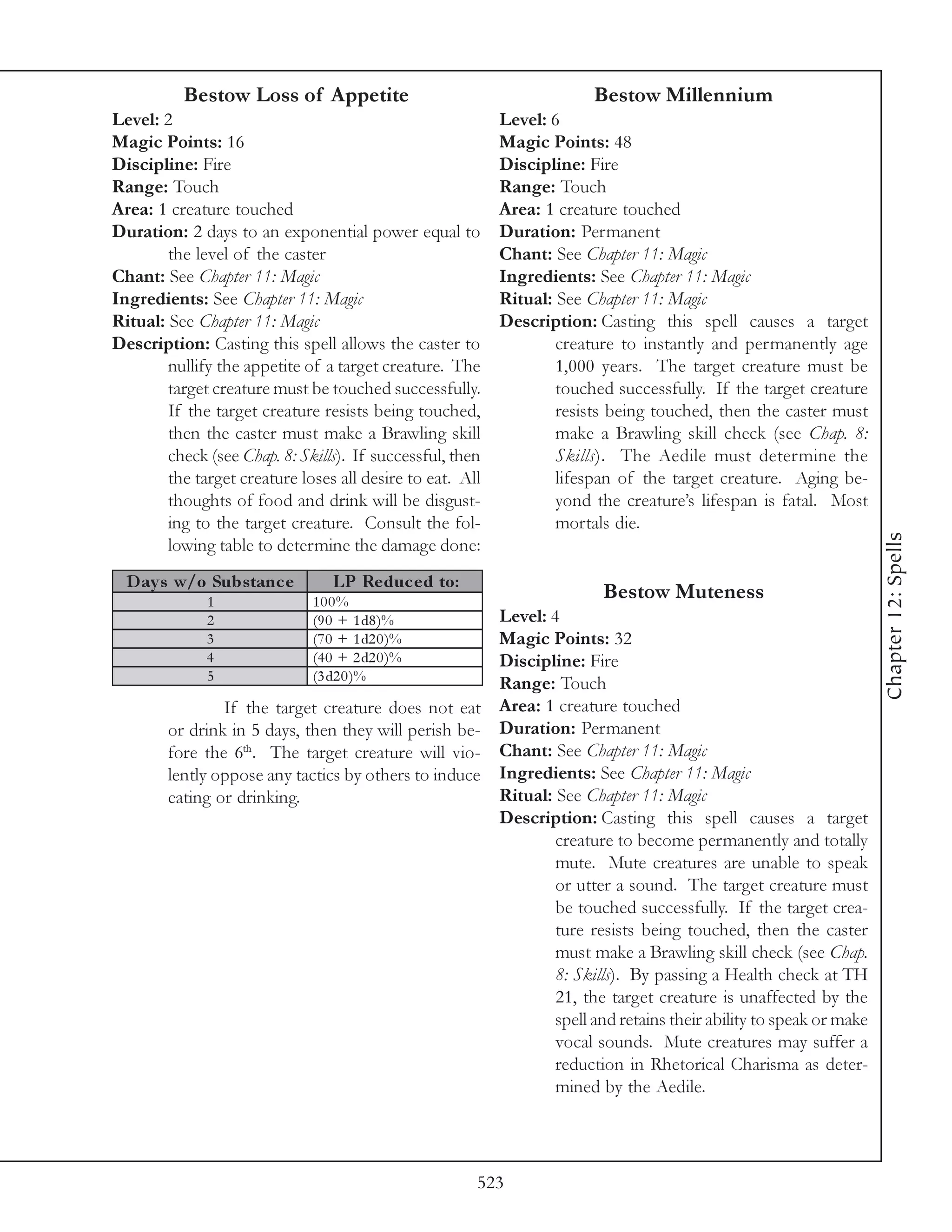 Bestow Loss of Appetite                                       Bestow Millennium
Level: 2                                                   Level: 6
Magic Points: 16                                           Magic Points: 48
Discipline: Fire                                           Discipline: Fire
Range: Touch                                               Range: Touch
Area: 1 creature touched                                   Area: 1 creature touched
Duration: 2 days to an exponential power equal to          Duration: Permanent
        the level of the caster                            Chant: See Chapter 11: Magic
Chant: See Chapter 11: Magic                               Ingredients: See Chapter 11: Magic
Ingredients: See Chapter 11: Magic                         Ritual: See Chapter 11: Magic
Ritual: See Chapter 11: Magic                              Description: Casting this spell causes a target
Description: Casting this spell allows the caster to               creature to instantly and permanently age
        nullify the appetite of a target creature. The             1,000 years. The target creature must be
        target creature must be touched successfully.              touched successfully. If the target creature
        If the target creature resists being touched,              resists being touched, then the caster must
        then the caster must make a Brawling skill                 make a Brawling skill check (see Chap. 8:
        check (see Chap. 8: Skills). If successful, then           Skills). The Aedile must determine the
        the target creature loses all desire to eat. All           lifespan of the target creature. Aging be-
        thoughts of food and drink will be disgust-                yond the creature’s lifespan is fatal. Most
        ing to the target creature. Consult the fol-               mortals die.




                                                                                                                  Chapter 12: Spells
        lowing table to determine the damage done:
  D ay s w/o Subs tanc e         LP Re duc e d to:
              1               100%
                                                                         Bestow Muteness
              2               (9 0 + 1 d8 )%          Level: 4
              3               (7 0 + 1 d2 0 )%        Magic Points: 32
              4               (4 0 + 2 d2 0 )%        Discipline: Fire
              5               (3 d2 0 )%
                                                      Range: Touch
                If the target creature does not eat Area: 1 creature touched
        or drink in 5 days, then they will perish be- Duration: Permanent
        fore the 6th. The target creature will vio- Chant: See Chapter 11: Magic
        lently oppose any tactics by others to induce Ingredients: See Chapter 11: Magic
        eating or drinking.                           Ritual: See Chapter 11: Magic
                                                      Description: Casting this spell causes a target
                                                              creature to become permanently and totally
                                                              mute. Mute creatures are unable to speak
                                                              or utter a sound. The target creature must
                                                              be touched successfully. If the target crea-
                                                              ture resists being touched, then the caster
                                                              must make a Brawling skill check (see Chap.
                                                              8: Skills). By passing a Health check at TH
                                                              21, the target creature is unaffected by the
                                                              spell and retains their ability to speak or make
                                                              vocal sounds. Mute creatures may suffer a
                                                              reduction in Rhetorical Charisma as deter-
                                                              mined by the Aedile.




                                                       523
 