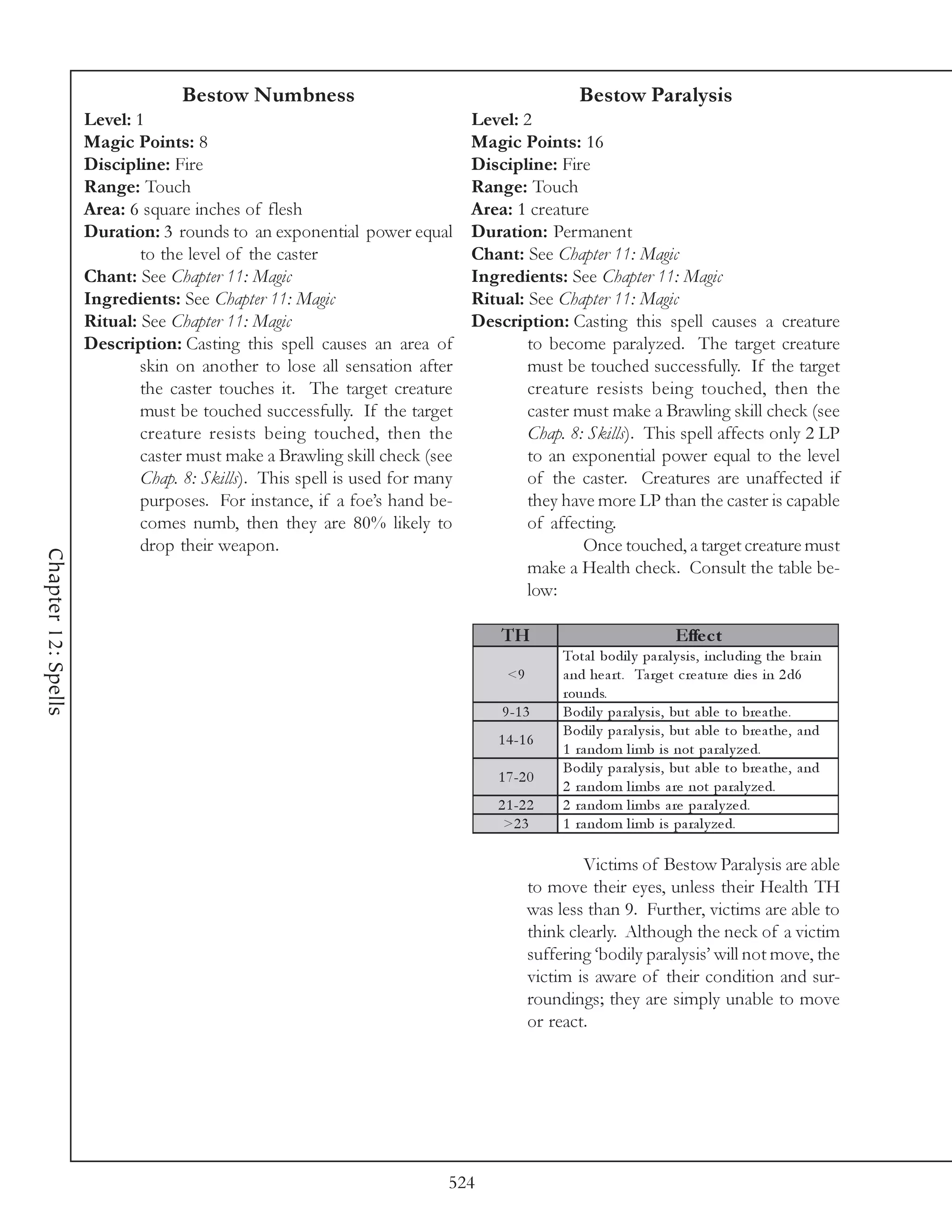 Bestow Numbness                                             Bestow Paralysis
                     Level: 1                                                Level: 2
                     Magic Points: 8                                         Magic Points: 16
                     Discipline: Fire                                        Discipline: Fire
                     Range: Touch                                            Range: Touch
                     Area: 6 square inches of flesh                          Area: 1 creature
                     Duration: 3 rounds to an exponential power equal        Duration: Permanent
                             to the level of the caster                      Chant: See Chapter 11: Magic
                     Chant: See Chapter 11: Magic                            Ingredients: See Chapter 11: Magic
                     Ingredients: See Chapter 11: Magic                      Ritual: See Chapter 11: Magic
                     Ritual: See Chapter 11: Magic                           Description: Casting this spell causes a creature
                     Description: Casting this spell causes an area of               to become paralyzed. The target creature
                             skin on another to lose all sensation after             must be touched successfully. If the target
                             the caster touches it. The target creature              creature resists being touched, then the
                             must be touched successfully. If the target             caster must make a Brawling skill check (see
                             creature resists being touched, then the                Chap. 8: Skills). This spell affects only 2 LP
                             caster must make a Brawling skill check (see            to an exponential power equal to the level
                             Chap. 8: Skills). This spell is used for many           of the caster. Creatures are unaffected if
                             purposes. For instance, if a foe’s hand be-             they have more LP than the caster is capable
                             comes numb, then they are 80% likely to                 of affecting.
                             drop their weapon.                                              Once touched, a target creature must
Chapter 12: Spells




                                                                                     make a Health check. Consult the table be-
                                                                                     low:

                                                                                 TH                                 Effe c t
                                                                                            Tota l bodi l y pa ra l y si s, i nc l udi ng the bra i n
                                                                                  <9        a nd he a rt. Ta rge t c re a ture di e s i n 2 d6
                                                                                            rounds.
                                                                                 9 -1 3     Bodi l y pa ra l y si s, but a bl e to bre a the .
                                                                                            Bodi l y pa ra l y si s, but a bl e to bre a the , a nd
                                                                                1 4 -1 6
                                                                                            1 ra ndom l i mb i s not pa ra l y ze d.
                                                                                            Bodi l y pa ra l y si s, but a bl e to bre a the , a nd
                                                                                1 7 -2 0
                                                                                            2 ra ndom l i mbs a re not pa ra l y ze d.
                                                                                2 1 -2 2    2 ra ndom l i mbs a re pa ra l y ze d.
                                                                                 >2 3       1 ra ndom l i mb i s pa ra l y ze d.

                                                                                               Victims of Bestow Paralysis are able
                                                                                       to move their eyes, unless their Health TH
                                                                                       was less than 9. Further, victims are able to
                                                                                       think clearly. Although the neck of a victim
                                                                                       suffering ‘bodily paralysis’ will not move, the
                                                                                       victim is aware of their condition and sur-
                                                                                       roundings; they are simply unable to move
                                                                                       or react.




                                                                         524
 