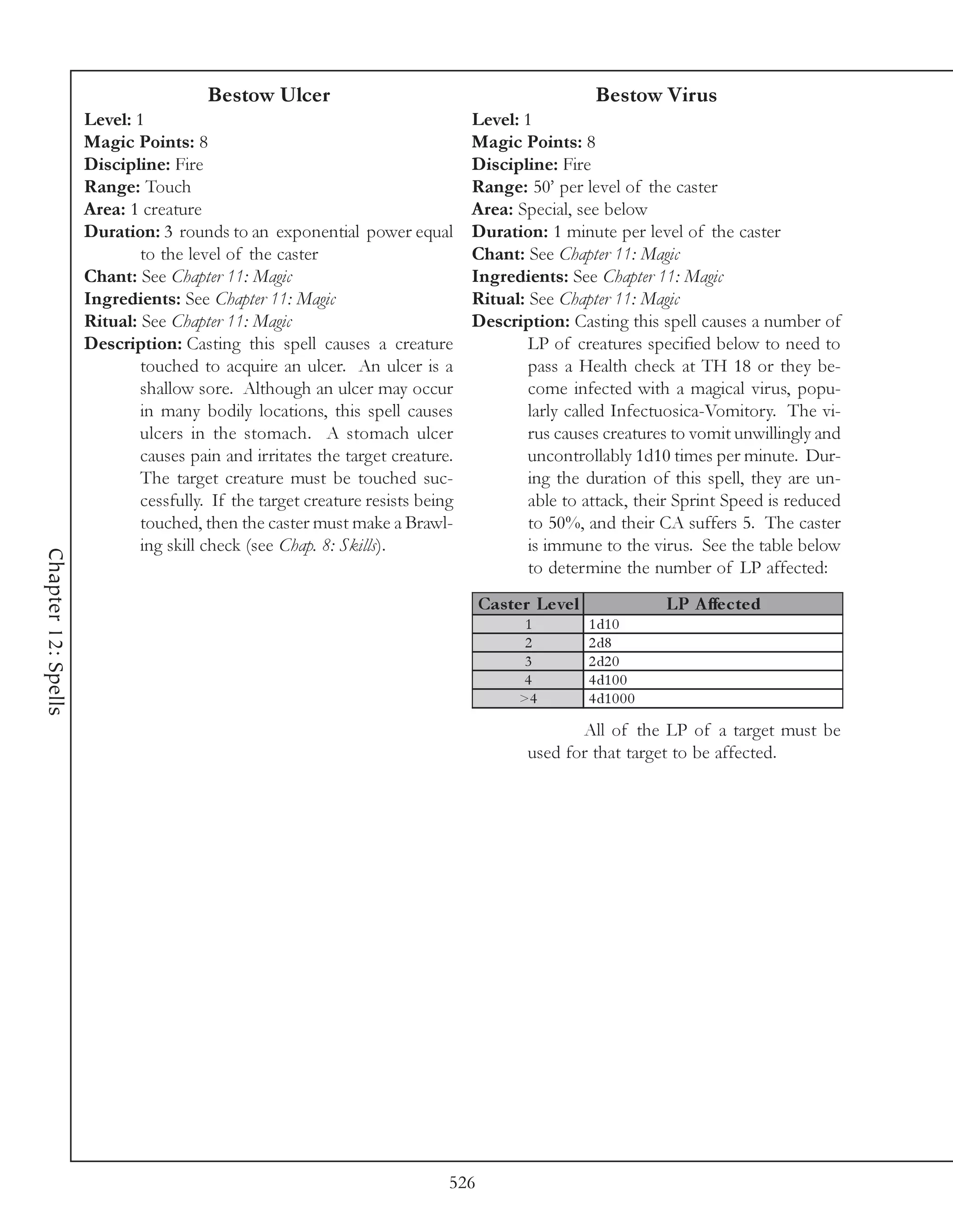 Bestow Ulcer                                                  Bestow Virus
                     Level: 1                                                  Level: 1
                     Magic Points: 8                                           Magic Points: 8
                     Discipline: Fire                                          Discipline: Fire
                     Range: Touch                                              Range: 50’ per level of the caster
                     Area: 1 creature                                          Area: Special, see below
                     Duration: 3 rounds to an exponential power equal          Duration: 1 minute per level of the caster
                             to the level of the caster                        Chant: See Chapter 11: Magic
                     Chant: See Chapter 11: Magic                              Ingredients: See Chapter 11: Magic
                     Ingredients: See Chapter 11: Magic                        Ritual: See Chapter 11: Magic
                     Ritual: See Chapter 11: Magic                             Description: Casting this spell causes a number of
                     Description: Casting this spell causes a creature                 LP of creatures specified below to need to
                             touched to acquire an ulcer. An ulcer is a                pass a Health check at TH 18 or they be-
                             shallow sore. Although an ulcer may occur                 come infected with a magical virus, popu-
                             in many bodily locations, this spell causes               larly called Infectuosica-Vomitory. The vi-
                             ulcers in the stomach. A stomach ulcer                    rus causes creatures to vomit unwillingly and
                             causes pain and irritates the target creature.            uncontrollably 1d10 times per minute. Dur-
                             The target creature must be touched suc-                  ing the duration of this spell, they are un-
                             cessfully. If the target creature resists being           able to attack, their Sprint Speed is reduced
                             touched, then the caster must make a Brawl-               to 50%, and their CA suffers 5. The caster
                             ing skill check (see Chap. 8: Skills).                    is immune to the virus. See the table below
Chapter 12: Spells




                                                                                       to determine the number of LP affected:
                                                                                 Cas te r Le ve l                LP A ffe c te d
                                                                                        1           1 d1 0
                                                                                        2           2 d8
                                                                                        3           2 d2 0
                                                                                       4            4 d1 0 0
                                                                                       >4           4 d1 0 0 0

                                                                                               All of the LP of a target must be
                                                                                        used for that target to be affected.




                                                                           526
 
