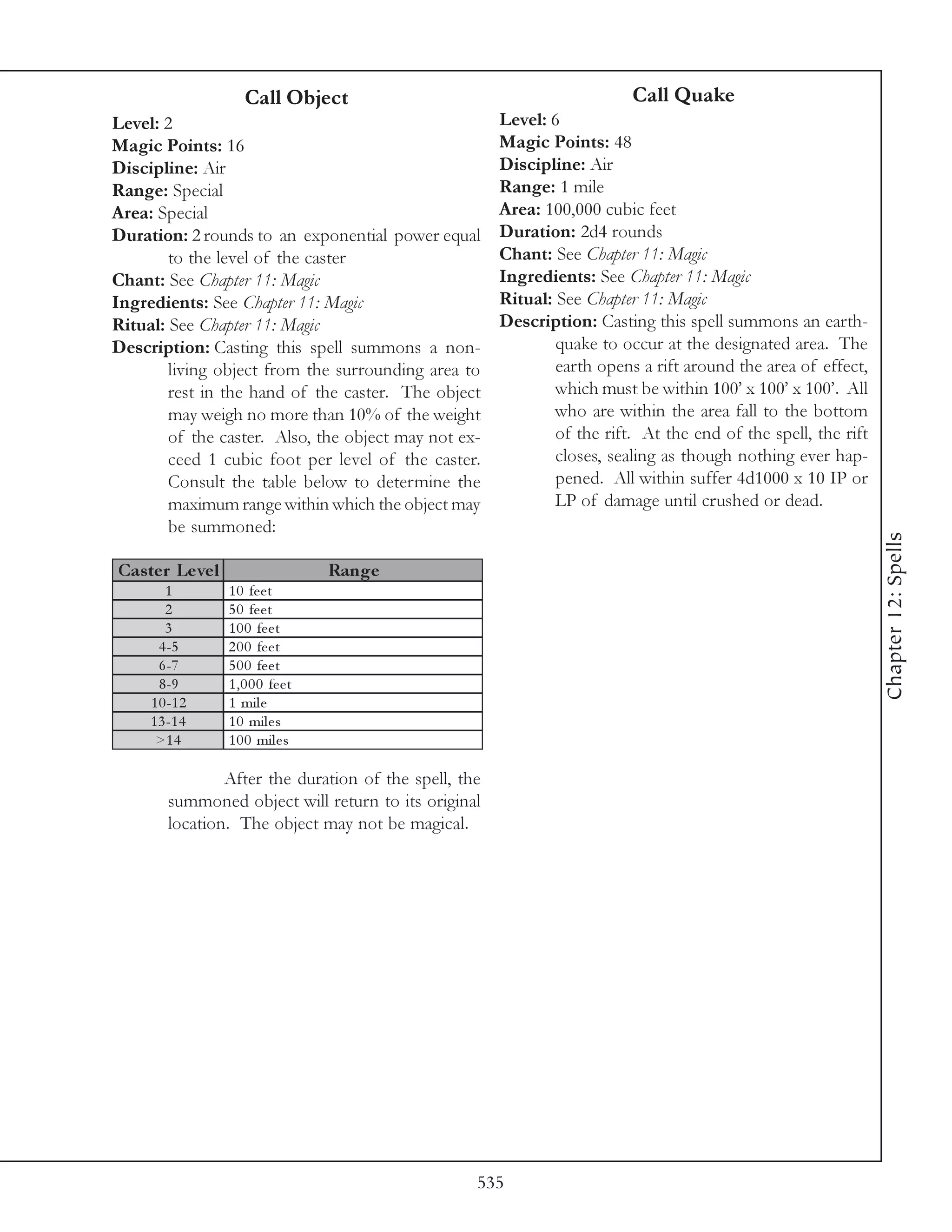 Call Object                                        Call Quake
Level: 2                                               Level: 6
Magic Points: 16                                       Magic Points: 48
Discipline: Air                                        Discipline: Air
Range: Special                                         Range: 1 mile
Area: Special                                          Area: 100,000 cubic feet
Duration: 2 rounds to an exponential power equal       Duration: 2d4 rounds
        to the level of the caster                     Chant: See Chapter 11: Magic
Chant: See Chapter 11: Magic                           Ingredients: See Chapter 11: Magic
Ingredients: See Chapter 11: Magic                     Ritual: See Chapter 11: Magic
Ritual: See Chapter 11: Magic                          Description: Casting this spell summons an earth-
Description: Casting this spell summons a non-                 quake to occur at the designated area. The
        living object from the surrounding area to             earth opens a rift around the area of effect,
        rest in the hand of the caster. The object             which must be within 100’ x 100’ x 100’. All
        may weigh no more than 10% of the weight               who are within the area fall to the bottom
        of the caster. Also, the object may not ex-            of the rift. At the end of the spell, the rift
        ceed 1 cubic foot per level of the caster.             closes, sealing as though nothing ever hap-
        Consult the table below to determine the               pened. All within suffer 4d1000 x 10 IP or
        maximum range within which the object may              LP of damage until crushed or dead.
        be summoned:




                                                                                                                Chapter 12: Spells
Cas te r Le ve l                      Range
        1          1 0 fe e t
        2          5 0 fe e t
        3          1 0 0 fe e t
       4 -5        2 0 0 fe e t
       6 -7        5 0 0 fe e t
       8 -9        1 , 0 0 0 fe e t
     1 0 -1 2      1 mi l e
     1 3 -1 4      1 0 mi l e s
      >1 4         1 0 0 mi l e s

                After the duration of the spell, the
        summoned object will return to its original
        location. The object may not be magical.




                                                   535
 