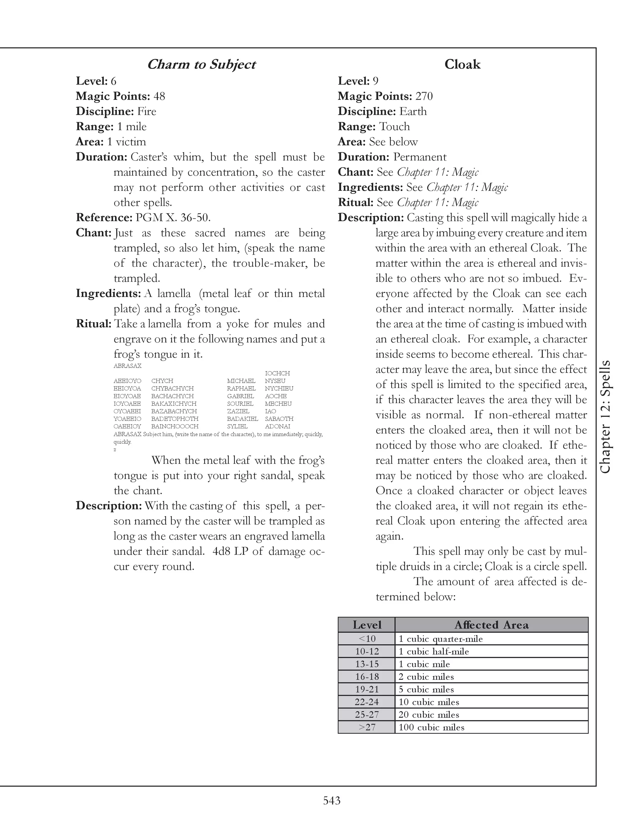 Charm to Subject                                                                       Cloak
Level: 6                                                                                  Level: 9
Magic Points: 48                                                                          Magic Points: 270
Discipline: Fire                                                                          Discipline: Earth
Range: 1 mile                                                                             Range: Touch
Area: 1 victim                                                                            Area: See below
Duration: Caster’s whim, but the spell must be                                            Duration: Permanent
        maintained by concentration, so the caster                                        Chant: See Chapter 11: Magic
        may not perform other activities or cast                                          Ingredients: See Chapter 11: Magic
        other spells.                                                                     Ritual: See Chapter 11: Magic
Reference: PGM X. 36-50.                                                                  Description: Casting this spell will magically hide a
Chant: Just as these sacred names are being                                                       large area by imbuing every creature and item
        trampled, so also let him, (speak the name                                                within the area with an ethereal Cloak. The
        of the character), the trouble-maker, be                                                  matter within the area is ethereal and invis-
        trampled.                                                                                 ible to others who are not so imbued. Ev-
Ingredients: A lamella (metal leaf or thin metal                                                  eryone affected by the Cloak can see each
        plate) and a frog’s tongue.                                                               other and interact normally. Matter inside
Ritual: Take a lamella from a yoke for mules and                                                  the area at the time of casting is imbued with
        engrave on it the following names and put a                                               an ethereal cloak. For example, a character
        frog’s tongue in it.                                                                      inside seems to become ethereal. This char-




                                                                                                                                                       Chapter 12: Spells
      ABRASAX
                                                                 IOCHCH                           acter may leave the area, but since the effect
      AEEIOYO    CHYCH                          MICHAEL          NYSEU
      EEIOYOA    CHYBACHYCH                     RAPHAEL NYCHIEU                                   of this spell is limited to the specified area,
      EIOYOAE    BACHACHYCH                     GABRIEL          AOCHE
      IOYOAEE    BAKAXICHYCH                    SOURIEL          MECHEU                           if this character leaves the area they will be
      OYOAEEI    BAZABACHYCH                    ZAZIEL           IAO
      YOAEEIO    BADETOPHOTH                    BADAKIEL SABAOTH                                  visible as normal. If non-ethereal matter
      OAEEIOY    BAINCHOOOCH                    SYLIEL           ADONAI
      ABRASAX Subject him, (write the name of the character), to me immediately; quickly,         enters the cloaked area, then it will not be
      quickly.
      z                                                                                           noticed by those who are cloaked. If ethe-
                 When the metal leaf with the frog’s                                              real matter enters the cloaked area, then it
      tongue is put into your right sandal, speak                                                 may be noticed by those who are cloaked.
      the chant.                                                                                  Once a cloaked character or object leaves
Description: With the casting of this spell, a per-                                               the cloaked area, it will not regain its ethe-
      son named by the caster will be trampled as                                                 real Cloak upon entering the affected area
      long as the caster wears an engraved lamella                                                again.
      under their sandal. 4d8 LP of damage oc-                                                             This spell may only be cast by mul-
      cur every round.                                                                            tiple druids in a circle; Cloak is a circle spell.
                                                                                                           The amount of area affected is de-
                                                                                                  termined below:

                                                                                Le ve l                       A ffe c te d A re a
                                                                                 <1 0        1 c ubi c qua rte r-mi l e
                                                                                1 0 -1 2     1 c ubi c ha l f-mi l e
                                                                                1 3 -1 5     1 c ubi c mi l e
                                                                                1 6 -1 8     2 c ubi c mi l e s
                                                                                1 9 -2 1     5 c ubi c mi l e s
                                                                                2 2 -2 4     1 0 c ubi c mi l e s
                                                                                2 5 -2 7     2 0 c ubi c mi l e s
                                                                                 >2 7        1 0 0 c ubi c mi l e s




                                                                       543
 
