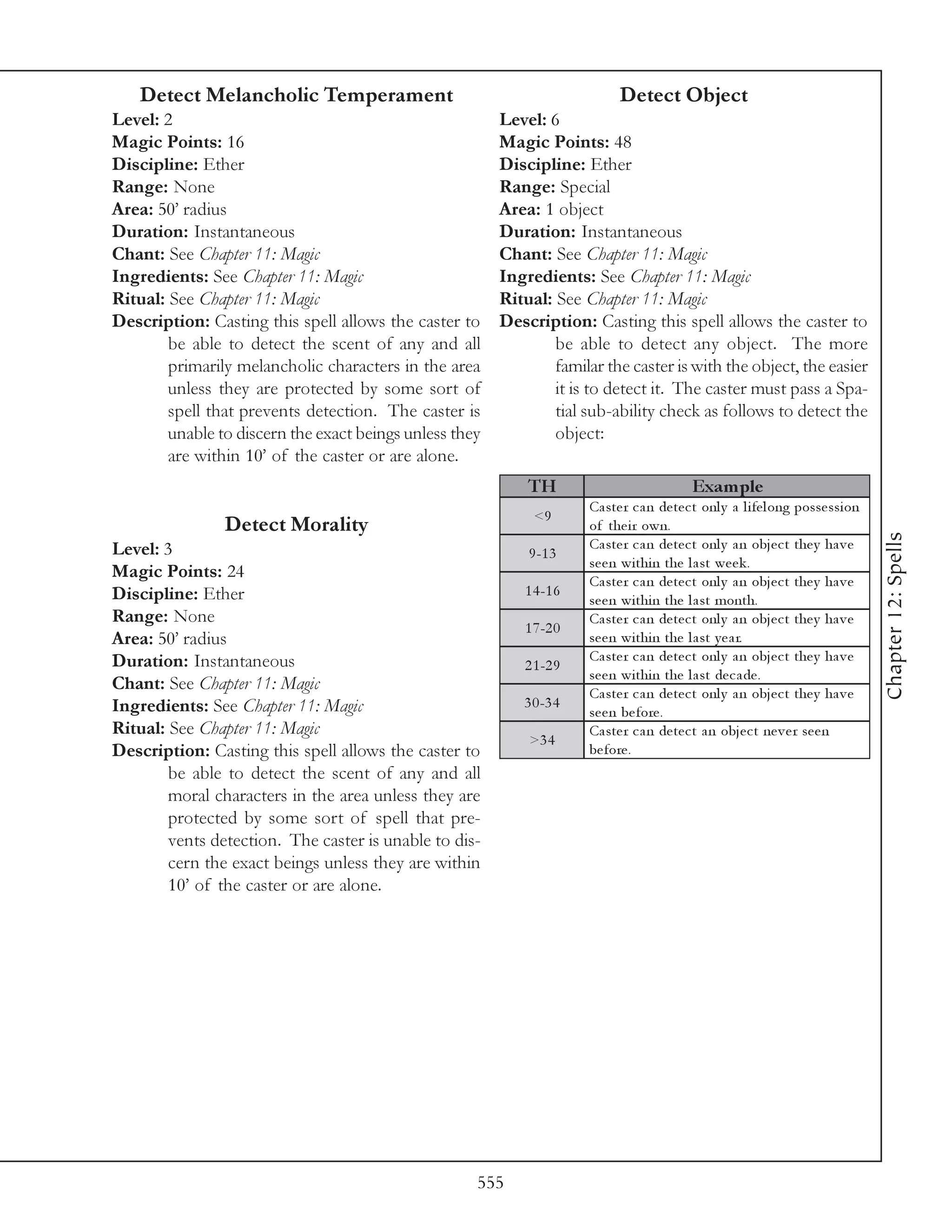 Detect Melancholic Temperament                                           Detect Object
Level: 2                                                 Level: 6
Magic Points: 16                                         Magic Points: 48
Discipline: Ether                                        Discipline: Ether
Range: None                                              Range: Special
Area: 50’ radius                                         Area: 1 object
Duration: Instantaneous                                  Duration: Instantaneous
Chant: See Chapter 11: Magic                             Chant: See Chapter 11: Magic
Ingredients: See Chapter 11: Magic                       Ingredients: See Chapter 11: Magic
Ritual: See Chapter 11: Magic                            Ritual: See Chapter 11: Magic
Description: Casting this spell allows the caster to     Description: Casting this spell allows the caster to
        be able to detect the scent of any and all               be able to detect any object. The more
        primarily melancholic characters in the area             familar the caster is with the object, the easier
        unless they are protected by some sort of                it is to detect it. The caster must pass a Spa-
        spell that prevents detection. The caster is             tial sub-ability check as follows to detect the
        unable to discern the exact beings unless they           object:
        are within 10’ of the caster or are alone.
                                                             TH                              Exam ple
                                                                       Ca ste r c a n de te c t onl y a l i fe l ong posse ssi on
                                                              <9
                Detect Morality                                        of the i r own.




                                                                                                                                    Chapter 12: Spells
Level: 3                                                               Ca ste r c a n de te c t onl y a n obj e c t the y ha v e
                                                             9 -1 3
                                                                       se e n wi thi n the l a st we e k .
Magic Points: 24                                                       Ca ste r c a n de te c t onl y a n obj e c t the y ha v e
Discipline: Ether                                           1 4 -1 6
                                                                       se e n wi thi n the l a st month.
Range: None                                                            Ca ste r c a n de te c t onl y a n obj e c t the y ha v e
                                                            1 7 -2 0
Area: 50’ radius                                                       se e n wi thi n the l a st y e a r.
Duration: Instantaneous                                                Ca ste r c a n de te c t onl y a n obj e c t the y ha v e
                                                            2 1 -2 9
                                                                       se e n wi thi n the l a st de c a de .
Chant: See Chapter 11: Magic                                           Ca ste r c a n de te c t onl y a n obj e c t the y ha v e
Ingredients: See Chapter 11: Magic                          3 0 -3 4
                                                                       se e n be fore .
Ritual: See Chapter 11: Magic                                          Ca ste r c a n de te c t a n obj e c t ne v e r se e n
                                                             >3 4
Description: Casting this spell allows the caster to                   be fore .
        be able to detect the scent of any and all
        moral characters in the area unless they are
        protected by some sort of spell that pre-
        vents detection. The caster is unable to dis-
        cern the exact beings unless they are within
        10’ of the caster or are alone.




                                                     555
 