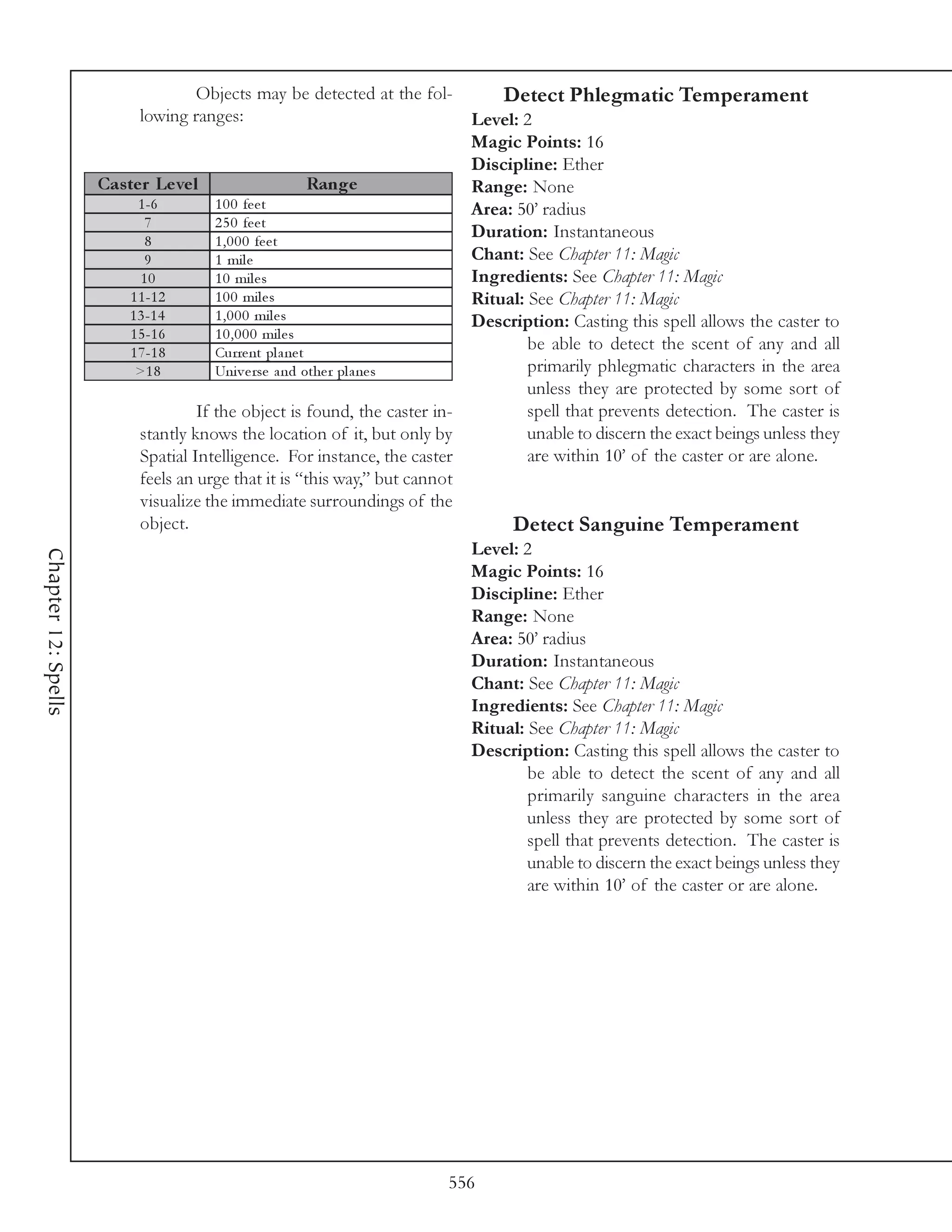 Objects may be detected at the fol-           Detect Phlegmatic Temperament
                           lowing ranges:                                   Level: 2
                                                                            Magic Points: 16
                                                                            Discipline: Ether
                     Cas te r Le ve l                        Range          Range: None
                           1 -6         1 0 0 fe e t                        Area: 50’ radius
                            7           2 5 0 fe e t
                            8           1 , 0 0 0 fe e t
                                                                            Duration: Instantaneous
                            9           1 mi l e                            Chant: See Chapter 11: Magic
                           10           1 0 mi l e s                        Ingredients: See Chapter 11: Magic
                         1 1 -1 2       1 0 0 mi l e s                      Ritual: See Chapter 11: Magic
                         1 3 -1 4       1 , 0 0 0 mi l e s                  Description: Casting this spell allows the caster to
                         1 5 -1 6       1 0 , 0 0 0 mi l e s
                         1 7 -1 8       Curre nt pl a ne t
                                                                                    be able to detect the scent of any and all
                          >1 8          Uni v e rse a nd othe r pl a ne s           primarily phlegmatic characters in the area
                                                                                    unless they are protected by some sort of
                                     If the object is found, the caster in-         spell that prevents detection. The caster is
                           stantly knows the location of it, but only by            unable to discern the exact beings unless they
                           Spatial Intelligence. For instance, the caster           are within 10’ of the caster or are alone.
                           feels an urge that it is “this way,” but cannot
                           visualize the immediate surroundings of the
                           object.                                               Detect Sanguine Temperament
                                                                            Level: 2
Chapter 12: Spells




                                                                            Magic Points: 16
                                                                            Discipline: Ether
                                                                            Range: None
                                                                            Area: 50’ radius
                                                                            Duration: Instantaneous
                                                                            Chant: See Chapter 11: Magic
                                                                            Ingredients: See Chapter 11: Magic
                                                                            Ritual: See Chapter 11: Magic
                                                                            Description: Casting this spell allows the caster to
                                                                                    be able to detect the scent of any and all
                                                                                    primarily sanguine characters in the area
                                                                                    unless they are protected by some sort of
                                                                                    spell that prevents detection. The caster is
                                                                                    unable to discern the exact beings unless they
                                                                                    are within 10’ of the caster or are alone.




                                                                        556
 