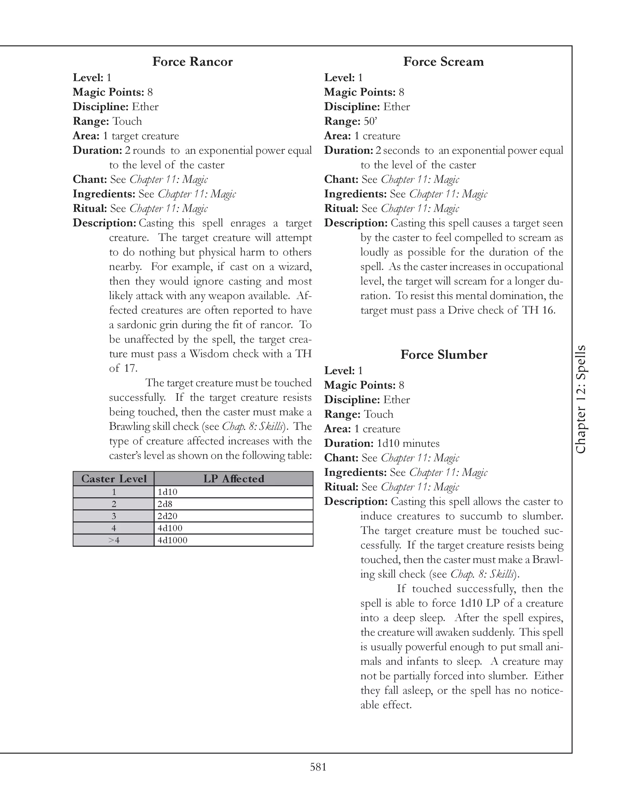 Force Rancor                                            Force Scream
Level: 1                                                  Level: 1
Magic Points: 8                                           Magic Points: 8
Discipline: Ether                                         Discipline: Ether
Range: Touch                                              Range: 50’
Area: 1 target creature                                   Area: 1 creature
Duration: 2 rounds to an exponential power equal          Duration: 2 seconds to an exponential power equal
        to the level of the caster                                to the level of the caster
Chant: See Chapter 11: Magic                              Chant: See Chapter 11: Magic
Ingredients: See Chapter 11: Magic                        Ingredients: See Chapter 11: Magic
Ritual: See Chapter 11: Magic                             Ritual: See Chapter 11: Magic
Description: Casting this spell enrages a target          Description: Casting this spell causes a target seen
        creature. The target creature will attempt                by the caster to feel compelled to scream as
        to do nothing but physical harm to others                 loudly as possible for the duration of the
        nearby. For example, if cast on a wizard,                 spell. As the caster increases in occupational
        then they would ignore casting and most                   level, the target will scream for a longer du-
        likely attack with any weapon available. Af-              ration. To resist this mental domination, the
        fected creatures are often reported to have               target must pass a Drive check of TH 16.
        a sardonic grin during the fit of rancor. To
        be unaffected by the spell, the target crea-




                                                                                                                    Chapter 12: Spells
        ture must pass a Wisdom check with a TH                            Force Slumber
        of 17.                                            Level: 1
                  The target creature must be touched     Magic Points: 8
        successfully. If the target creature resists      Discipline: Ether
        being touched, then the caster must make a        Range: Touch
        Brawling skill check (see Chap. 8: Skills). The   Area: 1 creature
        type of creature affected increases with the      Duration: 1d10 minutes
        caster’s level as shown on the following table:   Chant: See Chapter 11: Magic
                                                          Ingredients: See Chapter 11: Magic
 Cas te r Le ve l                LP A ffe c te d
         1          1 d1 0                                Ritual: See Chapter 11: Magic
         2          2 d8                                  Description: Casting this spell allows the caster to
         3          2 d2 0                                        induce creatures to succumb to slumber.
        4           4 d1 0 0                                      The target creature must be touched suc-
        >4          4 d1 0 0 0
                                                                  cessfully. If the target creature resists being
                                                                  touched, then the caster must make a Brawl-
                                                                  ing skill check (see Chap. 8: Skills).
                                                                           If touched successfully, then the
                                                                  spell is able to force 1d10 LP of a creature
                                                                  into a deep sleep. After the spell expires,
                                                                  the creature will awaken suddenly. This spell
                                                                  is usually powerful enough to put small ani-
                                                                  mals and infants to sleep. A creature may
                                                                  not be partially forced into slumber. Either
                                                                  they fall asleep, or the spell has no notice-
                                                                  able effect.




                                                      581
 
