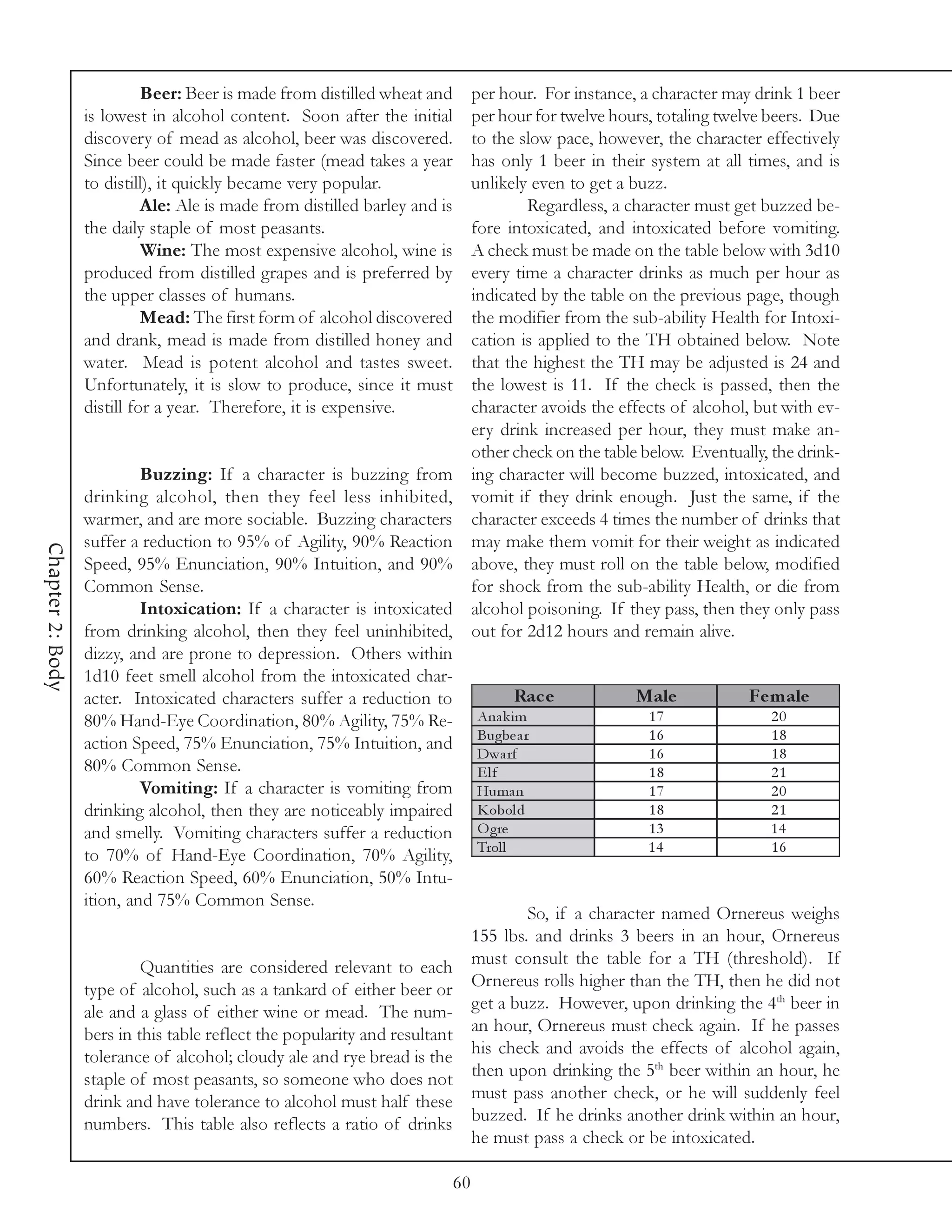 Beer: Beer is made from distilled wheat and   per hour. For instance, a character may drink 1 beer
                  is lowest in alcohol content. Soon after the initial    per hour for twelve hours, totaling twelve beers. Due
                  discovery of mead as alcohol, beer was discovered.      to the slow pace, however, the character effectively
                  Since beer could be made faster (mead takes a year      has only 1 beer in their system at all times, and is
                  to distill), it quickly became very popular.            unlikely even to get a buzz.
                            Ale: Ale is made from distilled barley and is            Regardless, a character must get buzzed be-
                  the daily staple of most peasants.                      fore intoxicated, and intoxicated before vomiting.
                            Wine: The most expensive alcohol, wine is     A check must be made on the table below with 3d10
                  produced from distilled grapes and is preferred by      every time a character drinks as much per hour as
                  the upper classes of humans.                            indicated by the table on the previous page, though
                            Mead: The first form of alcohol discovered    the modifier from the sub-ability Health for Intoxi-
                  and drank, mead is made from distilled honey and        cation is applied to the TH obtained below. Note
                  water. Mead is potent alcohol and tastes sweet.         that the highest the TH may be adjusted is 24 and
                  Unfortunately, it is slow to produce, since it must     the lowest is 11. If the check is passed, then the
                  distill for a year. Therefore, it is expensive.         character avoids the effects of alcohol, but with ev-
                                                                          ery drink increased per hour, they must make an-
                                                                          other check on the table below. Eventually, the drink-
                           Buzzing: If a character is buzzing from ing character will become buzzed, intoxicated, and
                  drinking alcohol, then they feel less inhibited, vomit if they drink enough. Just the same, if the
                  warmer, and are more sociable. Buzzing characters character exceeds 4 times the number of drinks that
                  suffer a reduction to 95% of Agility, 90% Reaction may make them vomit for their weight as indicated
Chapter 2: Body




                  Speed, 95% Enunciation, 90% Intuition, and 90% above, they must roll on the table below, modified
                  Common Sense.                                           for shock from the sub-ability Health, or die from
                           Intoxication: If a character is intoxicated alcohol poisoning. If they pass, then they only pass
                  from drinking alcohol, then they feel uninhibited, out for 2d12 hours and remain alive.
                  dizzy, and are prone to depression. Others within
                  1d10 feet smell alcohol from the intoxicated char-
                  acter. Intoxicated characters suffer a reduction to             Rac e             Male            Fe m ale
                  80% Hand-Eye Coordination, 80% Agility, 75% Re-          Ana k i m                  17               20
                                                                           Bugbe a r                  16               18
                  action Speed, 75% Enunciation, 75% Intuition, and
                                                                           Dwa rf                     16               18
                  80% Common Sense.                                        Elf                        18               21
                           Vomiting: If a character is vomiting from Huma n                           17               20
                  drinking alcohol, then they are noticeably impaired      Kobol d                    18               21
                  and smelly. Vomiting characters suffer a reduction       O gre                      13               14
                  to 70% of Hand-Eye Coordination, 70% Agility, Trol l                                14               16
                  60% Reaction Speed, 60% Enunciation, 50% Intu-
                  ition, and 75% Common Sense.
                                                                                     So, if a character named Ornereus weighs
                                                                          155 lbs. and drinks 3 beers in an hour, Ornereus
                           Quantities are considered relevant to each must consult the table for a TH (threshold). If
                  type of alcohol, such as a tankard of either beer or Ornereus rolls higher than the TH, then he did not
                                                                                                                        th
                  ale and a glass of either wine or mead. The num- get a buzz. However, upon drinking the 4 beer in
                  bers in this table reflect the popularity and resultant an hour, Ornereus must check again. If he passes
                  tolerance of alcohol; cloudy ale and rye bread is the his check and avoids the theffects of alcohol again,
                  staple of most peasants, so someone who does not then upon drinking the 5 beer within an hour, he
                  drink and have tolerance to alcohol must half these must pass another check, or he will suddenly feel
                  numbers. This table also reflects a ratio of drinks buzzed. If he drinks another drink within an hour,
                                                                          he must pass a check or be intoxicated.

                                                                            60
 