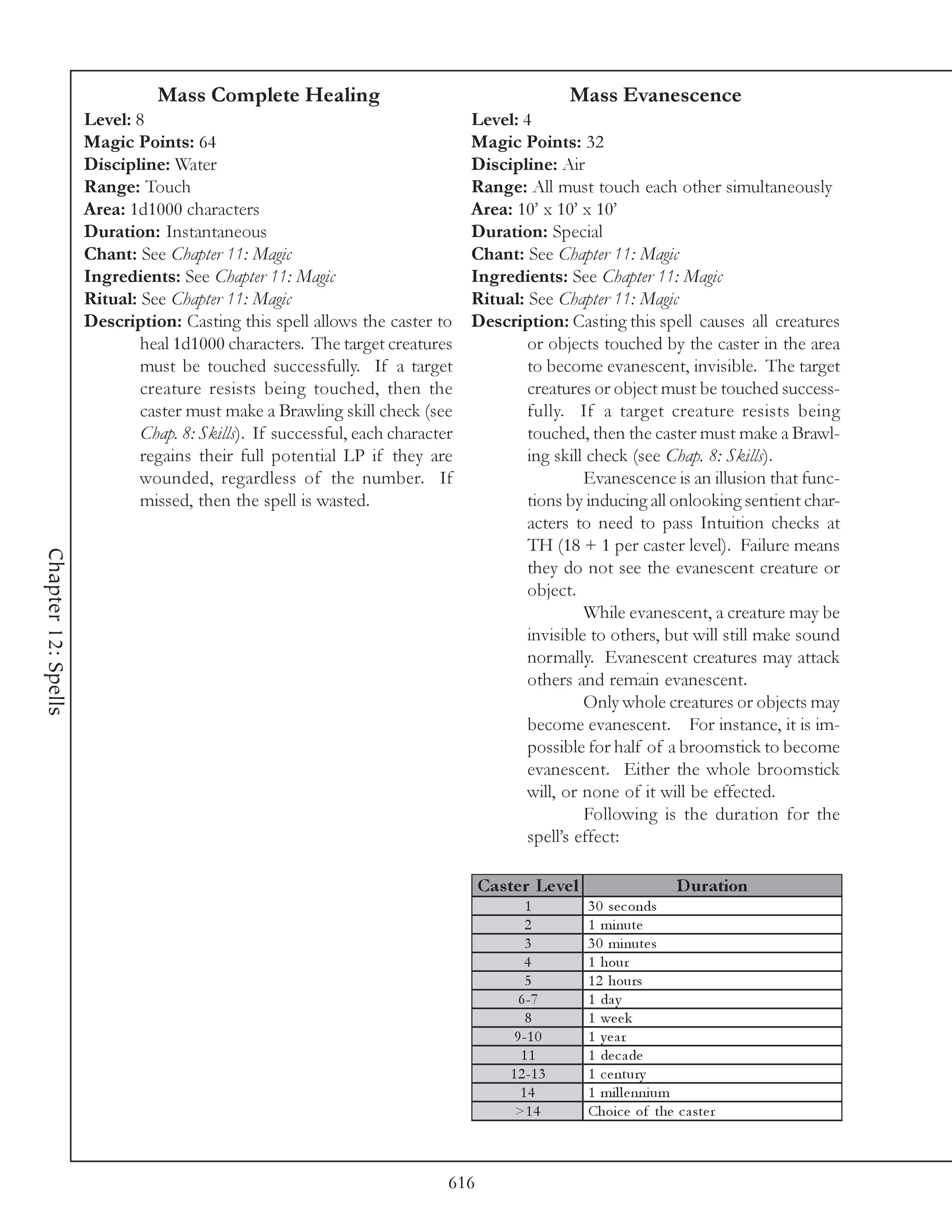 Mass Complete Healing                                             Mass Evanescence
                     Level: 8                                                  Level: 4
                     Magic Points: 64                                          Magic Points: 32
                     Discipline: Water                                         Discipline: Air
                     Range: Touch                                              Range: All must touch each other simultaneously
                     Area: 1d1000 characters                                   Area: 10’ x 10’ x 10’
                     Duration: Instantaneous                                   Duration: Special
                     Chant: See Chapter 11: Magic                              Chant: See Chapter 11: Magic
                     Ingredients: See Chapter 11: Magic                        Ingredients: See Chapter 11: Magic
                     Ritual: See Chapter 11: Magic                             Ritual: See Chapter 11: Magic
                     Description: Casting this spell allows the caster to      Description: Casting this spell causes all creatures
                             heal 1d1000 characters. The target creatures              or objects touched by the caster in the area
                             must be touched successfully. If a target                 to become evanescent, invisible. The target
                             creature resists being touched, then the                  creatures or object must be touched success-
                             caster must make a Brawling skill check (see              fully. If a target creature resists being
                             Chap. 8: Skills). If successful, each character           touched, then the caster must make a Brawl-
                             regains their full potential LP if they are               ing skill check (see Chap. 8: Skills).
                             wounded, regardless of the number. If                              Evanescence is an illusion that func-
                             missed, then the spell is wasted.                         tions by inducing all onlooking sentient char-
                                                                                       acters to need to pass Intuition checks at
                                                                                       TH (18 + 1 per caster level). Failure means
Chapter 12: Spells




                                                                                       they do not see the evanescent creature or
                                                                                       object.
                                                                                                While evanescent, a creature may be
                                                                                       invisible to others, but will still make sound
                                                                                       normally. Evanescent creatures may attack
                                                                                       others and remain evanescent.
                                                                                                Only whole creatures or objects may
                                                                                       become evanescent. For instance, it is im-
                                                                                       possible for half of a broomstick to become
                                                                                       evanescent. Either the whole broomstick
                                                                                       will, or none of it will be effected.
                                                                                                Following is the duration for the
                                                                                       spell’s effect:

                                                                                 Cas te r Le ve l                    D uration
                                                                                         1          3 0 se c onds
                                                                                         2          1 mi nute
                                                                                         3          3 0 mi nute s
                                                                                         4          1 hour
                                                                                         5          1 2 hours
                                                                                        6 -7        1 da y
                                                                                         8          1 we e k
                                                                                       9 -1 0       1 year
                                                                                        11          1 de c a de
                                                                                      1 2 -1 3      1 c e ntury
                                                                                        14          1 mi l l e nni um
                                                                                       >1 4         Choi c e of the c a ste r



                                                                           616
 