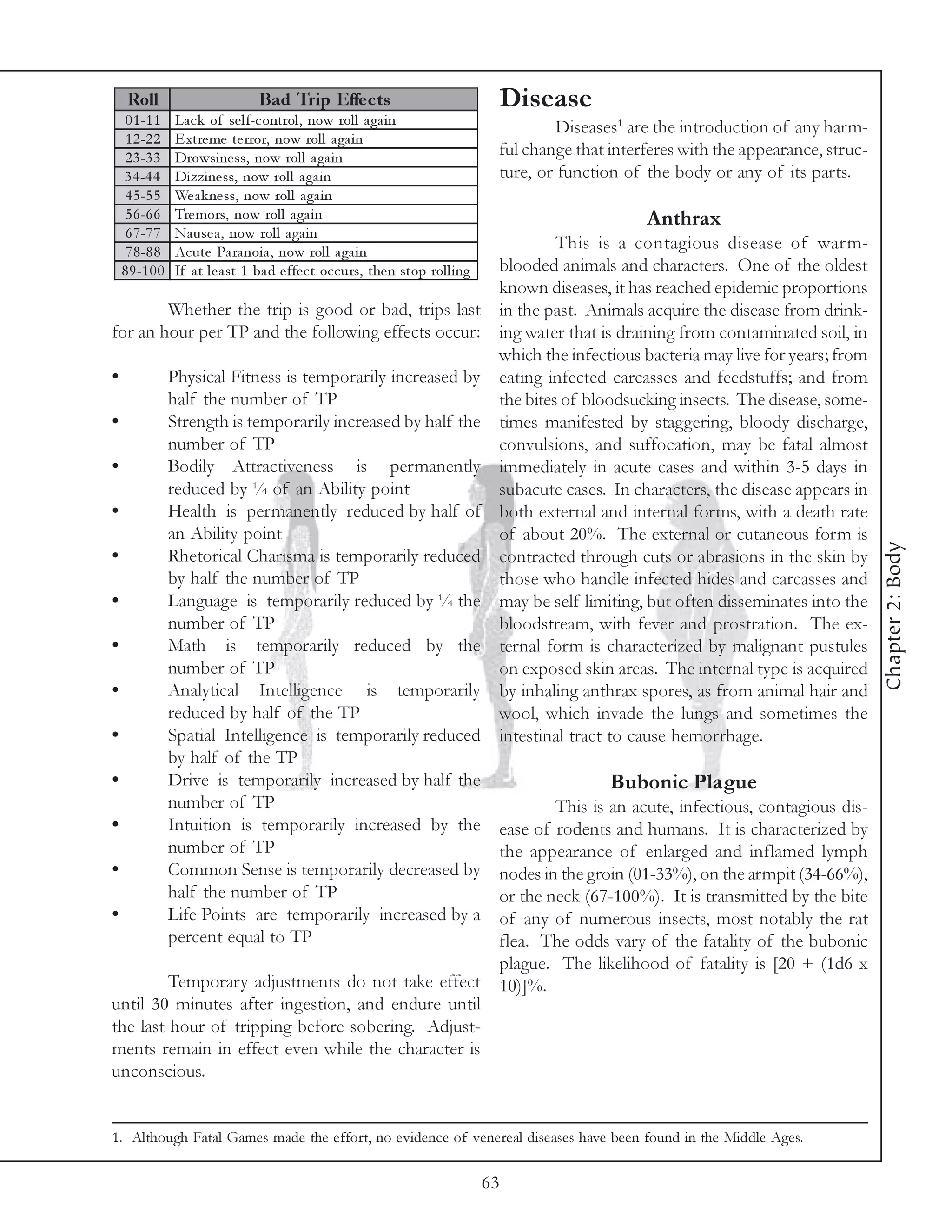 Roll                           Bad Trip Effe c ts                                Disease
     0 1 -1 1     La c k of se l f-c ontrol , now rol l a ga i n                              Diseases1 are the introduction of any harm-
     1 2 -2 2     E xtre me te rror, now rol l a ga i n
     2 3 -3 3     Drowsi ne ss, now rol l a ga i n                                    ful change that interferes with the appearance, struc-
    3 4 -4 4      Di zzi ne ss, now rol l a ga i n                                    ture, or function of the body or any of its parts.
     4 5 -5 5     We a k ne ss, now rol l a ga i n
     5 6 -6 6     Tre mors, now rol l a ga i n                                                             Anthrax
     6 7 -7 7     Na use a , now rol l a ga i n
     7 8 -8 8     Ac ute Pa ra noi a , now rol l a ga i n
                                                                                               This is a contagious disease of warm-
    8 9 -1 0 0    If a t l e a st 1 ba d e ffe c t oc c urs, the n stop rol l i ng    blooded animals and characters. One of the oldest
                                                                                      known diseases, it has reached epidemic proportions
        Whether the trip is good or bad, trips last                                   in the past. Animals acquire the disease from drink-
for an hour per TP and the following effects occur:                                   ing water that is draining from contaminated soil, in
                                                                                      which the infectious bacteria may live for years; from
•                Physical Fitness is temporarily increased by                         eating infected carcasses and feedstuffs; and from
                 half the number of TP                                                the bites of bloodsucking insects. The disease, some-
•                Strength is temporarily increased by half the                        times manifested by staggering, bloody discharge,
                 number of TP                                                         convulsions, and suffocation, may be fatal almost
•                Bodily Attractiveness is permanently                                 immediately in acute cases and within 3-5 days in
                 reduced by ¼ of an Ability point                                     subacute cases. In characters, the disease appears in
•                Health is permanently reduced by half of                             both external and internal forms, with a death rate
                 an Ability point                                                     of about 20%. The external or cutaneous form is




                                                                                                                                               Chapter 2: Body
•                Rhetorical Charisma is temporarily reduced                           contracted through cuts or abrasions in the skin by
                 by half the number of TP                                             those who handle infected hides and carcasses and
•                Language is temporarily reduced by ¼ the                             may be self-limiting, but often disseminates into the
                 number of TP                                                         bloodstream, with fever and prostration. The ex-
•                Math is temporarily reduced by the                                   ternal form is characterized by malignant pustules
                 number of TP                                                         on exposed skin areas. The internal type is acquired
•                Analytical Intelligence is temporarily                               by inhaling anthrax spores, as from animal hair and
                 reduced by half of the TP                                            wool, which invade the lungs and sometimes the
•                Spatial Intelligence is temporarily reduced                          intestinal tract to cause hemorrhage.
                 by half of the TP
•                Drive is temporarily increased by half the                                           Bubonic Plague
                 number of TP                                                                 This is an acute, infectious, contagious dis-
•                Intuition is temporarily increased by the                            ease of rodents and humans. It is characterized by
                 number of TP                                                         the appearance of enlarged and inflamed lymph
•                Common Sense is temporarily decreased by                             nodes in the groin (01-33%), on the armpit (34-66%),
                 half the number of TP                                                or the neck (67-100%). It is transmitted by the bite
•                Life Points are temporarily increased by a                           of any of numerous insects, most notably the rat
                 percent equal to TP                                                  flea. The odds vary of the fatality of the bubonic
                                                                                      plague. The likelihood of fatality is [20 + (1d6 x
         Temporary adjustments do not take effect                                     10)]%.
until 30 minutes after ingestion, and endure until
the last hour of tripping before sobering. Adjust-
ments remain in effect even while the character is
unconscious.


1. Although Fatal Games made the effort, no evidence of venereal diseases have been found in the Middle Ages.

                                                                                     63
 