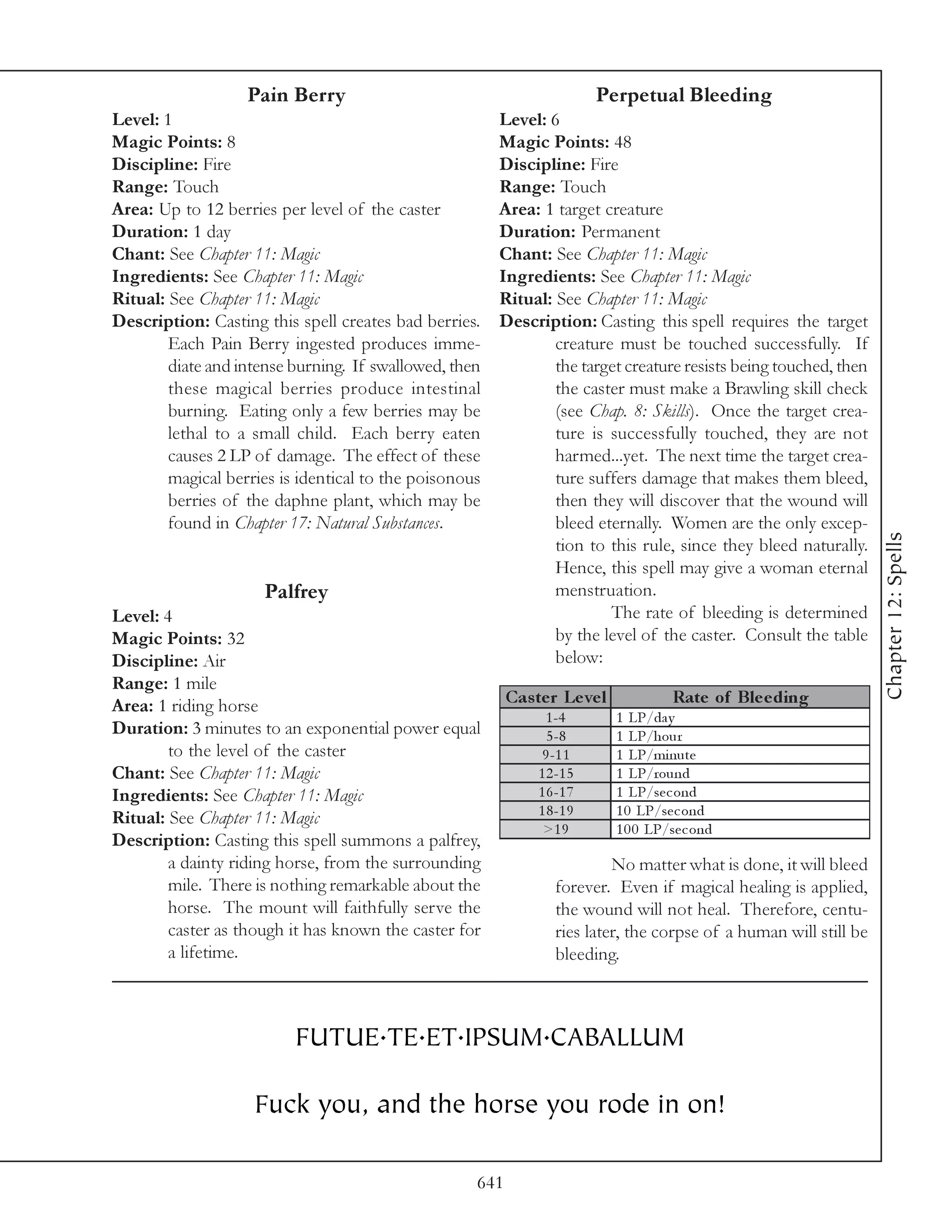 Pain Berry                                             Perpetual Bleeding
Level: 1                                                Level: 6
Magic Points: 8                                         Magic Points: 48
Discipline: Fire                                        Discipline: Fire
Range: Touch                                            Range: Touch
Area: Up to 12 berries per level of the caster          Area: 1 target creature
Duration: 1 day                                         Duration: Permanent
Chant: See Chapter 11: Magic                            Chant: See Chapter 11: Magic
Ingredients: See Chapter 11: Magic                      Ingredients: See Chapter 11: Magic
Ritual: See Chapter 11: Magic                           Ritual: See Chapter 11: Magic
Description: Casting this spell creates bad berries.    Description: Casting this spell requires the target
        Each Pain Berry ingested produces imme-                 creature must be touched successfully. If
        diate and intense burning. If swallowed, then           the target creature resists being touched, then
        these magical berries produce intestinal                the caster must make a Brawling skill check
        burning. Eating only a few berries may be               (see Chap. 8: Skills). Once the target crea-
        lethal to a small child. Each berry eaten               ture is successfully touched, they are not
        causes 2 LP of damage. The effect of these              harmed...yet. The next time the target crea-
        magical berries is identical to the poisonous           ture suffers damage that makes them bleed,
        berries of the daphne plant, which may be               then they will discover that the wound will
        found in Chapter 17: Natural Substances.                bleed eternally. Women are the only excep-




                                                                                                                    Chapter 12: Spells
                                                                tion to this rule, since they bleed naturally.
                                                                Hence, this spell may give a woman eternal
                     Palfrey                                    menstruation.
Level: 4                                                                The rate of bleeding is determined
Magic Points: 32                                                by the level of the caster. Consult the table
Discipline: Air                                                 below:
Range: 1 mile
Area: 1 riding horse                                      Cas te r Le ve l            Rate of Ble e ding
                                                                1 -4         1 LP/da y
Duration: 3 minutes to an exponential power equal                5 -8        1 LP/hour
        to the level of the caster                              9 -1 1       1 LP/mi nute
Chant: See Chapter 11: Magic                                   1 2 -1 5      1 LP/round
Ingredients: See Chapter 11: Magic                             1 6 -1 7      1 LP/se c ond
                                                               1 8 -1 9      1 0 LP/se c ond
Ritual: See Chapter 11: Magic
                                                                >1 9         1 0 0 LP/se c ond
Description: Casting this spell summons a palfrey,
        a dainty riding horse, from the surrounding                        No matter what is done, it will bleed
        mile. There is nothing remarkable about the               forever. Even if magical healing is applied,
        horse. The mount will faithfully serve the                the wound will not heal. Therefore, centu-
        caster as though it has known the caster for              ries later, the corpse of a human will still be
        a lifetime.                                               bleeding.



                          FUTUE.TE.ET.IPSUM.CABALLUM

                    Fuck you, and the horse you rode in on!

                                                    641
 