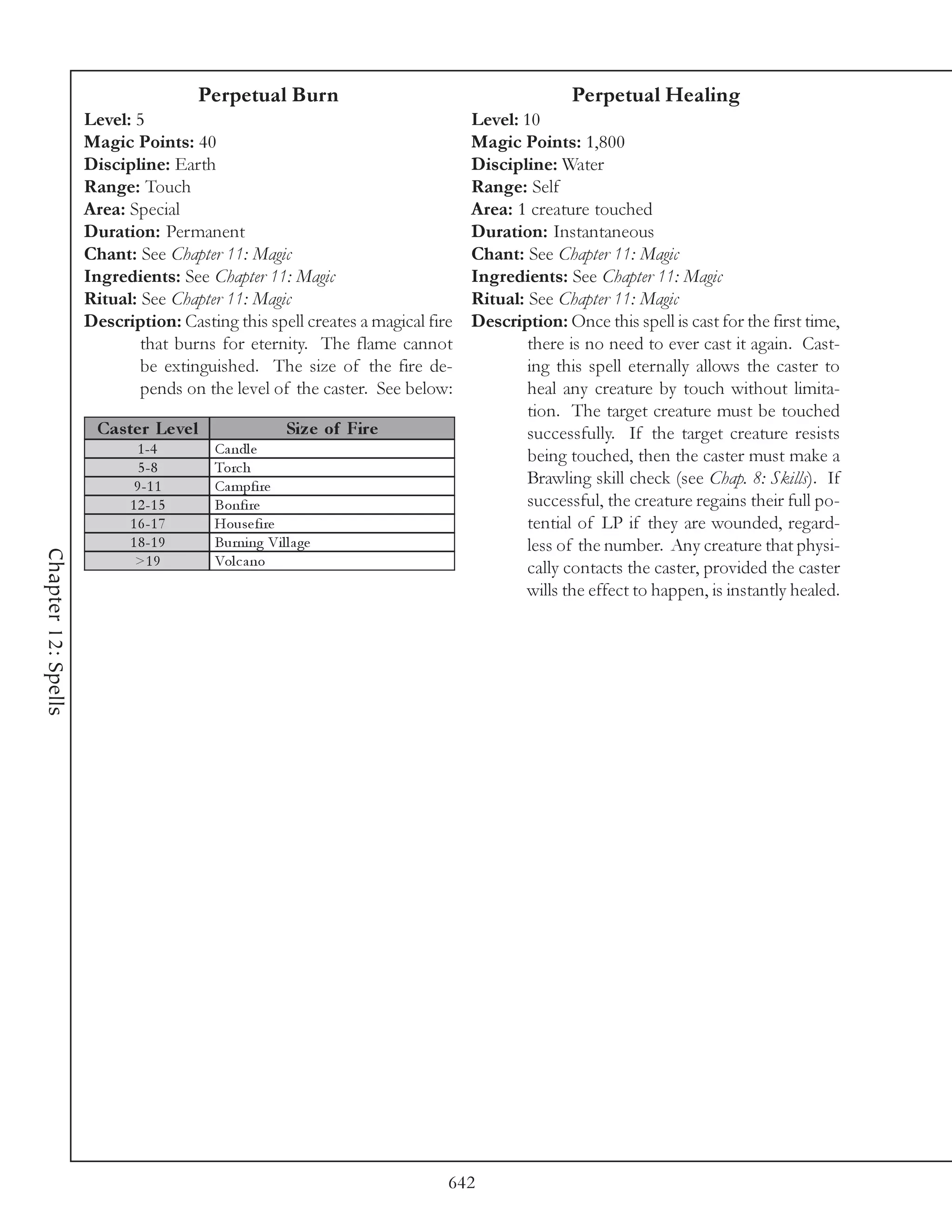Perpetual Burn                                         Perpetual Healing
                     Level: 5                                                 Level: 10
                     Magic Points: 40                                         Magic Points: 1,800
                     Discipline: Earth                                        Discipline: Water
                     Range: Touch                                             Range: Self
                     Area: Special                                            Area: 1 creature touched
                     Duration: Permanent                                      Duration: Instantaneous
                     Chant: See Chapter 11: Magic                             Chant: See Chapter 11: Magic
                     Ingredients: See Chapter 11: Magic                       Ingredients: See Chapter 11: Magic
                     Ritual: See Chapter 11: Magic                            Ritual: See Chapter 11: Magic
                     Description: Casting this spell creates a magical fire   Description: Once this spell is cast for the first time,
                             that burns for eternity. The flame cannot                there is no need to ever cast it again. Cast-
                             be extinguished. The size of the fire de-                ing this spell eternally allows the caster to
                             pends on the level of the caster. See below:             heal any creature by touch without limita-
                                                                                      tion. The target creature must be touched
                      Cas te r Le ve l                 Siz e of Fire                  successfully. If the target creature resists
                            1 -4         Ca ndl e                                     being touched, then the caster must make a
                             5 -8        Torc h
                            9 -1 1       Ca mpfi re                                   Brawling skill check (see Chap. 8: Skills). If
                           1 2 -1 5      Bonfi re                                     successful, the creature regains their full po-
                           1 6 -1 7      House fi re                                  tential of LP if they are wounded, regard-
                           1 8 -1 9      Burni ng Vi l l a ge                         less of the number. Any creature that physi-
Chapter 12: Spells




                            >1 9         Vol c a no                                   cally contacts the caster, provided the caster
                                                                                      wills the effect to happen, is instantly healed.




                                                                          642
 