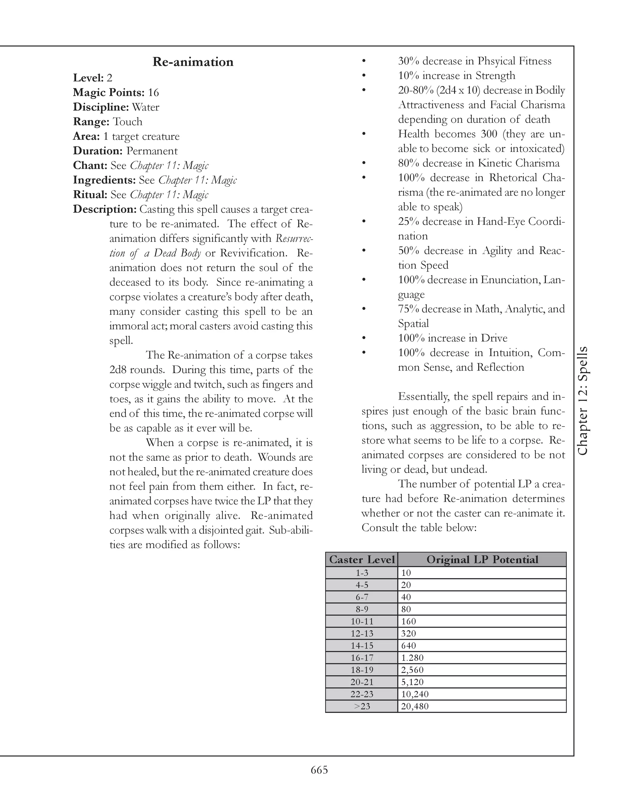 Re-animation                                      •          30% decrease in Phsyical Fitness
Level: 2                                                            •          10% increase in Strength
Magic Points: 16                                                    •          20-80% (2d4 x 10) decrease in Bodily
Discipline: Water                                                              Attractiveness and Facial Charisma
Range: Touch                                                                   depending on duration of death
Area: 1 target creature                                             •          Health becomes 300 (they are un-
Duration: Permanent                                                            able to become sick or intoxicated)
Chant: See Chapter 11: Magic                                        •          80% decrease in Kinetic Charisma
Ingredients: See Chapter 11: Magic                                  •          100% decrease in Rhetorical Cha-
Ritual: See Chapter 11: Magic                                                  risma (the re-animated are no longer
Description: Casting this spell causes a target crea-                          able to speak)
        ture to be re-animated. The effect of Re-                   •          25% decrease in Hand-Eye Coordi-
        animation differs significantly with Resurrec-                         nation
        tion of a Dead Body or Revivification. Re-                  •          50% decrease in Agility and Reac-
        animation does not return the soul of the                              tion Speed
        deceased to its body. Since re-animating a                  •          100% decrease in Enunciation, Lan-
        corpse violates a creature’s body after death,                         guage
        many consider casting this spell to be an                   •          75% decrease in Math, Analytic, and
        immoral act; moral casters avoid casting this                          Spatial
        spell.                                                      •          100% increase in Drive




                                                                                                                      Chapter 12: Spells
                 The Re-animation of a corpse takes                 •          100% decrease in Intuition, Com-
        2d8 rounds. During this time, parts of the                             mon Sense, and Reflection
        corpse wiggle and twitch, such as fingers and
        toes, as it gains the ability to move. At the                        Essentially, the spell repairs and in-
        end of this time, the re-animated corpse will               spires just enough of the basic brain func-
        be as capable as it ever will be.                           tions, such as aggression, to be able to re-
                 When a corpse is re-animated, it is                store what seems to be life to a corpse. Re-
        not the same as prior to death. Wounds are                  animated corpses are considered to be not
        not healed, but the re-animated creature does               living or dead, but undead.
        not feel pain from them either. In fact, re-                         The number of potential LP a crea-
        animated corpses have twice the LP that they                ture had before Re-animation determines
        had when originally alive. Re-animated                      whether or not the caster can re-animate it.
        corpses walk with a disjointed gait. Sub-abili-             Consult the table below:
        ties are modified as follows:
                                                            Cas te r Le ve l         O riginal LP Pote ntial
                                                                   1 -3        10
                                                                   4 -5        20
                                                                   6 -7        40
                                                                   8 -9        80
                                                                 1 0 -1 1      160
                                                                 1 2 -1 3      320
                                                                 1 4 -1 5      640
                                                                 1 6 -1 7      1.280
                                                                 1 8 -1 9      2,560
                                                                 2 0 -2 1      5,120
                                                                 2 2 -2 3      10,240
                                                                  >2 3         20,480




                                                      665
 