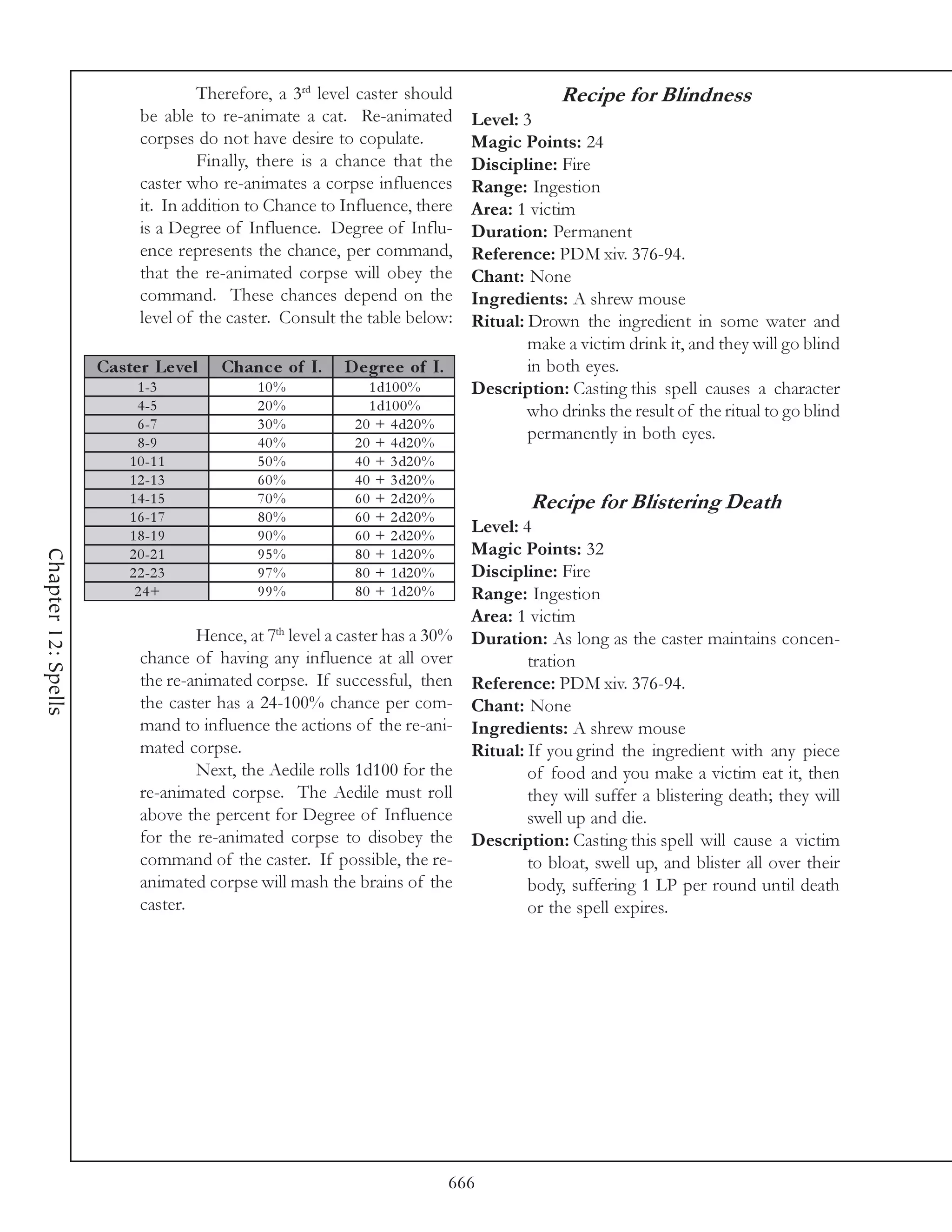 Therefore, a 3rd level caster should                  Recipe for Blindness
                            be able to re-animate a cat. Re-animated          Level: 3
                            corpses do not have desire to copulate.           Magic Points: 24
                                     Finally, there is a chance that the      Discipline: Fire
                            caster who re-animates a corpse influences        Range: Ingestion
                            it. In addition to Chance to Influence, there     Area: 1 victim
                            is a Degree of Influence. Degree of Influ-        Duration: Permanent
                            ence represents the chance, per command,          Reference: PDM xiv. 376-94.
                            that the re-animated corpse will obey the         Chant: None
                            command. These chances depend on the              Ingredients: A shrew mouse
                            level of the caster. Consult the table below:     Ritual: Drown the ingredient in some water and
                                                                                      make a victim drink it, and they will go blind
                     Cas te r Le ve l   Chanc e of I.    D e gre e of I.              in both eyes.
                            1 -3            10%               1 d1 0 0 %      Description: Casting this spell causes a character
                            4 -5            20%               1 d1 0 0 %              who drinks the result of the ritual to go blind
                            6 -7            30%            2 0 + 4 d2 0 %
                            8 -9            40%            2 0 + 4 d2 0 %
                                                                                      permanently in both eyes.
                          1 0 -1 1          50%            4 0 + 3 d2 0 %
                          1 2 -1 3          60%            4 0 + 3 d2 0 %
                          1 4 -1 5          70%            6 0 + 2 d2 0 %             Recipe for Blistering Death
                          1 6 -1 7          80%            6 0 + 2 d2 0 %
                          1 8 -1 9          90%            6 0 + 2 d2 0 %
                                                                           Level: 4
                                                                           Magic Points: 32
Chapter 12: Spells




                          2 0 -2 1          95%            8 0 + 1 d2 0 %
                          2 2 -2 3          97%            8 0 + 1 d2 0 %  Discipline: Fire
                           24+              99%            8 0 + 1 d2 0 %  Range: Ingestion
                                                                           Area: 1 victim
                                    Hence, at 7th level a caster has a 30% Duration: As long as the caster maintains concen-
                            chance of having any influence at all over             tration
                            the re-animated corpse. If successful, then Reference: PDM xiv. 376-94.
                            the caster has a 24-100% chance per com- Chant: None
                            mand to influence the actions of the re-ani- Ingredients: A shrew mouse
                            mated corpse.                                  Ritual: If you grind the ingredient with any piece
                                    Next, the Aedile rolls 1d100 for the           of food and you make a victim eat it, then
                            re-animated corpse. The Aedile must roll               they will suffer a blistering death; they will
                            above the percent for Degree of Influence              swell up and die.
                            for the re-animated corpse to disobey the Description: Casting this spell will cause a victim
                            command of the caster. If possible, the re-            to bloat, swell up, and blister all over their
                            animated corpse will mash the brains of the            body, suffering 1 LP per round until death
                            caster.                                                or the spell expires.




                                                                            666
 