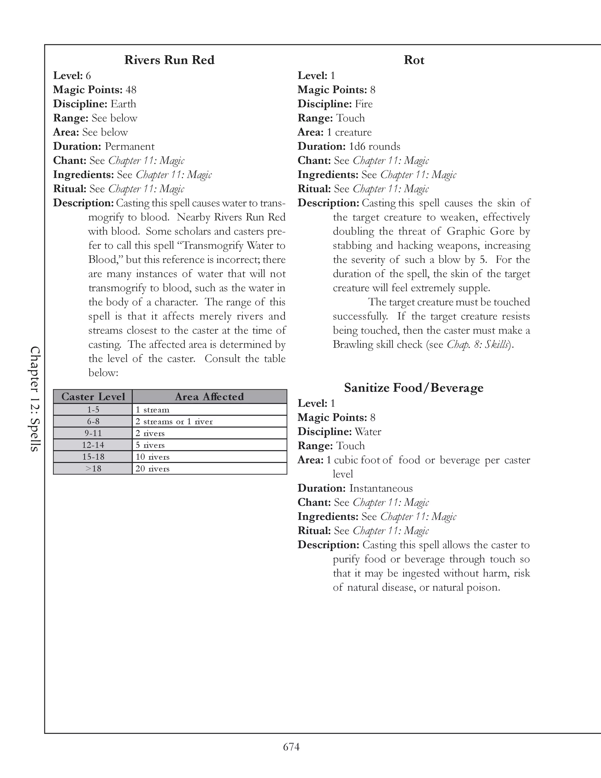 Rivers Run Red                                                  Rot
                     Level: 6                                                 Level: 1
                     Magic Points: 48                                         Magic Points: 8
                     Discipline: Earth                                        Discipline: Fire
                     Range: See below                                         Range: Touch
                     Area: See below                                          Area: 1 creature
                     Duration: Permanent                                      Duration: 1d6 rounds
                     Chant: See Chapter 11: Magic                             Chant: See Chapter 11: Magic
                     Ingredients: See Chapter 11: Magic                       Ingredients: See Chapter 11: Magic
                     Ritual: See Chapter 11: Magic                            Ritual: See Chapter 11: Magic
                     Description: Casting this spell causes water to trans-   Description: Casting this spell causes the skin of
                             mogrify to blood. Nearby Rivers Run Red                  the target creature to weaken, effectively
                             with blood. Some scholars and casters pre-               doubling the threat of Graphic Gore by
                             fer to call this spell “Transmogrify Water to            stabbing and hacking weapons, increasing
                             Blood,” but this reference is incorrect; there           the severity of such a blow by 5. For the
                             are many instances of water that will not                duration of the spell, the skin of the target
                             transmogrify to blood, such as the water in              creature will feel extremely supple.
                             the body of a character. The range of this                       The target creature must be touched
                             spell is that it affects merely rivers and               successfully. If the target creature resists
                             streams closest to the caster at the time of             being touched, then the caster must make a
                             casting. The affected area is determined by              Brawling skill check (see Chap. 8: Skills).
Chapter 12: Spells




                             the level of the caster. Consult the table
                             below:
                                                                                        Sanitize Food/Beverage
                      Cas te r Le ve l               A re a A ffe c te d
                             1 -5        1 stre a m
                                                                              Level: 1
                             6 -8        2 stre a ms or 1 ri v e r            Magic Points: 8
                            9 -1 1       2 ri v e rs                          Discipline: Water
                           1 2 -1 4      5 ri v e rs                          Range: Touch
                           1 5 -1 8      1 0 ri v e rs                        Area: 1 cubic foot of food or beverage per caster
                            >1 8         2 0 ri v e rs
                                                                                      level
                                                                              Duration: Instantaneous
                                                                              Chant: See Chapter 11: Magic
                                                                              Ingredients: See Chapter 11: Magic
                                                                              Ritual: See Chapter 11: Magic
                                                                              Description: Casting this spell allows the caster to
                                                                                      purify food or beverage through touch so
                                                                                      that it may be ingested without harm, risk
                                                                                      of natural disease, or natural poison.




                                                                           674
 