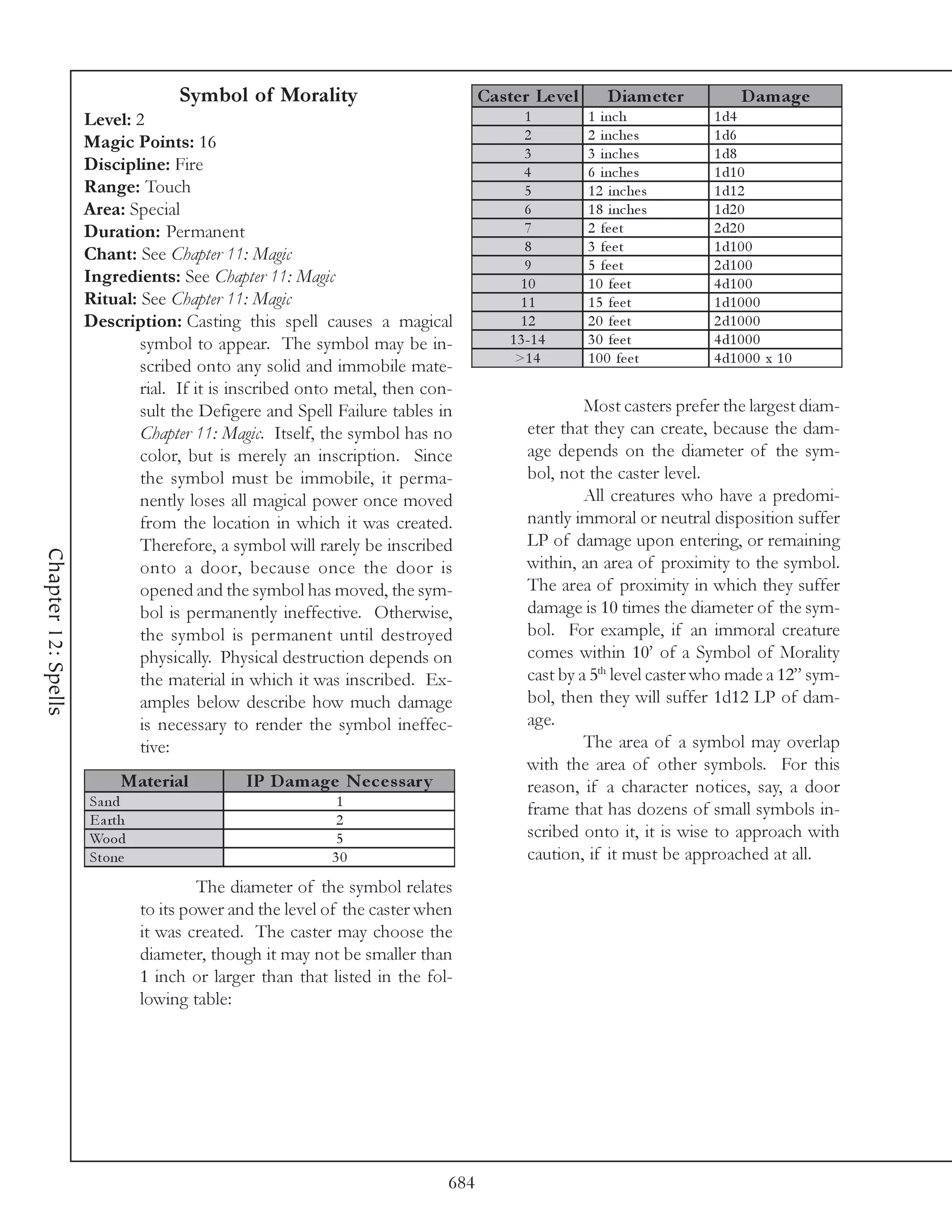 Symbol of Morality                             Cas te r Le ve l       D iam e te r        D am ag e
                     Level: 2                                                              1          1 i nc h           1 d4
                     Magic Points: 16                                                      2          2 i nc he s        1 d6
                                                                                           3          3 i nc he s        1 d8
                     Discipline: Fire                                                      4          6 i nc he s        1 d1 0
                     Range: Touch                                                          5          1 2 i nc he s      1 d1 2
                     Area: Special                                                         6          1 8 i nc he s      1 d2 0
                     Duration: Permanent                                                   7          2 fe e t           2 d2 0
                                                                                           8          3 fe e t           1 d1 0 0
                     Chant: See Chapter 11: Magic
                                                                                           9          5 fe e t           2 d1 0 0
                     Ingredients: See Chapter 11: Magic                                   10          1 0 fe e t         4 d1 0 0
                     Ritual: See Chapter 11: Magic                                        11          1 5 fe e t         1 d1 0 0 0
                     Description: Casting this spell causes a magical                     12          2 0 fe e t         2 d1 0 0 0
                             symbol to appear. The symbol may be in-                    1 3 -1 4      3 0 fe e t         4 d1 0 0 0
                                                                                         >1 4         1 0 0 fe e t       4 d1 0 0 0 x 1 0
                             scribed onto any solid and immobile mate-
                             rial. If it is inscribed onto metal, then con-
                             sult the Defigere and Spell Failure tables in                          Most casters prefer the largest diam-
                             Chapter 11: Magic. Itself, the symbol has no                  eter that they can create, because the dam-
                             color, but is merely an inscription. Since                    age depends on the diameter of the sym-
                             the symbol must be immobile, it perma-                        bol, not the caster level.
                             nently loses all magical power once moved                              All creatures who have a predomi-
                             from the location in which it was created.                    nantly immoral or neutral disposition suffer
                             Therefore, a symbol will rarely be inscribed                  LP of damage upon entering, or remaining
Chapter 12: Spells




                             onto a door, because once the door is                         within, an area of proximity to the symbol.
                             opened and the symbol has moved, the sym-                     The area of proximity in which they suffer
                             bol is permanently ineffective. Otherwise,                    damage is 10 times the diameter of the sym-
                             the symbol is permanent until destroyed                       bol. For example, if an immoral creature
                             physically. Physical destruction depends on                   comes within 10’ of a Symbol of Morality
                             the material in which it was inscribed. Ex-                   cast by a 5th level caster who made a 12” sym-
                             amples below describe how much damage                         bol, then they will suffer 1d12 LP of dam-
                             is necessary to render the symbol ineffec-                    age.
                             tive:                                                                  The area of a symbol may overlap
                                                                                           with the area of other symbols. For this
                           Mate rial          IP D am age N e c e s s ar y                 reason, if a character notices, say, a door
                     Sa nd                                 1
                                                                                           frame that has dozens of small symbols in-
                     E a rth                              2
                     Wood                                  5                               scribed onto it, it is wise to approach with
                     Stone                                30                               caution, if it must be approached at all.
                                        The diameter of the symbol relates
                               to its power and the level of the caster when
                               it was created. The caster may choose the
                               diameter, though it may not be smaller than
                               1 inch or larger than that listed in the fol-
                               lowing table:




                                                                             684
 