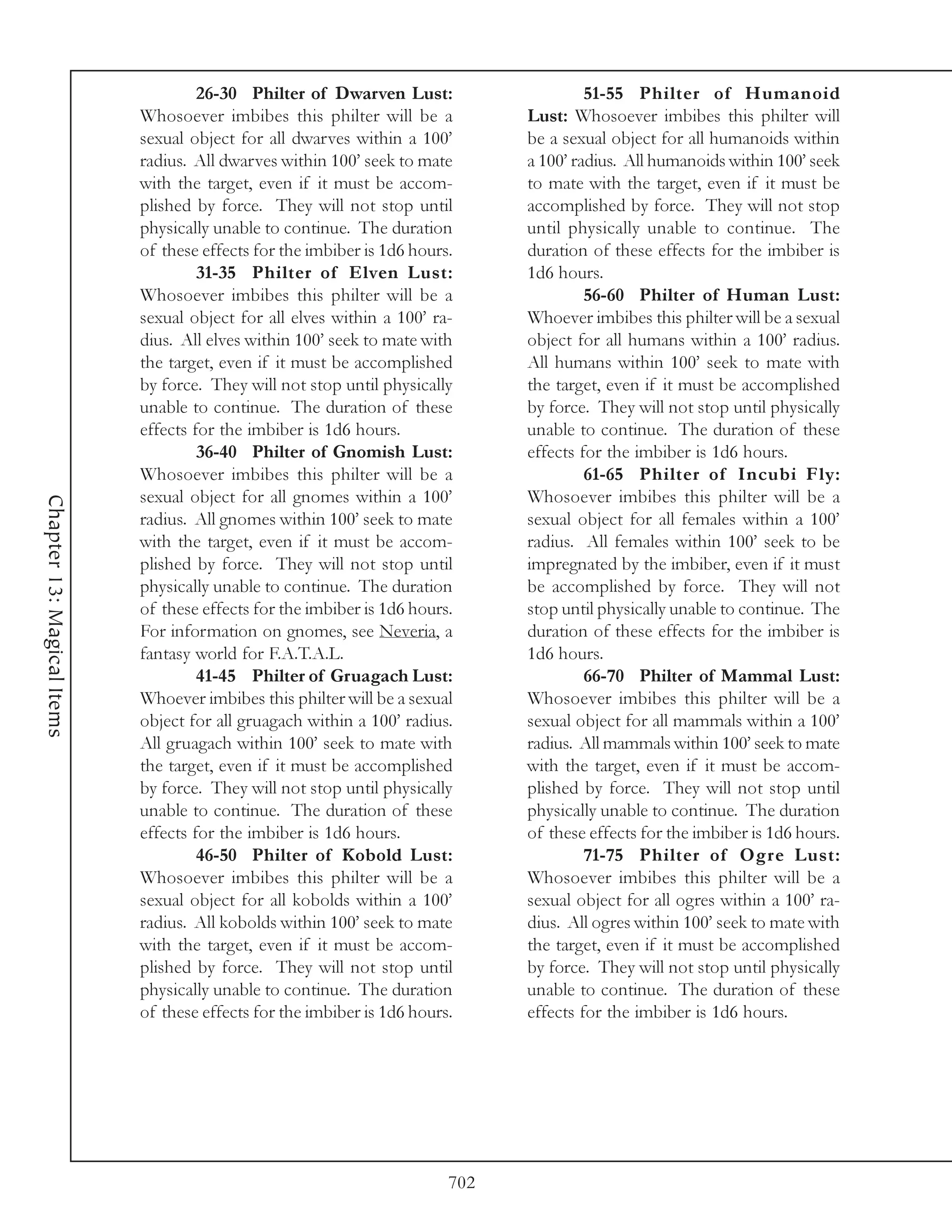 26-30 Philter of Dwarven Lust:                     51-55 Philter of Humanoid
                            Whosoever imbibes this philter will be a           Lust: Whosoever imbibes this philter will
                            sexual object for all dwarves within a 100’        be a sexual object for all humanoids within
                            radius. All dwarves within 100’ seek to mate       a 100’ radius. All humanoids within 100’ seek
                            with the target, even if it must be accom-         to mate with the target, even if it must be
                            plished by force. They will not stop until         accomplished by force. They will not stop
                            physically unable to continue. The duration        until physically unable to continue. The
                            of these effects for the imbiber is 1d6 hours.     duration of these effects for the imbiber is
                                     31-35 Philter of Elven Lust:              1d6 hours.
                            Whosoever imbibes this philter will be a                    56-60 Philter of Human Lust:
                            sexual object for all elves within a 100’ ra-      Whoever imbibes this philter will be a sexual
                            dius. All elves within 100’ seek to mate with      object for all humans within a 100’ radius.
                            the target, even if it must be accomplished        All humans within 100’ seek to mate with
                            by force. They will not stop until physically      the target, even if it must be accomplished
                            unable to continue. The duration of these          by force. They will not stop until physically
                            effects for the imbiber is 1d6 hours.              unable to continue. The duration of these
                                     36-40 Philter of Gnomish Lust:            effects for the imbiber is 1d6 hours.
                            Whosoever imbibes this philter will be a                    61-65 Philter of Incubi Fly:
                            sexual object for all gnomes within a 100’         Whosoever imbibes this philter will be a
Chapter 13: Magical Items




                            radius. All gnomes within 100’ seek to mate        sexual object for all females within a 100’
                            with the target, even if it must be accom-         radius. All females within 100’ seek to be
                            plished by force. They will not stop until         impregnated by the imbiber, even if it must
                            physically unable to continue. The duration        be accomplished by force. They will not
                            of these effects for the imbiber is 1d6 hours.     stop until physically unable to continue. The
                            For information on gnomes, see Neveria, a          duration of these effects for the imbiber is
                            fantasy world for F.A.T.A.L.                       1d6 hours.
                                     41-45 Philter of Gruagach Lust:                    66-70 Philter of Mammal Lust:
                            Whoever imbibes this philter will be a sexual      Whosoever imbibes this philter will be a
                            object for all gruagach within a 100’ radius.      sexual object for all mammals within a 100’
                            All gruagach within 100’ seek to mate with         radius. All mammals within 100’ seek to mate
                            the target, even if it must be accomplished        with the target, even if it must be accom-
                            by force. They will not stop until physically      plished by force. They will not stop until
                            unable to continue. The duration of these          physically unable to continue. The duration
                            effects for the imbiber is 1d6 hours.              of these effects for the imbiber is 1d6 hours.
                                     46-50 Philter of Kobold Lust:                      71-75 Philter of Ogre Lust:
                            Whosoever imbibes this philter will be a           Whosoever imbibes this philter will be a
                            sexual object for all kobolds within a 100’        sexual object for all ogres within a 100’ ra-
                            radius. All kobolds within 100’ seek to mate       dius. All ogres within 100’ seek to mate with
                            with the target, even if it must be accom-         the target, even if it must be accomplished
                            plished by force. They will not stop until         by force. They will not stop until physically
                            physically unable to continue. The duration        unable to continue. The duration of these
                            of these effects for the imbiber is 1d6 hours.     effects for the imbiber is 1d6 hours.




                                                                         702
 