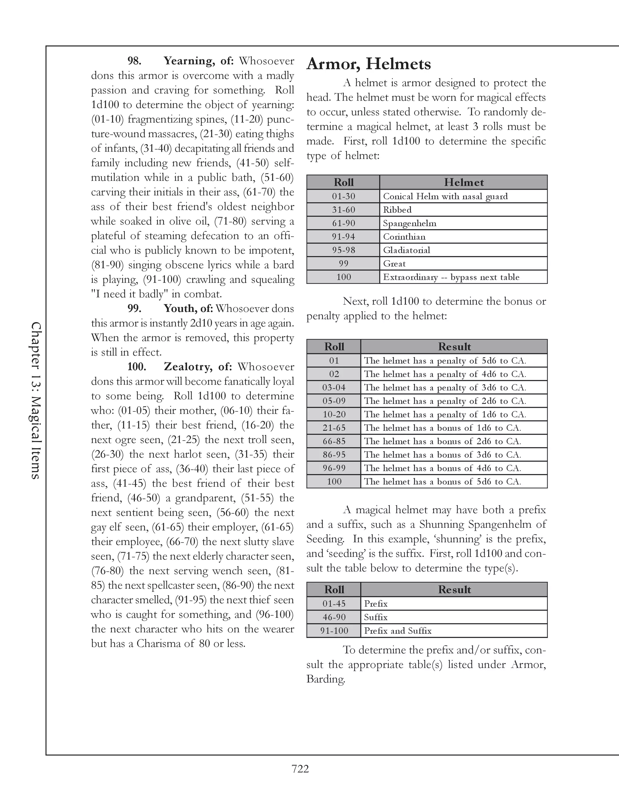 98.      Yearning, of: Whosoever        Armor, Helmets
                            dons this armor is overcome with a madly
                                                                                      A helmet is armor designed to protect the
                            passion and craving for something. Roll
                                                                               head. The helmet must be worn for magical effects
                            1d100 to determine the object of yearning:
                                                                               to occur, unless stated otherwise. To randomly de-
                            (01-10) fragmentizing spines, (11-20) punc-
                                                                               termine a magical helmet, at least 3 rolls must be
                            ture-wound massacres, (21-30) eating thighs
                                                                               made. First, roll 1d100 to determine the specific
                            of infants, (31-40) decapitating all friends and
                                                                               type of helmet:
                            family including new friends, (41-50) self-
                            mutilation while in a public bath, (51-60)                Roll                                     He lm e t
                            carving their initials in their ass, (61-70) the          0 1 -3 0         Coni c a l He l m wi th na sa l gua rd
                            ass of their best friend's oldest neighbor                3 1 -6 0         Ri bbe d
                            while soaked in olive oil, (71-80) serving a              6 1 -9 0         Spa nge nhe l m
                            plateful of steaming defecation to an offi-               9 1 -9 4         Cori nthi a n
                            cial who is publicly known to be impotent,                9 5 -9 8         Gl a di a tori a l
                            (81-90) singing obscene lyrics while a bard                 99             Gre a t
                            is playing, (91-100) crawling and squealing                100             E xtra ordi na ry -- by pa ss ne xt ta bl e
                            "I need it badly" in combat.
                                                                                       Next, roll 1d100 to determine the bonus or
                                       99.      Youth, of: Whosoever dons
                                                                               penalty applied to the helmet:
                            this armor is instantly 2d10 years in age again.
Chapter 13: Magical Items




                            When the armor is removed, this property
                            is still in effect.                                    Roll                                       Re s ult
                                                                                    01           The   he l me t   ha s   a   pe na l ty of 5 d6 to CA.
                                       100. Zealotry, of: Whosoever
                                                                                    02           The   he l me t   ha s   a   pe na l ty of 4 d6 to CA.
                            dons this armor will become fanatically loyal         0 3 -0 4       The   he l me t   ha s   a   pe na l ty of 3 d6 to CA.
                            to some being. Roll 1d100 to determine                0 5 -0 9       The   he l me t   ha s   a   pe na l ty of 2 d6 to CA.
                            who: (01-05) their mother, (06-10) their fa-          1 0 -2 0       The   he l me t   ha s   a   pe na l ty of 1 d6 to CA.
                            ther, (11-15) their best friend, (16-20) the          2 1 -6 5       The   he l me t   ha s   a   bonus of 1 d6 to CA.
                            next ogre seen, (21-25) the next troll seen,          6 6 -8 5       The   he l me t   ha s   a   bonus of 2 d6 to CA.
                            (26-30) the next harlot seen, (31-35) their           8 6 -9 5       The   he l me t   ha s   a   bonus of 3 d6 to CA.
                            first piece of ass, (36-40) their last piece of       9 6 -9 9       The   he l me t   ha s   a   bonus of 4 d6 to CA.
                            ass, (41-45) the best friend of their best             100           The   he l me t   ha s   a   bonus of 5 d6 to CA.
                            friend, (46-50) a grandparent, (51-55) the
                            next sentient being seen, (56-60) the next                  A magical helmet may have both a prefix
                            gay elf seen, (61-65) their employer, (61-65)      and a suffix, such as a Shunning Spangenhelm of
                            their employee, (66-70) the next slutty slave      Seeding. In this example, ‘shunning’ is the prefix,
                            seen, (71-75) the next elderly character seen,     and ‘seeding’ is the suffix. First, roll 1d100 and con-
                            (76-80) the next serving wench seen, (81-          sult the table below to determine the type(s).
                            85) the next spellcaster seen, (86-90) the next        Roll                                       Re s ult
                            character smelled, (91-95) the next thief seen         0 1 -4 5      Pre fi x
                            who is caught for something, and (96-100)              4 6 -9 0      Suffi x
                            the next character who hits on the wearer             9 1 -1 0 0     Pre fi x a nd Suffi x
                            but has a Charisma of 80 or less.
                                                                                       To determine the prefix and/or suffix, con-
                                                                               sult the appropriate table(s) listed under Armor,
                                                                               Barding.




                                                                           722
 