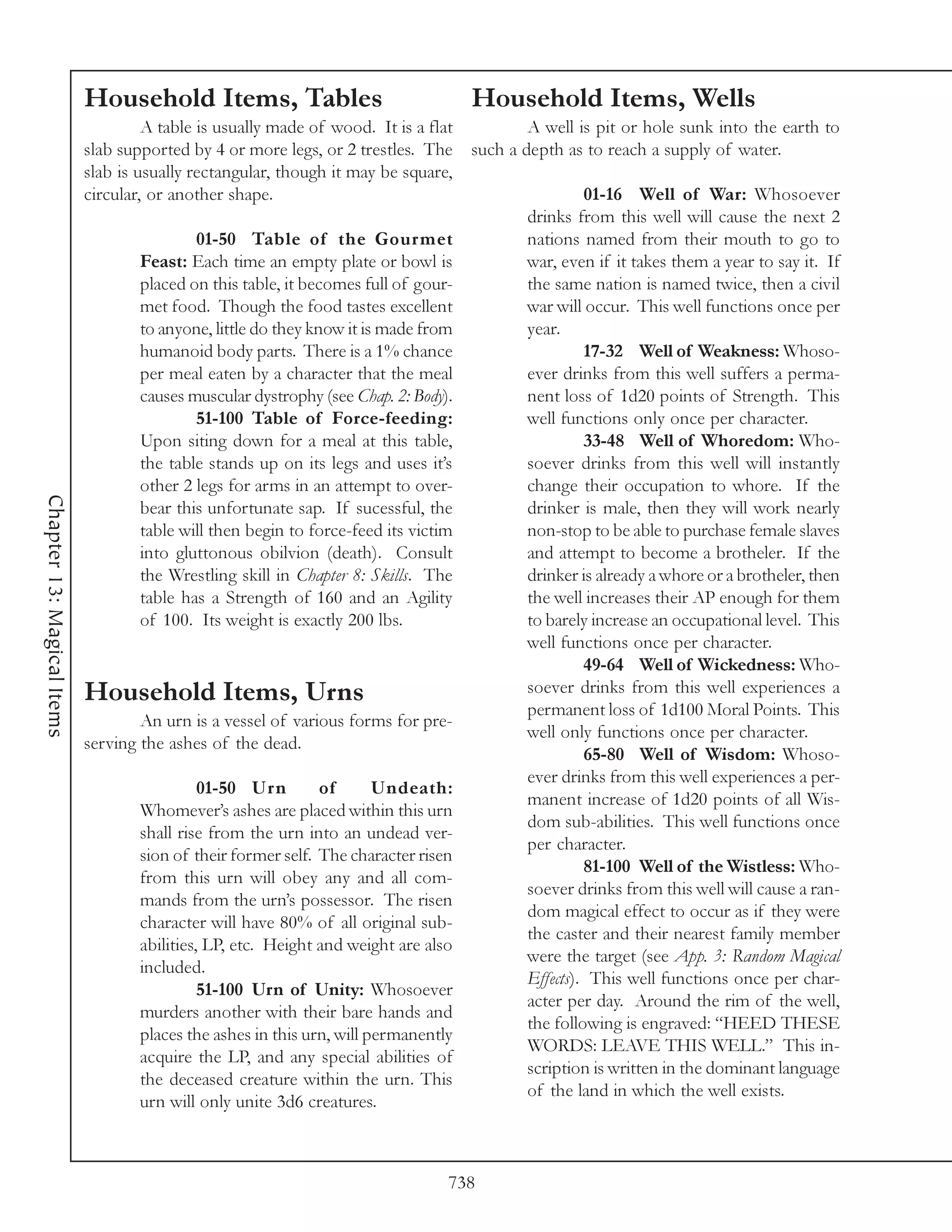 Household Items, Tables                                Household Items, Wells
                                     A table is usually made of wood. It is a flat       A well is pit or hole sunk into the earth to
                            slab supported by 4 or more legs, or 2 trestles. The such a depth as to reach a supply of water.
                            slab is usually rectangular, though it may be square,
                            circular, or another shape.                                           01-16 Well of War: Whosoever
                                                                                         drinks from this well will cause the next 2
                                               01-50 Table of the Gour met               nations named from their mouth to go to
                                     Feast: Each time an empty plate or bowl is          war, even if it takes them a year to say it. If
                                     placed on this table, it becomes full of gour-      the same nation is named twice, then a civil
                                     met food. Though the food tastes excellent          war will occur. This well functions once per
                                     to anyone, little do they know it is made from      year.
                                     humanoid body parts. There is a 1% chance                    17-32 Well of Weakness: Whoso-
                                     per meal eaten by a character that the meal         ever drinks from this well suffers a perma-
                                     causes muscular dystrophy (see Chap. 2: Body).      nent loss of 1d20 points of Strength. This
                                               51-100 Table of Force-feeding:            well functions only once per character.
                                     Upon siting down for a meal at this table,                   33-48 Well of Whoredom: Who-
                                     the table stands up on its legs and uses it’s       soever drinks from this well will instantly
                                     other 2 legs for arms in an attempt to over-        change their occupation to whore. If the
Chapter 13: Magical Items




                                     bear this unfortunate sap. If sucessful, the        drinker is male, then they will work nearly
                                     table will then begin to force-feed its victim      non-stop to be able to purchase female slaves
                                     into gluttonous obilvion (death). Consult           and attempt to become a brotheler. If the
                                     the Wrestling skill in Chapter 8: Skills. The       drinker is already a whore or a brotheler, then
                                     table has a Strength of 160 and an Agility          the well increases their AP enough for them
                                     of 100. Its weight is exactly 200 lbs.              to barely increase an occupational level. This
                                                                                         well functions once per character.
                                                                                                  49-64 Well of Wickedness: Who-
                            Household Items, Urns                                        soever drinks from this well experiences a
                                                                                         permanent loss of 1d100 Moral Points. This
                                     An urn is a vessel of various forms for pre-
                                                                                         well only functions once per character.
                            serving the ashes of the dead.
                                                                                                  65-80 Well of Wisdom: Whoso-
                                                                                         ever drinks from this well experiences a per-
                                               01-50 Urn         of      Undeath:
                                                                                         manent increase of 1d20 points of all Wis-
                                     Whomever’s ashes are placed within this urn
                                                                                         dom sub-abilities. This well functions once
                                     shall rise from the urn into an undead ver-
                                                                                         per character.
                                     sion of their former self. The character risen
                                                                                                  81-100 Well of the Wistless: Who-
                                     from this urn will obey any and all com-
                                                                                         soever drinks from this well will cause a ran-
                                     mands from the urn’s possessor. The risen
                                                                                         dom magical effect to occur as if they were
                                     character will have 80% of all original sub-
                                                                                         the caster and their nearest family member
                                     abilities, LP, etc. Height and weight are also
                                                                                         were the target (see App. 3: Random Magical
                                     included.
                                                                                         Effects). This well functions once per char-
                                               51-100 Urn of Unity: Whosoever
                                                                                         acter per day. Around the rim of the well,
                                     murders another with their bare hands and
                                                                                         the following is engraved: “HEED THESE
                                     places the ashes in this urn, will permanently
                                                                                         WORDS: LEAVE THIS WELL.” This in-
                                     acquire the LP, and any special abilities of
                                                                                         scription is written in the dominant language
                                     the deceased creature within the urn. This
                                                                                         of the land in which the well exists.
                                     urn will only unite 3d6 creatures.



                                                                                738
 