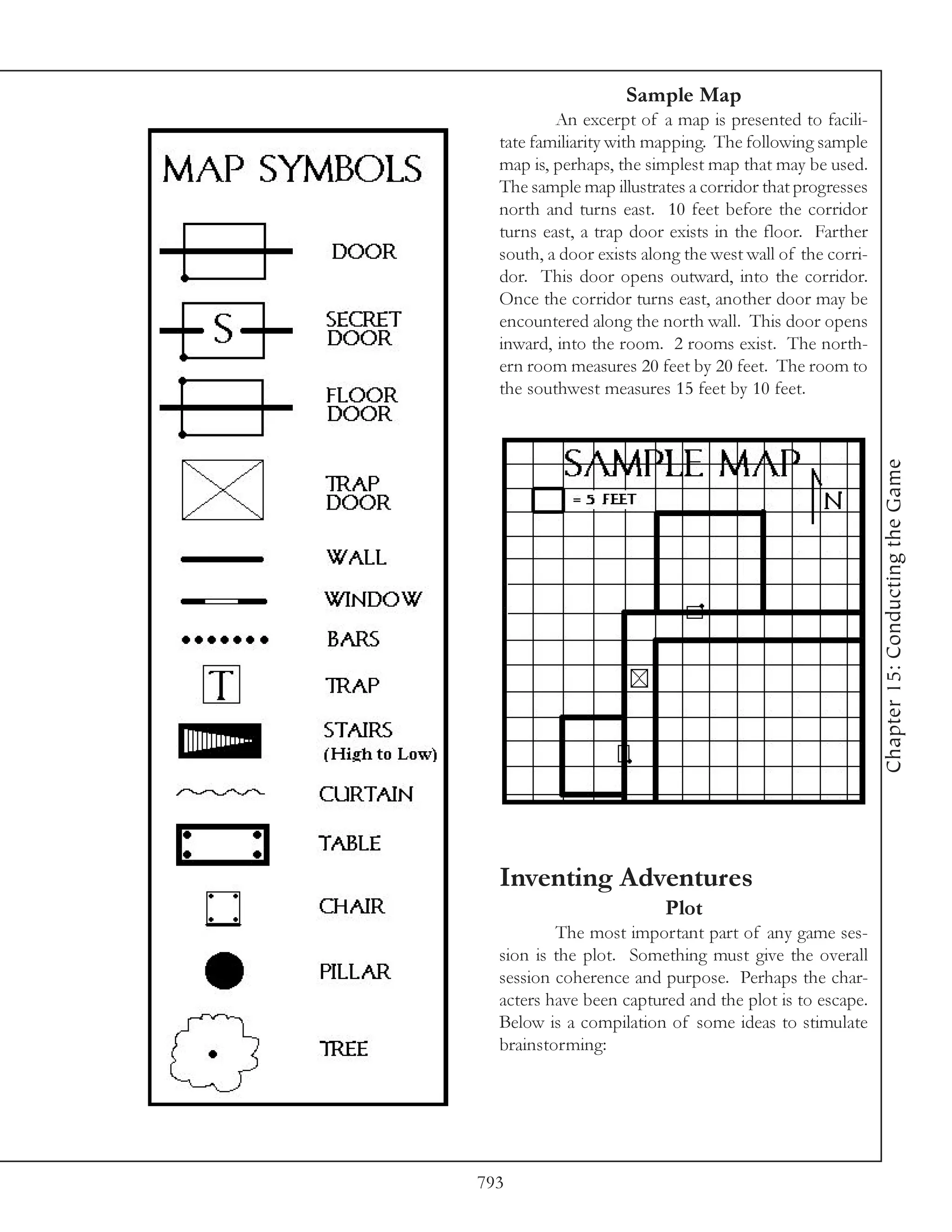 Sample Map
          An excerpt of a map is presented to facili-
  tate familiarity with mapping. The following sample
  map is, perhaps, the simplest map that may be used.
  The sample map illustrates a corridor that progresses
  north and turns east. 10 feet before the corridor
  turns east, a trap door exists in the floor. Farther
  south, a door exists along the west wall of the corri-
  dor. This door opens outward, into the corridor.
  Once the corridor turns east, another door may be
  encountered along the north wall. This door opens
  inward, into the room. 2 rooms exist. The north-
  ern room measures 20 feet by 20 feet. The room to
  the southwest measures 15 feet by 10 feet.




                                                           Chapter 15: Conducting the Game
  Inventing Adventures
                          Plot
          The most important part of any game ses-
  sion is the plot. Something must give the overall
  session coherence and purpose. Perhaps the char-
  acters have been captured and the plot is to escape.
  Below is a compilation of some ideas to stimulate
  brainstorming:




793
 