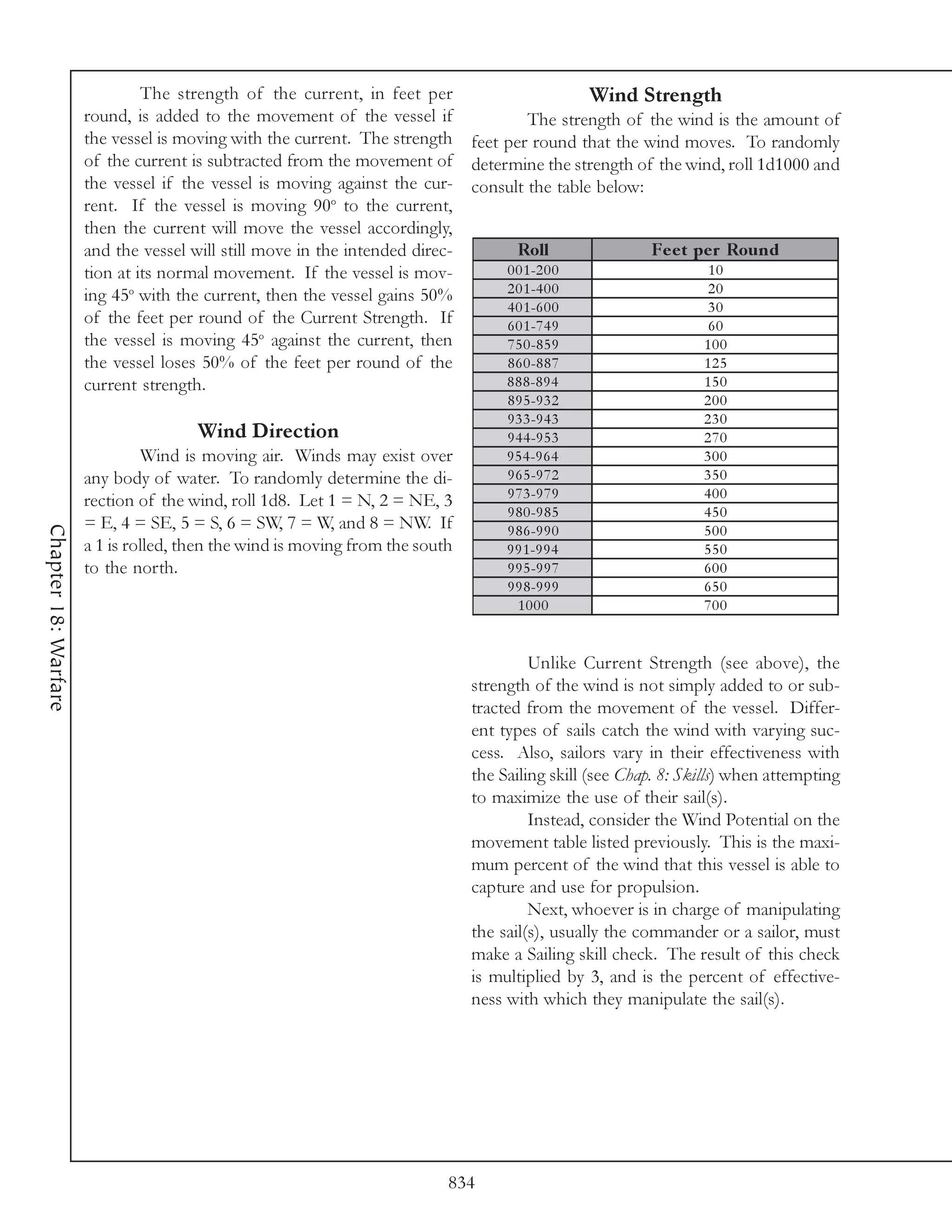The strength of the current, in feet per                     Wind Strength
                      round, is added to the movement of the vessel if              The strength of the wind is the amount of
                      the vessel is moving with the current. The strength feet per round that the wind moves. To randomly
                      of the current is subtracted from the movement of determine the strength of the wind, roll 1d1000 and
                      the vessel if the vessel is moving against the cur- consult the table below:
                      rent. If the vessel is moving 90o to the current,
                      then the current will move the vessel accordingly,
                      and the vessel will still move in the intended direc-      Roll               Fe e t pe r Round
                      tion at its normal movement. If the vessel is mov-       0 0 1 -2 0 0                  10
                             o
                      ing 45 with the current, then the vessel gains 50%       2 0 1 -4 0 0                  20
                                                                               4 0 1 -6 0 0                  30
                      of the feet per round of the Current Strength. If        6 0 1 -7 4 9                  60
                      the vessel is moving 45o against the current, then       7 5 0 -8 5 9                 100
                      the vessel loses 50% of the feet per round of the        8 6 0 -8 8 7                 125
                      current strength.                                        8 8 8 -8 9 4                 150
                                                                                   8 9 5 -9 3 2                 200
                                                                                   9 3 3 -9 4 3                 230
                                      Wind Direction                               9 4 4 -9 5 3                 270
                               Wind is moving air. Winds may exist over            9 5 4 -9 6 4                 300
                      any body of water. To randomly determine the di-             9 6 5 -9 7 2                 350
                      rection of the wind, roll 1d8. Let 1 = N, 2 = NE, 3          9 7 3 -9 7 9                 400
                                                                                   9 8 0 -9 8 5                 450
                      = E, 4 = SE, 5 = S, 6 = SW, 7 = W, and 8 = NW. If
Chapter 18: Warfare




                                                                                   9 8 6 -9 9 0                 500
                      a 1 is rolled, then the wind is moving from the south        9 9 1 -9 9 4                 550
                      to the north.                                                9 9 5 -9 9 7                 600
                                                                                   9 9 8 -9 9 9                 650
                                                                                     1000                       700


                                                                                       Unlike Current Strength (see above), the
                                                                              strength of the wind is not simply added to or sub-
                                                                              tracted from the movement of the vessel. Differ-
                                                                              ent types of sails catch the wind with varying suc-
                                                                              cess. Also, sailors vary in their effectiveness with
                                                                              the Sailing skill (see Chap. 8: Skills) when attempting
                                                                              to maximize the use of their sail(s).
                                                                                       Instead, consider the Wind Potential on the
                                                                              movement table listed previously. This is the maxi-
                                                                              mum percent of the wind that this vessel is able to
                                                                              capture and use for propulsion.
                                                                                       Next, whoever is in charge of manipulating
                                                                              the sail(s), usually the commander or a sailor, must
                                                                              make a Sailing skill check. The result of this check
                                                                              is multiplied by 3, and is the percent of effective-
                                                                              ness with which they manipulate the sail(s).




                                                                          834
 