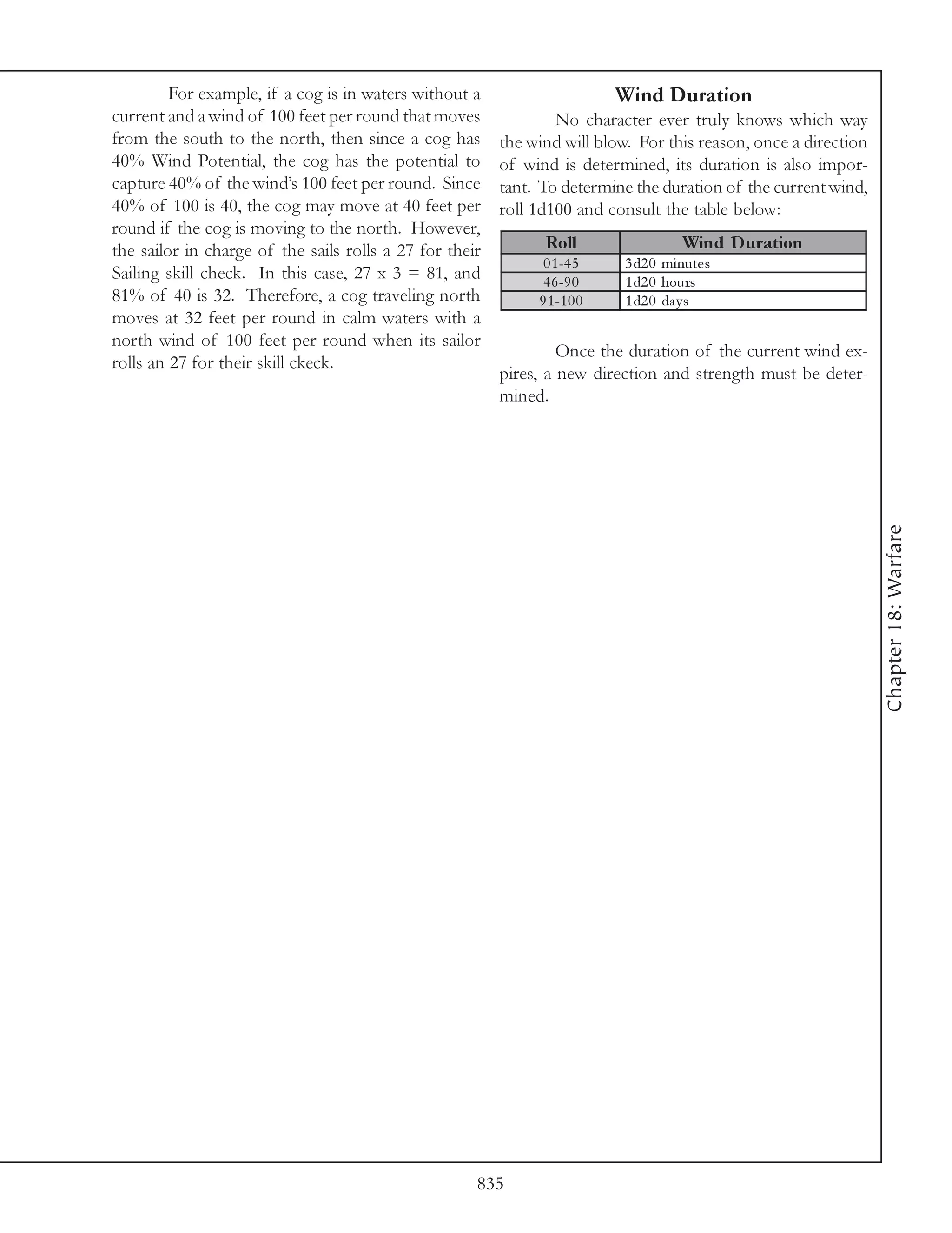 For example, if a cog is in waters without a                      Wind Duration
current and a wind of 100 feet per round that moves              No character ever truly knows which way
from the south to the north, then since a cog has        the wind will blow. For this reason, once a direction
40% Wind Potential, the cog has the potential to         of wind is determined, its duration is also impor-
capture 40% of the wind’s 100 feet per round. Since      tant. To determine the duration of the current wind,
40% of 100 is 40, the cog may move at 40 feet per        roll 1d100 and consult the table below:
round if the cog is moving to the north. However,
the sailor in charge of the sails rolls a 27 for their         Roll                  Wind D uration
                                                               0 1 -4 5    3 d2 0 mi nute s
Sailing skill check. In this case, 27 x 3 = 81, and            4 6 -9 0    1 d2 0 hours
81% of 40 is 32. Therefore, a cog traveling north             9 1 -1 0 0   1 d2 0 da y s
moves at 32 feet per round in calm waters with a
north wind of 100 feet per round when its sailor
                                                                  Once the duration of the current wind ex-
rolls an 27 for their skill ckeck.
                                                         pires, a new direction and strength must be deter-
                                                         mined.




                                                                                                                 Chapter 18: Warfare




                                                     835
 