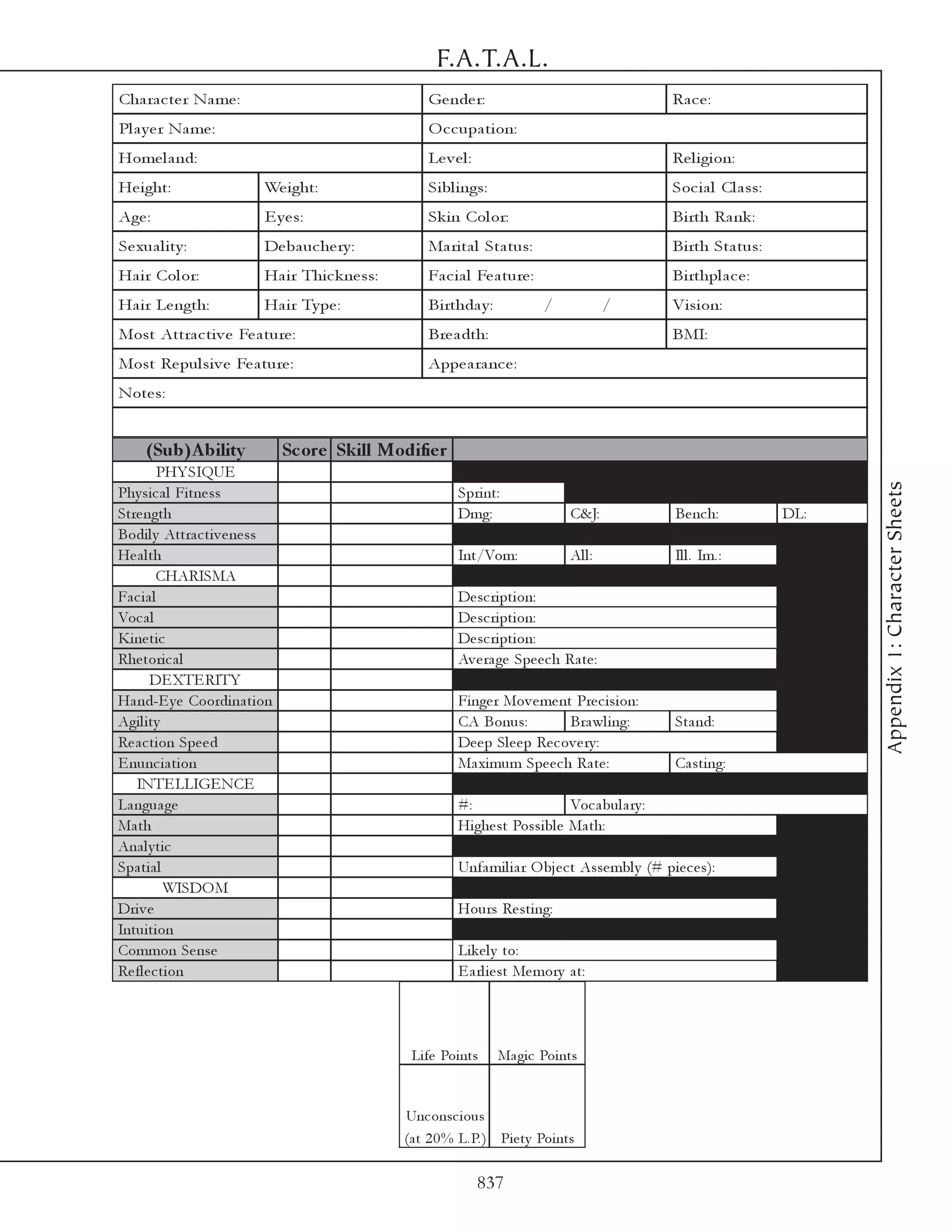 F.A.T.A.L.
Cha ra c te r Na me :                                  Ge nde r:                                         Ra c e :
Pl a y e r Na me :                                     O c c upa ti on:
Home l a nd:                                           Le v e l :                                        Re l i gi on:
He i ght:                  We i ght:                   Si bl i ngs:                                      Soc i a l Cl a ss:
Age :                      E y e s:                    Sk i n Col or:                                    Bi rth Ra nk :
Se xua l i ty :            De ba uc he ry :            Ma ri ta l Sta tus:                               Bi rth Sta tus:
Ha i r Col or:             Ha i r Thi c k ne ss:       Fa c i a l Fe a ture :                            Bi rthpl a c e :
Ha i r Le ngth:            Ha i r Ty pe :              Bi rthda y :             /            /           Vi si on:
Most Attra c ti v e Fe a ture :                        Bre a dth:                                        BMI:
Most Re pul si v e Fe a ture :                         Appe a ra nc e :
Note s:


     (Sub)A bility              Sc ore Skill Modifie r
           PHY SIQUE




                                                                                                                                    Appendix 1: Character Sheets
Phy si c a l Fi tne ss                                       Spri nt:
Stre ngth                                                    Dmg:                   C&J:                 Be nc h:             DL:
Bodi l y Attra c ti v e ne ss
He a l th                                                    Int/Vom:               Al l :               Il l . Im. :
          CHARISMA
Fa c i a l                                                   De sc ri pti on:
Voc a l                                                      De sc ri pti on:
Ki ne ti c                                                   De sc ri pti on:
Rhe tori c a l                                               Av e ra ge Spe e c h Ra te :
        DE XTE RITY
Ha nd-E y e Coordi na ti on                                  Fi nge r Mov e me nt Pre c i si on:
Agi l i ty                                                   CA Bonus:             Bra wl i ng:          Sta nd:
Re a c ti on Spe e d                                         De e p Sl e e p Re c ov e ry :
E nunc i a ti on                                             Ma xi mum Spe e c h Ra te :                 Ca sti ng:
   INTE LLIGE NCE
La ngua ge                                                   #:                   Voc a bul a ry :
Ma th                                                        Hi ghe st Possi bl e Ma th:
Ana l y ti c
Spa ti a l                                                   Unfa mi l i a r O bj e c t Asse mbl y (# pi e c e s):
            WISDO M
Dri v e                                                      Hours Re sti ng:
Intui ti on
Common Se nse                                                Li k e l y to:
Re fl e c ti on                                              E a rl i e st Me mory a t:




                                                    Li fe Poi nts     Ma gi c Poi nts


                                                   Unc onsc i ous
                                                   (a t 2 0 % L. P. ) Pi e ty Poi nts

                                                                    837
 